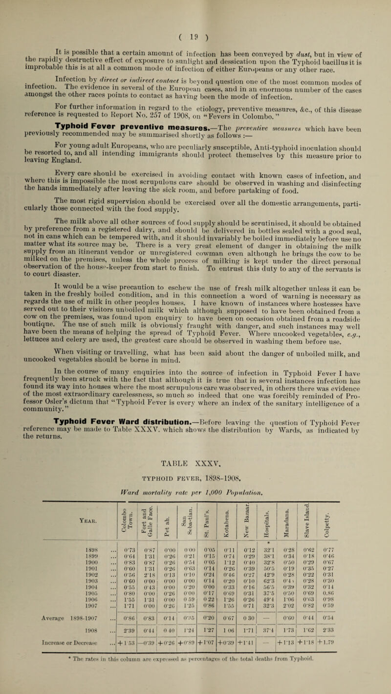 It is possible that a certain amount of infection has been conveyed by dust, but in view of the rapidly destructive effect of exposure to sunlight and dessication upon the Typhoid bacillus it is improbable this is at all a common mode of infection of either Europeans or any other race. . . Infection by direct or indirect contact is beyond question one of the most common modes of infection. I he evidence in several of the European cases, and in an enormous number of the cases amongst the other races points to contact as having been the mode of infection. For further information in regard to the reference is requested to Report No. 257 of 1908, etiology, preventive measures, &c., of this disease on “ Fevers in Colombo. ” Fever preventive measures*—The preventive ‘Measures which have been previously recommended may be summarised shortly as follows :— i , *\01’ y°un,S ^u.lfc Europeans, who are peculiarly susceptible, Anti-typhoid inoculation should ie resorted to, and all intending immigrants should protect themselves by this measure prior to leaving England. F . ,, Every care should be exercised in avoiding contact with known cases of infection, and where this is impossible the most scrupulous care should be observed in washing and disinfecting he hands immediately after leaving the sick room, and before partaking of food. The most rigid supervision should be exercised over all the domestic arrangements, parti¬ cularly those connected with the food supply. The milk above all other sources of food supply should be scrutinised, it should be obtained by preference from a registered dairy, and should be delivered in bottles sealed with a good seal, not in cans which can be tempered with, and it should invariably be boiled immediately before use no matter what its source may be. There is a very great element of danger in obtaining the milk supply from an itinerant vendor or unregistered cowman even although he brings the cow to be milked on the premises, unless the whole process of milking is kept under the direct personal observation of the house-keeper from start to finish. To entrust this duty to any of the servants is to court disaster. . ^ would be a wise precaution to eschew the use of fresh milk altogether unless it can be taken in the freshly boiled condition, and in this connection a word of warning is necessary as regards the use of milk in other peoples houses. I have known of instances where hostesses have served out to their visitors unboiled milk which although supposed to have been obtained from a cow on the premises, was lound upon enquiry to have been on occasion obtained from a roadside boutique. The use of such milk is obviously fraught with danger, and such instances may well have been the means of helping the spread of Typhoid Fever. Where uncooked vegetables, e.q., lettuces and celery are used, the greatest care should be observed in washing them before use. When visiting or travelling, what has been said about the danger of unboiled milk, and uncooked vegetables should be borne in mind. In the course of many enquiries into the source of infection in Typhoid Fever I have frequently been struck with the fact that although it is true that in several instances infection has found its way into houses where the most scrupulous care was observed, in others there was evidence of the most extraordinary carelessness, so much so indeed that one was forcibly reminded of Pro¬ fessor Osiers dictum that “Typhoid Fever is every where an index of the sanitary intelligence of a community.” Typhoid Fever Ward distribution.—Before leaving the question of Typhoid Fever reference may be made to Table XXXV. which shows the distribution by Wards, as indicated by the returns. TABLE XXXV, TYPHOID FEVER, 1898-1908. fVard mortality rate per 1,000 Population. Yeah. o X! A a s ° o o EH O Fort and Galle Face. Pet ah. c .2 s *-£ c3 • CO J GO St. Paul’s. Kotahena. New Bazaar. ail 13 *3< <» o W Maradana. Slave Island. Colpetty. 181)8 073 0*87 O'OO 000 0*06 O'll 0-12 # 32*1 0‘28 0*62 0-77 189t) 0*64 1*31 0*26 0-21 0-15 0'74 0*29 38-1 0*34 0-18 0*4(5 1900 0*83 0'87 0*2<» 0*54 0*06 P12 0*40 32*8 0*60 0*29 0-67 1901 0*60 1*31 0*2(5 0*63 (i'14 0‘26 0'39 50-5 0-19 0*35 0-27 1902 0*66 2*18 0'13 0*10 11-21 0*4(5 0-27 42'9 0’28 0*22 031 1903 0'60 0‘00 (V00 O'OO 0*14 0*20 0*10 62-3 0*4 i 0-28 0'30 1904 0'5 5 0‘43 O'OO 0*20 0-00 0'33 0-16 66*6 0-39 0-32 0*14 1905 0‘80 O'OO 0-2(5 000 0-17 0’69 0*31 375 0*50 0'69 0.8(5 1900 1'55 1*31 O’OO 0 59 0 22 1*26 0'26 494 1*0(5 0-153 0-98 1907 171 O'OO 0’2G P25 0'86 1*55 0*71 32-3 2-02 0-82 059 Average 1898-1907 0*80 0-83 (V14 0*36 0'20 0'67 0 30 — O’OO 0-44 0-54 1908 2*39 0-44 0 40 1*24 1 '27 1 06 P71 374 173 1T2 233 Increase or Decrease -P l 53 —0-39 + 0*26 4-11-89 4-1’07 +0-39 4-P41 | +1*13 4-P18 + 1.79