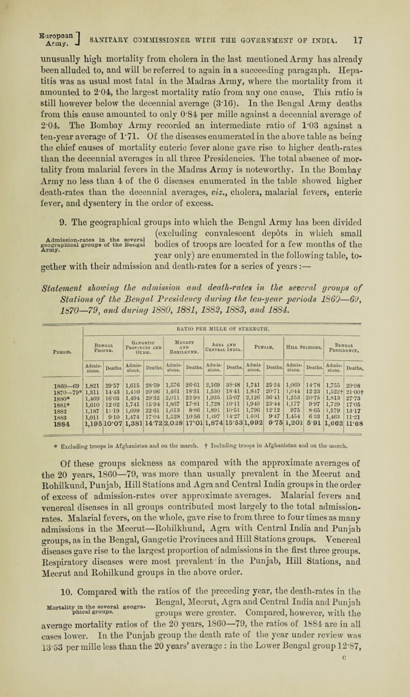 unusually high mortality from cholera in the last mentioned Army lias already been alluded to, and will be referred to again in a succeeding paragraph. Hepa¬ titis was as usual most fatal in the Madras Army, where the mortality from it amounted to 2-04, the largest mortality ratio from any one cause. This ratio is still however below the decennial average (3T6). In the Bengal Army deaths from this cause amounted to only O'81 per mille against a decennial average of 2'01. The Bombay Army recorded an intermediate ratio of 1*03 against a ten-year average of 1*71. Of the diseases enumerated in the above table as being the chief causes of mortality enteric fever alone gave rise to higher death-rates than the decennial averages in all three Presidencies. The total absence of mor¬ tality from malarial fevers in the Madras Army is noteworthy. In the Bombay Army no less than 4 of the 6 diseases enumerated in the table showed higher death-rates than the decennial averages, viz., cholera, malarial fevers, enteric fever, and dysentery in the order of excess. 9. The geographical groups into which the Bengal Army has been divided (excluding convalescent depots in which small Admission-rates in the several , P p n pi t geographical groups of the Bengal bodies ot troops are located tor a tew months of the year only) are enumerated in the following table, to¬ gether with their admission and death-rates for a series of years :—■ Statement showing the admission and death-rates in the several groups of Stations of the Bengal Presidency during the ten-year periods I860—69, 1870—79, and during 1880, 1881, 1882, 1883, and 1884. RATIO PER MILLE OF STRENGTH. Period. Bengal Proper. Gangetic Provinces and Oudh. Meerut AND Rohilkund. Agra and Central India. Punjab. Hill Stations, Bengal Presidency, Admis¬ sions. Deaths. Admis¬ sions. Deaths, Admis¬ sions. Deaths. Admis¬ sions. Deaths, Admis sions. Deaths, Admis¬ sions. Deaths, Admis¬ sions. Deaths, 1860—69 1,821 29-57 1,615 28-59 1,576 26-61 2,169 38-48 1,741 25-24 1,069 14-78 1,755 29-98 1870—79* 1,311 14-43 1,410 2006 1,461 18-31 1,530 18-41 1,817 20-71 1,044 12-23 1,522 f 21-OOf 1880* 1,469 1603 1,494 2932 2,011 22-98 1,935 15-07 2,126 36-41 1,253 20-75 1,813 2773 1881* 1,610 12 02 1,741 15-94 1,867 17-81 1,728 10-11 1,949 23-44 1,177 9-97 1,729 17-05 1882 1,187 11-19 1,699 2261 1,613 8-86 1,891 10-51 1,796 12-12 975 8-65 1,579 13-17 1883 1,011 910 1,474 17-04 1,528 10-56 1,497 14-27 1,601 9-47 1,454 6 33 1,463 11-21 1884 1,195 10-07 1,381 14-72 2,028 17‘01 1,874 15-53 1,992 975 1,201 5 91 1,662 11-68 * Excluding troops in Afghanistan and on the march, f Including troops in Afghanistan and on the march. Of these groups sickness as compared with the approximate averages of the 20 years, 1860—79, was more than usually prevalent in the Meerut and Rohilkund, Punjab, Hill Stations and Agra and Central India groups in the order of excess of admission-rates over approximate averages. Malarial fevers and venereal diseases in all groups contributed most largely to the total admission- rates. Malarial fevers, on the whole, gave rise to from three to four times as many admissions in the Meerut—Bohilkliund, Agra with Central India and Punjab groups, as in the Bengal, Gangetic Provinces and Hill Stations groups. Venereal diseases gave rise to the largest proportion of admissions in the first three groups. Respiratory diseases were most prevalent in the Punjab, Hill Stations, and Meerut and Rohilkund groups in the above order. 10. Compared with the ratios of the preceding year, the death-rates in the , Bengal, Meerut, Agra and Central India and Punjab Mortality in the several geogra- ° u phicai groups. groups were greater. Compared, however, with the average mortality ratios of the 20 years, 1860—79, the ratios of 1884 are in all cases lower. In the Punjab group the death rate of the year under review was 13-53 per mille less than the 20 years’ average : in the Lower Bengal group 12-87,