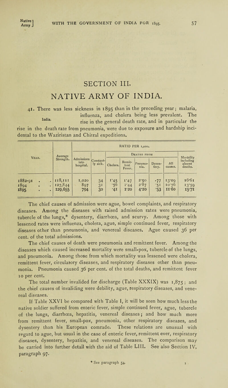 Army J WITH THE GOVERNMENT OF INDIA FOR 1895. 57 SECTION III. NATIVE ARMY OF INDIA. 41. There was less sickness in 1895 than in the preceding year; malaria, influenza, and cholera being less prevalent. The rise in the general death rate, and in particular the rise in the death rate from pneumonia, were due to exposure and hardship inci¬ dental to the Waziristan and Chitral expeditions. Year. Average Strength. RATIO PER i,ooo. Admissions into hospital. Constant¬ ly sick. Deaths from Mortality including absent deaths. Cholera. Remit¬ tent Fever. Pneumo¬ nia. Dysen¬ tery. All causes. 1882-91 I l8,I 11 1,020 34 i'45 i'47 2’go •77 I3'°9 i6’6i 1894 127,844 897 31 '56 1-44 2*87 •51 io‘76 I3‘59 1295 129^55 794 30 •41 1-20 4*20 '53 1160 1571 The chief causes of admission were ague, bowel complaints, and respiratory diseases. Among the diseases with raised admission rates were pneumonia, tubercle of the lungs,* dysentery, diarrhoea, and scurvy. Among those with lessened rates were influenza, cholera, ague, simple continued fever, respiratory diseases other than pneumonia, and venereal diseases. Ague caused 36 per cent, of the total admissions. The chief causes of death were pneumonia and remittent fever. Among the diseases which caused increased mortality were small-pox, tubercle of the lungs, and pneumonia. Among those from which mortality was lessened were cholera, remittent fever, circulatory diseases, and respiratory diseases other than pneu¬ monia. Pneumonia caused 36 per cent, of the total deaths, and remittent fever 10 per cent. The total number invalided for discharge (Table XXXIX) was 1,875 >' and the chief causes of invaliding were debility, ague, respiratory diseases, and vene¬ real diseases. If Table XXVI be compared with Table I, it will be seen how much less the native soldier suffered from enteric fever, simple continued fever, ague, tubercle of the lungs, diarrhoea, hepatitis, venereal diseases; and how much more from remittent fever, small-pox, pneumonia, other respiratory diseases, and dysentery than his European comrade. These relations are unusual with regard to ague, but usual in the case of enteric fever, remittent ever, respiratory diseases, dysentery, hepatitis, and venereal diseases. The comparison may be carried into further detail with the aid of Table LIII. See also Section IV* paragraph 97. * See paragraph 54. 1