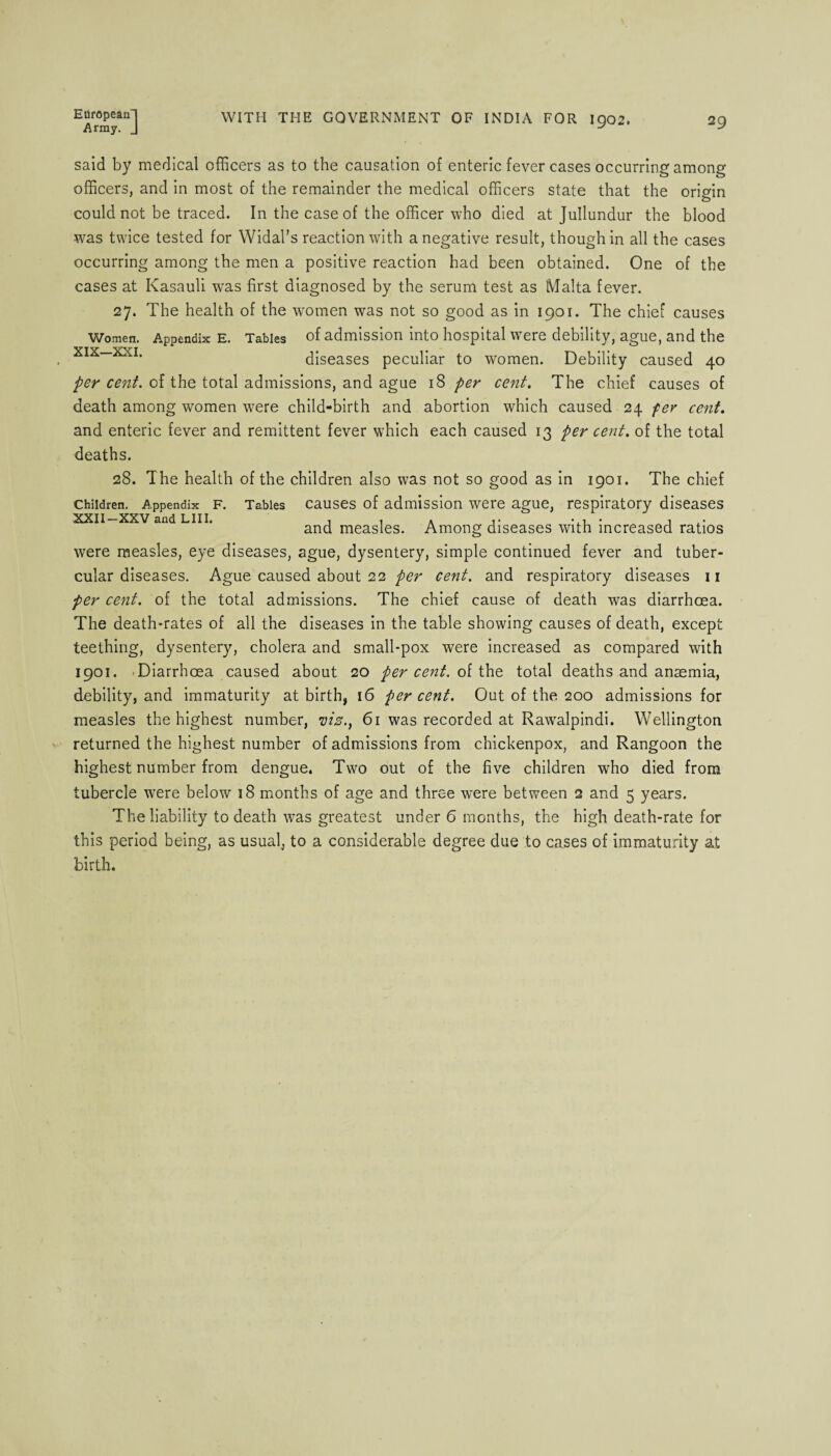 European-] Army. J WITH THE GOVERNMENT OF INDIA FOR igo2. 29 said by medical officers as to the causation of enteric fever cases occurring among officers, and in most of the remainder the medical officers state that the origin could not be traced. In the case of the officer who died at Jullundur the blood was twice tested for Widal’s reaction with a negative result, though in all the cases occurring among the men a positive reaction had been obtained. One of the cases at Kasauli was first diagnosed by the serum test as Malta fever. 27. The health of the women was not so good as in 1901. The chief causes Women. Appendix E. Tables of admission into hospital were debility, ague, and the XIX—xxi. diseases peculiar to women. Debility caused 40 per cent, of the total admissions, and ague 18 per cent. The chief causes of death among women were child-birth and abortion which caused 24 per cent. and enteric fever and remittent fever which each caused 13 per cent, of the total deaths. 28. The health of the children also was not so good as in 1901. The chief Tables causes of admission were ague, respiratory diseases and measles. Among diseases with increased ratios were measles, eye diseases, ague, dysentery, simple continued fever and tuber¬ cular diseases. Ague caused about 22 per cent, and respiratory diseases 11 per cent, of the total admissions. The chief cause of death was diarrhoea. The death-rates of all the diseases in the table showing causes of death, except teething, dysentery, cholera and small-pox were increased as compared with 1901. Diarrhoea caused about 20 percent, of the total deaths and anaemia, debility, and immaturity at birth, 16 percent. Out of the 200 admissions for measles the highest number, viz., 61 was recorded at Rawalpindi. Wellington returned the highest number of admissions from chickenpox, and Rangoon the highest number from dengue. Two out of the five children who died from tubercle were below 18 months of age and three were between 2 and 5 years. The liability to death was greatest under 6 months, the high death-rate for this period being, as usual3 to a considerable degree due to cases of immaturity at birth. Children. Appendix F. XXII-XXV and LIII.