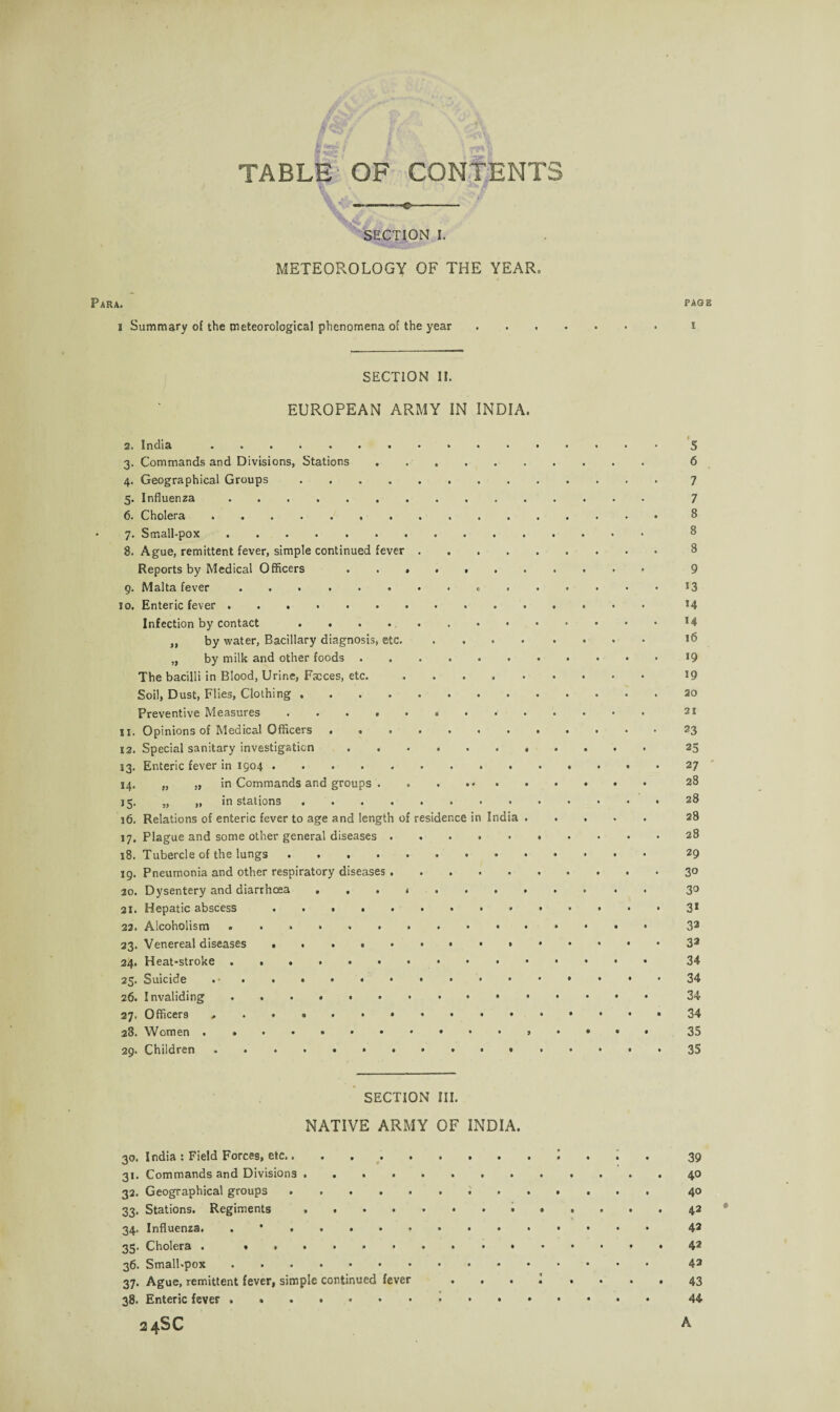 TABLE OF CONTENTS ——•—~c- SECTION I. METEOROLOGY OF THE YEAR* Para. page i Summary of the meteorological phenomena of the year.i SECTION If. EUROPEAN ARMY IN INDIA. 2. India ..5 3. Commands and Divisions, Stations. 6 4. Geographical Groups.7 5. Influenza. 7 6. Cholera.8 7. Small-pox. 8 8. Ague, remittent fever, simple continued fever.8 Reports by Medical Officers .. 9 9. Malta fever ..13 so. Enteric fever. *4 Infection by contact.*4 „ by water, Bacillary diagnosis, etc. *6 „ by milk and other foods.. The bacilli in Blood, Urine, Faeces, etc. .. 19 Soil, Dust, Flies, Clothing.20 Preventive Measures .. 11. Opinions of Medical Officers.23 12. Special sanitary investigation ........... 25 13. Enteric fever in 1904.27 14. „ „ in Commands and groups . . . •». 28 15. „ „ in stations.. 16. Relations of enteric fever to age and length of residence in India ..... 28 17. Plague and some other general diseases.28 18. Tubercle of the lungs .. 29 19. Pneumonia and other respiratory diseases.3° 20. Dysentery and diarrhoea . . . 3° 21. Hepatic abscess .. 31 22. Alcoholism .. 33 23. Venereal diseases .. 32 24. Heat-stroke. 34 25. Suicide. 34 26. Invaliding. 34 27. Officers .. *34 28. Women ..35 29. Children...35 SECTION III. NATIVE ARMY OF INDIA. 30. India : Field Forces, etc..f 39 31. Commands and Divisions. 40 32. Geographical groups .. 40 33. Stations. Regiments .. 42 34. Influenza. . •. 42 35. Cholera . . ..42 36. Small-pox .. 43 37. Ague, remittent fever, simple continued fever ... I .... 43 38. Enteric fever . 44 24SC A