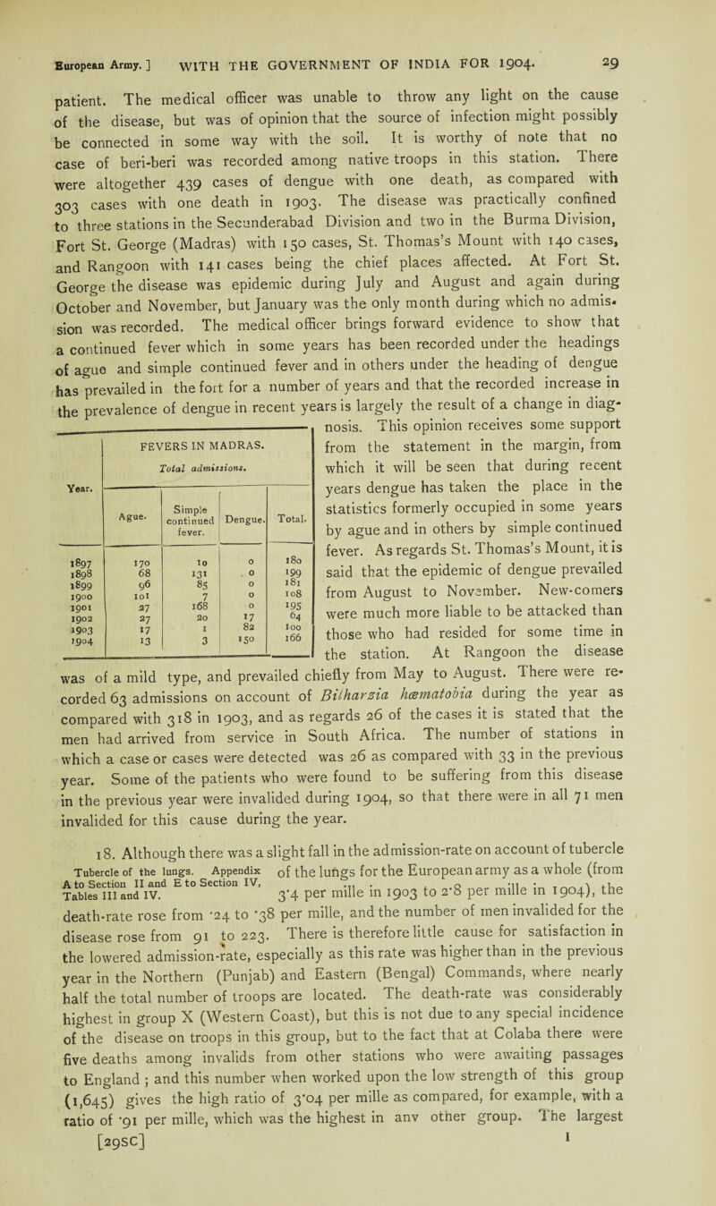 patient. The medical officer was unable to throw any light on the cause of the disease, but was of opinion that the source of infection might possibly be connected in some way with the soil. It is worthy of note that no case of beri-beri was recorded among native troops in this station. There were altogether 439 cases of dengue with one death, as compared with 303 cases with one death in 1903. The disease was practically confined to three stations in the Secunderabad Division and two in the Burma Division, Fort St. George (Madras) with 150 cases, St. Thomas’s Mount with 140 cases, and Rangoon with 141 cases being the chief places affected. At Fort St. George the disease was epidemic during July and August and again during October and November, but January was the only month during which no admis. sion was recorded. The medical officer brings forward evidence to show that a continued fever which in some years has been recorded under the headings of ague and simple continued fever and in others under the heading of dengue has prevailed in the fort for a number of years and that the recorded increase in the prevalence of dengue in recent years is largely the result of a change in diag¬ nosis. This opinion receives some support from the statement in the margin, from which it will be seen that during recent years dengue has taken the place in the statistics formerly occupied in some years by ague and in others by simple continued fever. As regards St. Thomas’s Mount, it is said that the epidemic of dengue prevailed from August to November. New-comers were much more liable to be attacked than those who had resided for some time in the station. At Rangoon the disease 1 Year. FEVERS IN MADRAS. Total admissions. Ague. Simple continued fever. Dengue. Total. 1897 170 10 0 180 1898 68 131 0 199 1899 96 85 O 181 1900 IOl 7 O 108 1901 27 168 O 195 1902 27 20 17 64 1903 17 1 82 loo 1904 13 3 150 166 was of a mild type, and prevailed chiefly from May to August. There were re* corded 63 admissions on account of BUharzia htsmatobia daring the year as compared with 318 in 1903, and as regards 26 of the cases it is stated that the men had arrived from service in South Africa. The number of stations in which a case or cases were detected was 26 as compared with 33 the previous year. Some of the patients who were found to be suffering from this disease in the previous year were invalided during 1904, so that there were in all 71 men invalided for this cause during the year. 18. Although there was a slight fall in the admission-rate on account of tubercle of the lungs for the European army as a whole (from 0*4 per mille in 1903 to 2*8 per mille in 1904), the Tubercle of the lungs. Appendix A to Section II and E to Section IV, Tables III and IV. death-rate rose from '24 to *38 per mille, and the number of men invalided for the disease rose from 91 to 223. There is therefore little cause for satisfaction in the lowered admission-rate, especially as this rate was higher than in the previous year in the Northern (Punjab) and Eastern (Bengal) Commands, where nearly half the total number of troops are located. Tne death-raie was considerably highest in group X (Western Coast), but this is not due to any special incidence of the disease on troops in this group, but to the fact that at Colaba there were five deaths among invalids from other stations who were awaiting passages to England ; and this number when worked upon the low strength of this group (1,645) gives the high ratio of 3*04 per mille as compared, for example, with a ratio of '91 per mille, which was the highest in anv other group, i he largest [29SC] 1