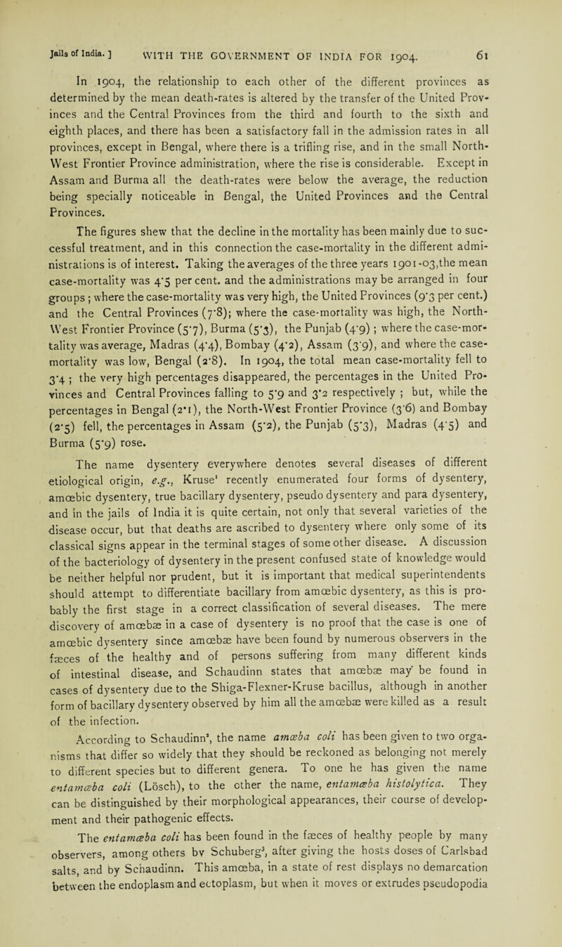In 1904, the relationship to each other of the different provinces as determined by the mean death-rates is altered by the transfer of the United Prov¬ inces and the Central Provinces from the third and fourth to the sixth and eighth places, and there has been a satisfactory fall in the admission rates in all provinces, except in Bengal, where there is a trifling rise, and in the small North- West Frontier Province administration, where the rise is considerable. Except in Assam and Burma all the death-rates were below the average, the reduction being specially noticeable in Bengal, the United Provinces and the Central Provinces. The figures shew that the decline in the mortality has been mainly due to suc¬ cessful treatment, and in this connection the case-mortality in the different admi¬ nistrations is of interest. Taking the averages of the three years 1901-03,the mean case-mortality was 4^5 per cent, and the administrations may be arranged in four groups ; where the case-mortality was very high, the United Provinces (9*3 per cent.) and the Central Provinces (7*8); where the case-mortality was high, the North- West Frontier Province (57), Burma (5*3), the Punjab (4'9); where the case-mor¬ tality was average, Madras (4*4), Bombay (4*2), Assam (3'9), and where the case- mortality was low, Bengal (2-8). In 1904, the total mean case-mortality fell to 3’4 ; the very high percentages disappeared, the percentages in the United Pro¬ vinces and Central Provinces falling to 5'9 and 3*2 respectively ; but, while the percentages in Bengal (2*1), the North-West Frontier Province (3*6) and Bombay (2*5) fell, the percentages in Assam ($‘2), the Punjab (5*3)) Madras (4‘5) and Burma (5*9) rose. The name dysentery everywhere denotes several diseases of different etiological origin, e.g., Kruse1 recently enumerated four forms of dysentery, amoebic dysentery, true bacillary dysentery, pseudo dysentery and para dysentery, and in the jails of India it is quite certain, not only that several varieties of the disease occur, but that deaths are ascribed to dysentery where only some of its classical signs appear in the terminal stages of some other disease. A discussion of the bacteriology of dysentery in the present confused state of knowledge would be neither helpful nor prudent, but it is important that medical superintendents should attempt to differentiate bacillary from amoebic dysentery, as this is pro¬ bably the first stage in a correct classification of several diseases. The mere discovery of amoebae in a case of dysentery is no proof that the case is one of amoebic dysentery since amoebae have been found by numerous observers in the faeces of the healthy and of persons suffering from many different kinds of intestinal disease, and Schaudinn states that amoebae may be found in cases of dysentery due to the Shiga-Flexner-Kruse bacillus, although in another form of bacillary dysentery observed by him all the amoebae were killed as a result of the infection. According to Schaudinn1, the name amoeba coli has been given to two orga¬ nisms that differ so widely that they should be reckoned as belonging not merely to different species but to different genera. To one he has given the name entamoeba coli (Losch), to the ether the name, entamoeba histolytica. They can be distinguished by their morphological appearances, their course of develop¬ ment and their pathogenic effects. The entamceba coli has been found in the faeces of healthy people by many observers, among others bv Schuberg3, after giving the hosts doses of Carlsbad salts, and by Schaudinn. This amoeba, in a state of rest displays no demarcation between the endoplasm and ectoplasm, but when it moves or extrudes pseudopodia