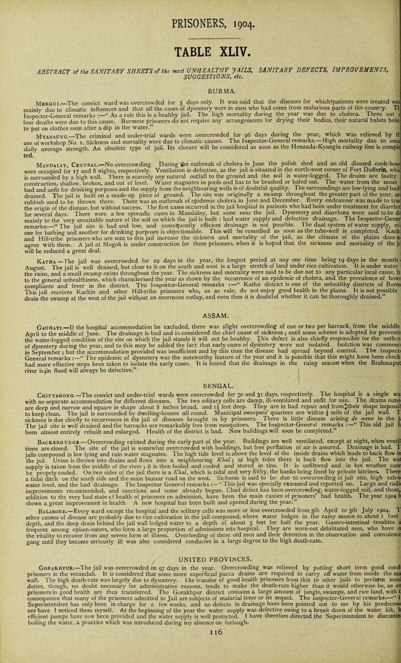 TABLE XLIV. ABSTRACT of the SANITARY SHEETS of the most UNHEALTHY JAILS, SANITARY DEFECTS, IMPROVEMENTS, SUGGESTIONS, etc. BURMA. Mergui._The convict ward was overcrowded for 3 days only. It was said that the diseases for whichfpatients were treated wei mainly due to climatic influences and that all the cases of dysentery were in men who had come from malarious parts of the country. Th Inspector-General remarks “ As a rule this is a healthy jail. The high mortality during the year was due to cholera. Three out < four deaths were due to this cause. Burmese prisoners do not require any arrangements for drying their bodies, their natural habits bein to put on clothes soon after a dip in the water.” Myanaung.—The criminal and under-trial wards were overcrowded for 96 days during the year, which was relieved by th use of workshop No. 1. Sickness and mortality were due to climatic causes. The Inspector-General remarks.—High mortality due to sma daily average strength. An obsolete type of jail. Its closure will be considered as soon as the Henzada-Kyangin railway line is compk ted. Mandalay, Central.—No overcrowding. During the outbreak of cholera in June the polish shed and an old disused cook-hou?; were occupied for 17 and 8 nights, respectively. Ventilation is defective, as the jail is situated in the north-west corner of Fort Dufferin, whir is surrounded by a high wall. There is scarcely any natural outfall to the ground and the soil is water-logged. The drains are faulty construction, shallow, broken, and out of level. Water stagnates in pools and has to be brushed or baled out. The water from the moat bad and unfit for drinking purposes and the supply from the neighbouring wells is of doubtful quality. The surroundings are low-lying and bad! drained. The jail is built on a made-up piece of ground. The site was originally a swamp throughout the greater part of the year, an rubbish used to be thrown there. There was an outbreak of epidemic cholera in June and December. Every endeavour was made to trac the orio-in of the disease, but without success. The first cases occurred in the jail hospital in patients who had been under treatment for diarrha for several days. There were a few sporadic cases in Mandalay, but none near the jail. Dysentery and diarrhoea were said to be di mainly to the very unsuitable nature of the soil on which the jail is built : bad water supply and defective drainage. The Inspector-Gener remarks:—“ The jail site is bad and low, and consequently efficient drainage is not possible. The dual system of water supply, vii one for bathing and another for drinking purposes is objectionable. This will be remedied as soon as the tube-well is completed. Kach; and Hill-tribe5 prisoners who are sent to this jail increase the sickness and mortality of the jail, as the climate of the plains does n agree with them. A jail at Mogok is under construction for these prisoners, when it is hoped that the sickness and mortality of the jc will be reduced a great deal. Katha —The jail was overcrowded for 29 days in the year, the longest period at any one time being 19 days in the month August. The jail is well drained, but close to it on the south and west is a large stretch of land under rice cultivation. It is under water the rains, and a small swamp exists throughout the year. The sickness and mortality were said to be due not to any particular local cause, b to the general unhealthiness, which characterised the year as shown by the occurrence of an epidemic of cholera, and the prevalence of bowf compliants and fever in the district. The Inspector-General remarks :—“ Katha district is one of the unhealthy districts of Burm This jail receives Kachin and other Hill-tribe prisoners who, as as rule, do not enjoy good health in the plains. It is not possible drain the swamp at the west of the jail without an enormous outlay, and even then it is doubtful whether it can be thoroughly drained.” ASSAM. Gauhati.—If the hospital accommodation be excluded, there was slight overcrowding of one or two per barrack, from the middle April to the middle of June. The drainage is bad and is considered the chief cause of sickness ; until some scheme is adopted for preventii the water-logged condition of the site on which the jail stands it will not be healthy. This defect is also chiefly responsible for the outbre. of dysentery during the year, and to this may be added the fact that early cases of dysentery were not isolated. Isolation was commenci in September ; but the accommodation provided was insufficient and by this time the disease had spread beyond control. The Inspect General remarks “ The epidemic of dysentery was the noteworthy feature of the year and it is possible that this might have been check* had more effective steps been taken to isolate the early cases. It is feared that the drainage in the rainy season when the Brahmaput river is jin flood will always be defective.” j ft ''I*.. V* if, ^ BENGAL. Chittagong.—The convict and under-trial wards were overcrowded for 30 and 31 days, respectively. The hospital is a single wai with no separate accommodation for different diseases. The two solitary cells are damp, ill-ventilated and unfit for use. The drains outsi< are deep and narrow and square in shape about 8 inches broad, and i| feet deep. They are in bad repair and fromjtheir shape impossit to keep clean. The jail is surrounded by dwelling-houses all round. Municipal sweepers’ quarters are within J mile of the jail wall. T sickness is due chiefly to recurrences in the jail of diseases brought in by prisoners. There is little disease arising de novo in the j: The jail site is well drained and the barracks are remarkably free from mosquitoes. The Inspector-General remarks “ This old jail h been almost entirely rebuilt and enlarged. Health of the district is bad. New buildings will soon be completed.” Backergunge.—Overcrowding existed during the early part of the year. Buildings are well ventilated, except at night, when vend! tions are closed. The site of the jail is somewhat overcrowded with buildings, but free perflation of air is assured. Drainage is bad. T jails compound is low lying and rain water stagnates. The high tide level is above the leyel of the inside drains which leads to back flow in the jail. Urine is thrown into drains and flows into a neighbouring Khal; at high tides there is back flow into the jail. The wat supply is taken from the middle of the river ; it is then boiled and cooled and stored in tins. It is unfiltered and in hot weather canri be propely cooled. On two sides of the jail there is a Khal, which is tidal and very filthy, the banks being lined by private latrines. There a tidal ditch on the south side and the main bazaar road on the west. Sickness is said to be due to overcrowding of jail site, high sub-s< water level, and the bad drainage. The Inspector General remarks : — “ This jail was specially examned and reported on. Large and radic improvements recommended, and sanctions and some already begun. Chief defect has been overcrowding, water-logged soil, and these, addition to the very bad state cf health of prisoners on admission, have been the main causes of prisoners’ bad health. The year 1904 b shown a great improvement in health. A new hospital has been built and opened during the year.” Balasore.— Every ward except the hospital and the solitary cells was more or less overcrowded from 5th April to 5th July 1904. 11 other causes of disease are probably due to rice cultivation in the jail compound, where water lodges in the rainy season to about 1 foot depth, and the deep drain behind the jail wall lodged water to a depth of about 5 feet for half the year. Gastro-intestinal troubles a frequent among opium-eaters, who form a largo proportion of admissions into hospital. I hey are worn-out debilitated men, who have n the vitality to recover from any severe form of illness. Overfeeding of these old men and their detention in the observation and convalesce gang until they become seriously ill was also considered conducive in a large degree to the high death-rate. UNITED PROVINCES. Gorakhpur.—The jail was overcrowded on 97 days in the year. Overcrowding was relieved by putting short term good condi prisoners in the verandah. It is considered that some more superficial pucca drains are required to carry off water from inside the ma wall. The high death-rate was largely due to dysentery, t he transfer of good health prisoners from this to other jails to perform meni duties, though, no doubt necessary for administrative reasons, tends to make the death-rate higher than it would otherwise be, as on prisoners in good health are thus transferred. The Gorakhpur district contains a large amount of jungle, swamps, and rice land, with t, consequence that many of the prisoners admitted to Jail are subjects of malarial fever or its sequel. The Inspe.ctor-General remarks:—•“ 1 Superintendent has only been in charge for a few weeks, and no defects in drainage have been pointed out to me by his predecessc nor have I noticed them myself. At the beginning of the year the water supply was defective owing to a break down of the water lift, b efficient pumps have now been provided and the water supply is well protected. 1 have therefore directed the Superintendent to discontini boiling the water, a practice which was introduced during my absence on furlough.