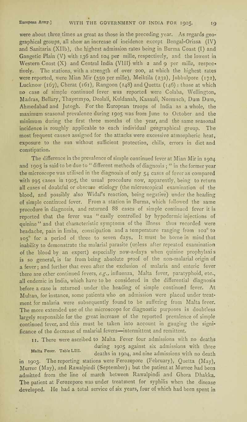 were about three times as great as those in the preceding year. As regards geo¬ graphical groups, all show an increase of incidence except Bengal-Orissa (IV) and Sanitaria (XIlb), the highest admission rates being in Burma Coast (I) and Gangetic Plain (V) with 136 and 104 per mille, respectively, and the lowest in Western Coast (X) and Central India (VIII) with 2 and 9 per mille, respec¬ tively. The stations, with a strength of over 200, at which the highest rates were reported, were Mian Mir (350 per mille), Meiktila (232), Jubbulpore (172), Lucknow (167), Cherat (161), Rangoon (148) and Quetta (146) : those at which no case of simple continued fever was reported were Colaba, Wellington, Madras, Bellary, Thayetmyo, Deolali, Kuldanah, Kasauli, Neemuch, Dum Dum, Ahmedabad and Jutogh. For the European troops of India as a whole, the maximum seasonal prevalence during 1905 was from June to October and the minimum during the first three months of the year, and the same seasonal incidence is roughly applicable to each individual geographical group. The most frequent causes assigned for the attacks were excessive atmospheric heat, exposure to the sun without sufficient protection, chills, errors in diet and constipation. The difference in the prevalence of simple continued fever at Mian Mir in 1904 and 1905 is said to be due to ” different methods of diagnosis ; ” in the former year the microscope was utilised in the diagnosis of only 54 cases of fever as compared with 295 cases in 1905, the usual procedure now, apparently, being to return all cases of doubtful or obscure etiology (the microscopical examination of the blood, and possibly also Widal’s reaction, being negative) under the heading of simple continued fever. From a station in Burma, which followed the same procedure in diagnosis, and returned 88 cases of simple continued fever it is reported that the fever was u easily controlled by hypodermic injections of quinine” and that characteristic symptoms of the illness thus recorded were headache, pain in limbs, constipation and a temperature ranging from 102° to 105° for a period of three to seven days. It must be borne in mind that inability to demonstrate the malarial parasite (unless after repeated examination of the blood by an expert) especially now-a-days when quinine prophylaxis is so general, is far from being absolute proof of the non-malarial origin of a fever; and further that even after the exclusion of malaria and enteric fever there are other continued fevers, e.g., influenza, Malta fever, paratyphoid, etc., all endemic in India, which have to be considered in the differential diagnosis before a case is returned under the heading of simple continued fever. At Multan, for instance, some patients who on admission were placed under treat¬ ment for malaria were subsequently found to be suffering from Malta fever. The more extended use of the microscope for diagnostic purposes is doubtless largely responsible for the great increase of the reported prevalence of simple continued fever, and this must be taken into account in gauging the signi¬ ficance of the decrease of malarial fevers—intermittent and remittent. 11. There were ascribed to Malta Fever four admissions with no deaths during 1905 against six admissions with three Malta Fever. Table LI 11. . ,, i . j • • •. 1 , , deaths in 1904, and nine admissions with no death in 1903. The reporting stations were Ferozepore (February), Quetta (May), Murree (May), and Rawalpindi (September); but the patient at Murree had been admitted from the line of march between Rawalpindi and Ghora Dhakka. The patient at Ferozepore was under treatment for syphilis when the disease developed. He had a total service of six years, four of which had been spent in