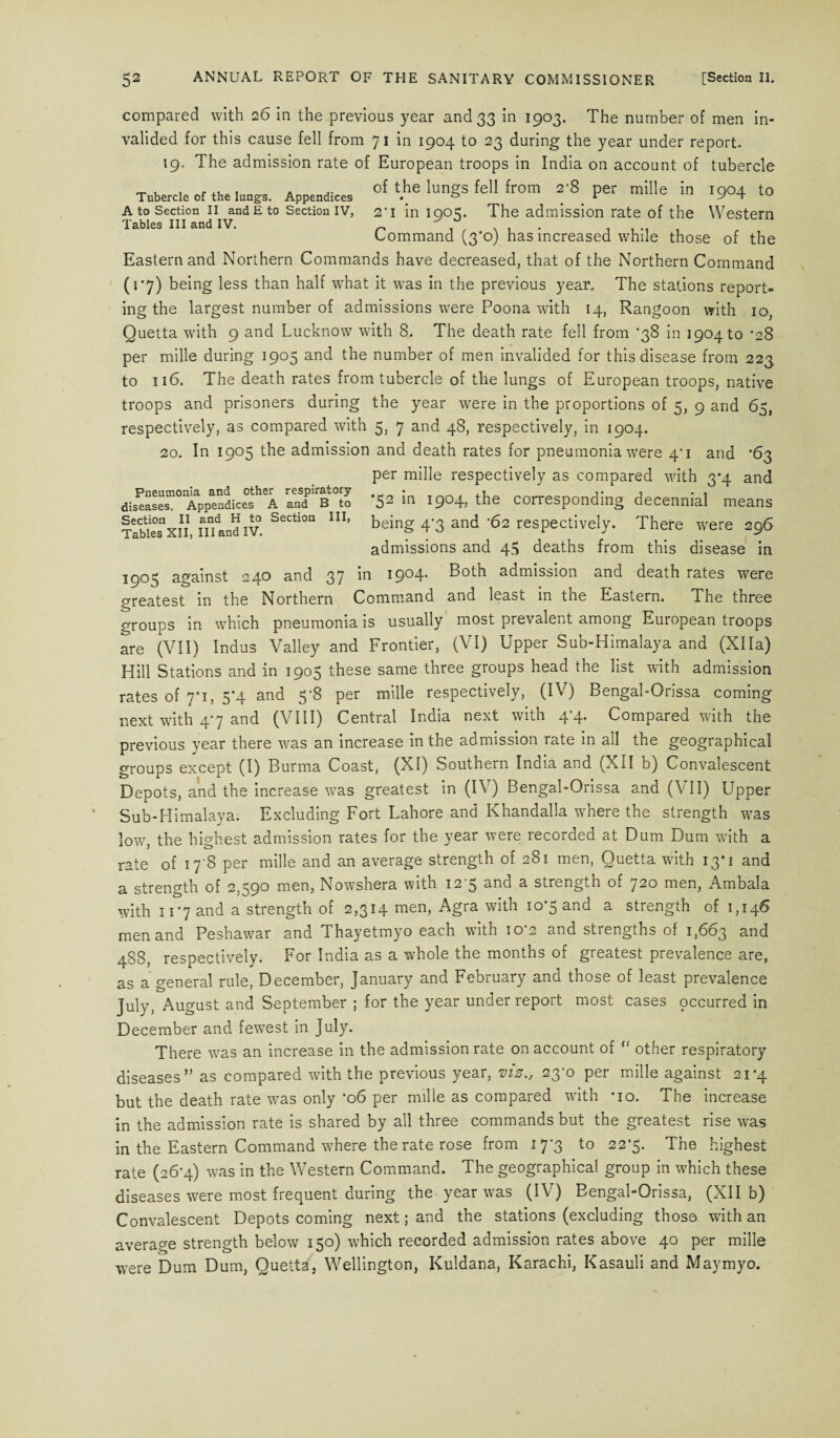 compared with 26 in the previous year and 33 in 1903. The number of men in¬ valided for this cause fell from 71 in 1904 to 23 during the year under report. 19. The admission rate of European troops in India on account of tubercle Tubercle of the lungs. Appendices of the lungs fell from a'8 per mille in 1904 to A to Section ii ande to Section iv, 2'i in 1005. The admission rate of the Western Tables III and IV. _ , , , . . . , Command (3*0) has increased while those of the Eastern and Northern Commands have decreased, that of the Northern Command (1*7) being less than half what it was in the previous year. The stations report¬ ing the largest number of admissions were Poona with 14, Rangoon with 10, Quetta writh 9 and Lucknow with 8. The death rate fell from ’38 in 190410 *28 per mille during 1905 and the number of men invalided for this disease from 223 to 116. The death rates from tubercle of the lungs of European troops, native troops and prisoners during the year were in the proportions of 5, 9 and 65, respectively, as compared with 5, 7 and 48, respectively, in 1904. 20. In 1905 the admission and death rates for pneumonia w?ere 4*1 and ’63 per mille respectively as compared with 3-4 and •52 in 1904, the corresponding decennial means being 4*3 and '62 respectively. There were 296 admissions and 45 deaths from this disease in jgo5 against 240 and 37 ^ 190T Both admission and death rates were greatest in the Northern Command and least in the Eastern. The three groups in which pneumonia is usually most prevalent among European troops are (VII) Indus Valley and Frontier, (VI) Upper Sub-Himalaya and (Xlla) Hill Stations and in 1905 these same three groups head the list with admission Pneumonia and other respiratory diseases. Appendices A and B to Section II and H to Section Tables XII, III and IV. HI, rates of 7*1, 5*4 and 5-8 per mille respectively, (IV) Bengal-Orissa coming next with 4*7 and (VIII) Central India next with 4*4. Compared with the previous year there was an increase in the admission rate in all the geographical groups except (I) Burma Coast, (XI) Southern India and (XII b) Convalescent Depots, and the increase was greatest in (IV) Bengal-Orissa and (VII) Upper Sub-Himalaya. Excluding Fort Lahore and Khandalla where the strength was low, the highest admission rates for the year were recorded at Dum Dum with a rate of 17 8 per mille and an average strength of 281 men, Quetta with 13*1 and a strength of 2,590 men, Nowshera with 12-5 and a strength of 720 men, Ambala with 117 and a strength of 2,314 men, Agra with 10-5 and a strength of 1,146 men and Peshawar and Thayetmyo each with 10*2 and strengths of 1,663 and 488, respectively. For India as a whole the months of greatest prevalence are, as a general rule, December, January and February and those of least prevalence July, August and September ; for the year underreport most cases occurred in December and fewest in July. There was an increase in the admission rate on account of “ other respiratory diseases” as compared with the previous year, viz., 23‘o per mille against 21-4 but the death rate was only *06 per mille as compared with *io. The increase in the admission rate is shared by all three commands but the greatest rise was in the Eastern Command where the rate rose from 17*3 to 22*5. The highest rate (26-4) was in the Western Command. The geographical group in which these diseases were most frequent during the year was (IV) Bengal-Orissa, (XII b) Convalescent Depots coming next; and the stations (excluding those with an average strength below 150) which recorded admission rates above 40 per mille were Dum Dum, Quetta, Wellington, Kuldana, Karachi, Kasauli and Maymyo.