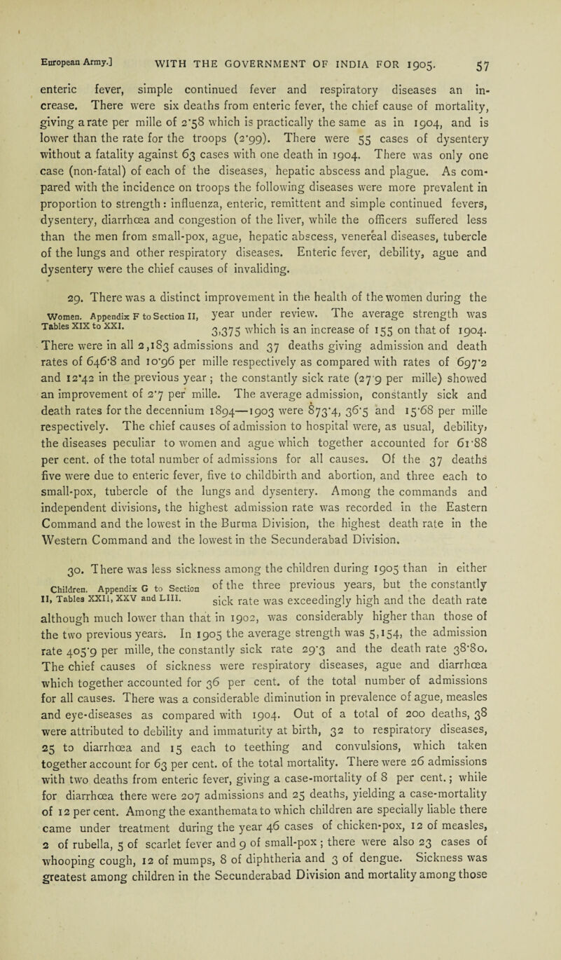 enteric fever, simple continued fever and respiratory diseases an in¬ crease. There were six deaths from enteric fever, the chief cause of mortality, giving a rate per mille of 2*58 which is practically the same as in 1904, and is lower than the rate for the troops (2*99). There were 55 cases of dysentery without a fatality against 63 cases with one death in 1904. There was only one case (non-fatal) of each of the diseases, hepatic abscess and plague. As com¬ pared with the incidence on troops the following diseases were more prevalent in proportion to strength: influenza, enteric, remittent and simple continued fevers, dysentery, diarrhoea and congestion of the liver, while the officers suffered less than the men from small-pox, ague, hepatic abscess, venereal diseases, tubercle of the lungs and other respiratory diseases. Enteric fever, debility, ague and dysentery were the chief causes of invaliding. 29. There was a distinct improvement in the health of the women during the Women. Appendix F to Section ii, year under review. The average strength was Tables xix to xxi. 3,375 which is an increase of 155 on that of 1904. There were in all 2,183 admissions and 37 deaths giving admission and death rates of 646’8 and 10*96 per mille respectively as compared with rates of 697*2 and 12*42 in the previous year; the constantly sick rate (27 9 per mille) showed an improvement of 2*7 per mille. The average admission, constantly sick and k death rates for the decennium 1894—1903 were 873*4, 36*5 and 15*68 per mille respectively. The chief causes of admission to hospital were, as usual, debility? the diseases peculiar to women and ague which together accounted for 6r88 per cent, of the total number of admissions for all causes. Of the 37 deaths five were due to enteric fever, five to childbirth and abortion, and three each to small-pox, tubercle of the lungs and dysentery. Among the commands and independent divisions, the highest admission rate was recorded in the Eastern Command and the lowest in the Burma Division, the highest death rate in the Western Command and the lowest in the Secunderabad Division. 30. There was less sickness among the children during 1905 than in either Children. Appendix G to Section of the three previous years, but the constantly 11, Tables xxn, xxv and Lin. sick rate was exceedingly high and the death rate although much lower than that in 1902, was considerably higher than those of the two previous years. In 1905 the average strength was 5,154, the admission rate 405*9 per mille, the constantly sick rate 29*3 and the death rate 38*80. The chief causes of sickness were respiratory diseases, ague and diarrhoea which together accounted for 36 per cent, of the total number of admissions for all causes. There was a considerable diminution in prevalence of ague, measles and eye-diseases as compared with 1904. Out of a total of 200 deaths, 38 were attributed to debility and immaturity at birth, 32 to respiratory diseases, 25 to diarrhoea and 15 each to teething and convulsions, which taken together account for 63 per cent, of the total mortality. There were 26 admissions with two deaths from enteric fever, giving a case-mortality of 8 per cent.; while for diarrhoea there were 207 admissions and 25 deaths, yielding a case-mortality of 12 per cent. Among the exanthemata to which children are specially liable there came under treatment during the year 46 cases of chicken-pox, 12 of measles, 2 of rubella, 5 of scarlet fever and 9 of small-pox ; there were also 23 cases of whooping cough, 12 of mumps, 8 of diphtheria and 3 of dengue. Sickness was greatest among children in the Secunderabad Division and mortality among those