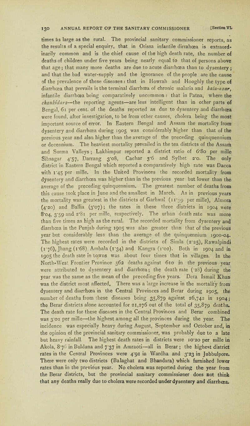 times as large as the rural. The provincial sanitary commissioner reports, as the results of a special enquiry, that in Orissa infantile dirrahoea is extraord¬ inarily common and is the chief cause of the high death rate, the number of deaths of children under five years being nearly equal to that of persons above that age; that many more deaths are due to acute diarrhoea than to dysentery ; and that the bad water-supply and the ignorance of the people are the cause of the prevalence of these diseases : that in Howrah and Hooghly the type of diarrhoea that prevails is the terminal diarrhoea of chronic malaria and kaLa-azar, infantile diarrhoea being comparatively uncommon : that in Patna, where the chaukidars—the reporting agents—are less intelligent than in other parts of Bengal, 61 per cent, of the deaths reported as due to dysentery and diarrhoea were found, after investigation, to be from other causes, cholera being the most important source of error. In Eastern Bengal and Assam the mortality from dysentery and diarrhoea during 1905 was considerably higher than that of the previous year and also higher than the average of the preceding quinquennium or decennium. The heaviest mortality prevailed in the tea districts of the Assam and Surma Valleys ; Lakhimpur reported a district ratio of 6*8o per mille Sibsagar 4*57, Darrang 3*08, Cachar 3*6 and Sylhet 2*0. The only district in Eastern Bengal which reported a comparatively high rate was Dacca with 1 '45 per mille. In the United Provinces the recorded mortality from dysentery and diarrhoea was higher than in the previous year but lower than the average of the preceding quinquennium. The greatest number of deaths from this cause took place in June and the smallest in March. As in previous years the mortality was greatest in the districts of Garhwal (11*39 per mille), Almora (4*20) and Ballia (3*07); the rates in these three districts in 1904 were 8*04, 3*59 and 2*81 per mille, respectively. The urban death rate was more than five times as high as the rural. The recorded mortality from dysentery and diarrhoea in the Punjab during 1905 was also greater than that of the previous year but considerably less than the average of the quinquennium 1900-04. The highest rates were recorded in the districts of Simla (2*25), Rawalpindi (1'76), Jhang (r68) Ambala (1*34) and Kangra (1*02). Both in 1904 and in 1905 the death rate in towns was about four times that in villages. In the North-West Frontier Province 562 deaths against 610 in the previous year were attributed to dysentery and diarrhoea; the death rate (‘28) during the year was the same as the mean of the preceding five years. Dera Ismail Khan was the district most affected. There was a large increase in the mortality from dysentery and diarrhoea in the Central Provinces and Berar during 1905, the number of deaths from these diseases being 35,879 against 26,742 in 1904; the Berar districts alone accounted for 21,276 out of the total of 35,879 deaths. The death rate for these diseases in the Central Provinces and Berar combined was 302 per mille—the highest among all the provinces during the year. The incidence was especially heavy during August, September and October and, in the opinion of the provincial sanitary commissioner, was probably due to a late but heavy rainfall. The highest death rates in districts were 10*20 per mille in • Akola, 8*76 in Buldana and 7*37 in Amraoti—all in Berar ; the highest district rates in the Central Provinces were 4*91 in Wardha and 3*23 in Jubbulpore. There were only two districts (Balaghat and Bhandara) which furnished lower rates than in the previous year. No cholera was reported during the year from the Berar districts, but the provincial sanitary commissioner does not think that any deaths really due to cholera were recorded under dysentery and diarrhoea.