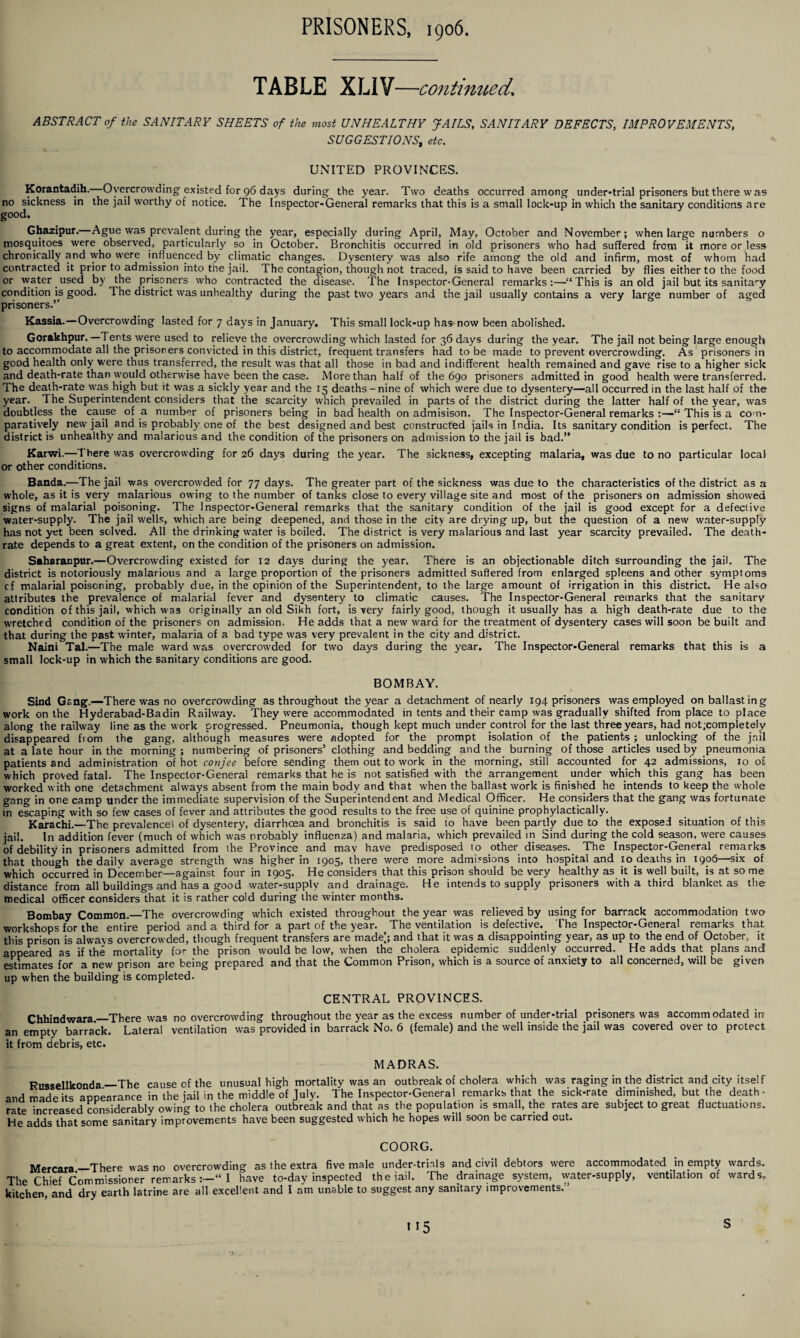 TABLE XLIV—continued.’ ABSTRACT of the SANITARY SHEETS of the most UNHEALTHY JAILS, SANITARY DEFECTS, IMPROVEMENTS, SUGGESTIONS, etc. UNITED PROVINCES. Korantadih. Overcrowding existed for 96 days during the year. Two deaths occurred among under-trial prisoners but there was no sickness in the jail worthy of notice. The Inspector-General remarks that this is a small lock-up in which the sanitary conditions are good. Ghazipur. Ague was prevalent during the year, especially during April, May, October and November; when large numbers o mosquitoes were observed, particularly so in October. Bronchitis occurred in old prisoners who had suffered from it more or less chronically and who were influenced by climatic changes. Dysentery was also rife among the old and infirm, most of whom had contracted it prior to admission into the jail. The contagion, though not traced, is said to have been carried by flies either to the food or water used by the prisoners who contracted the disease. The Inspector-General remarks:—“ This is an old jail but its sanitary condition is good. The district was unhealthy during the past two years and the jail usually contains a very large number of aged prisoners.’’ Kassia.—Overcrowding lasted for 7 days in January. This small lock-up has-now been abolished. Gorakhpur.—Tents were used to relieve the overcrowding which lasted for 36 days during the year. The jail not being large enough to accommodate all the prisoners convicted in this district, frequent transfers had to be made to prevent overcrowding. As prisoners in good health only were thus transferred, the result was that all those in bad and indifferent health remained and gave rise to a higher sick and death-rate than would otherwise have been the case. More than half of the 690 prisoners admitted in good health were transferred. The death-rate was high but it was a sickly year and the 15 deaths-nine of which were due to dysentery—all occurred in the last half of the year. The Superintendent considers that the scarcity which prevailed in parts of the district during the latter half of the year, was doubtless the cause of a number of prisoners being in bad health on admisison. The Inspector-General remarks :—“ This is a com¬ paratively new jail and is probably one of the best designed and best constructed jails in India. Its sanitary condition is perfect. The district is unhealthy and malarious and the condition of the prisoners on admission to the jail is bad.” Karwi.—There was overcrowding for 26 days during the year. The sickness, excepting malaria, was due to no particular local or other conditions. Banda.—The jail was overcrowded for 77 days. The greater part of the sickness was due to the characteristics of the district as 3 whole, as it is very malarious owing to the number of tanks close to every village site and most of the prisoners on admission showed signs of malarial poisoning. The Inspector-General remarks that the sanitary condition of the jail is good except for a defective water-supply. The jail wells, which are being deepened, and those in the city are drying up, but the question of a new water-supply has not yet been solved. All the drinking water is boiled. The district is very malarious and last year scarcity prevailed. The death- rate depends to a great extent, on the condition of the prisoners on admission. Saharanpur.—Overcrowding existed for 12 days during the year. There is an objectionable ditch surrounding the jail. The district is notoriously malarious and a large proportion of the prisoners admitted suffered from enlarged spleens and other symptoms cf malarial poisoning, probably due, in the opinion of the Superintendent, to the large amount of irrigation in this district. He also attributes the prevalence of malarial fever and dysentery to climatic causes. The Inspector-General remarks that the sanitary condition of this jail, which was originally an old Sikh fort, is very fairly good, though it usually has a high death-rate due to the wretched condition of the prisoners on admission. He adds that a new ward for the treatment of dysentery cases will soon be built and that during the past winter, malaria of a bad type was very prevalent in the city and district. NaJni Tal.—The male ward was overcrowded for two days during the year. The Inspector-General remarks that this is a small lock-up in which the sanitary conditions are good. BOMBAY. Sind Gang.—There was no overcrowding as throughout the year a detachment of nearly 194 prisoners was employed on ballasting work on the Hyderabad-Badin Railway. They were accommodated in tents and their camp was gradually shifted from place to place along the railway line as the work progressed. Pneumonia, though kept much under control for the last three years, had not.'completely disappeared from the gang, although measures were adopted for the prompt isolation of the patients ; unlocking of the jail at a late hour in the morning ; numbering of prisoners’ clothing and bedding and the burning of those articles used by pneumonia patients and administration of hot conjee before sending them out to work in the morning, still accounted for 42 admissions, 10 of which proved fatal. The Inspector-General remarks that he is not satisfied with the arrangement under which this gang has been worked with one detachment always absent from the main body and that when the ballast work is finished he intends to keep the whole gang in one camp under the immediate supervision of the Superintendent and Medical Officer. He considers that the gang was fortunate in escaping with so few cases of fever and attributes the good results to the free use of quinine prophylactically. Karachi.—The prevalence! of dysentery, diarrhoea and bronchitis is said to have been partly due to the exposed situation of this jail. In addition fever (much of which was probably influenza) and malaria, which prevailed in Sind during the cold season, were causes of debility in prisoners admitted from the Province and may have predisposed 10 other diseases.. The Inspector-General remarks that though the daily average strength was higher in 1905, there were more admissions into hospital and io.deaths in 1906—six of which occurred in December—against four in 1905. He considers that this prison should be very healthy as it is well built, is at so me distance from all buildings and has a good water-supply and drainage. He intends to supply prisoners with a third blanket as the medical officer considers that it is rather cold during the winter months. Bombay Common.—The overcrowding which existed throughout the year was relieved by using for barrack accommodation two workshops for the entire period and a third for a part of the year. The ventilation is defective. The Inspector-General remarks that this prison is always overcrowded, though frequent transfers are madej and that it was a disappointing year, as up to the end of October, it appeared as if the mortality for the prison would be low, when the cholera epidemic suddenly occurred. He adds that plans and estimates for a new prison are being prepared and that the Common Prison, which is a source of anxiety to all concerned, will be given up when the building is completed. CENTRAL PROVINCES. Chhindwara_There was no overcrowding throughout the year as the excess number of under-trial prisoners was accommodated in' an empty barrack. Lateral ventilation was provided in barrack No. 6 (female) and the well inside the jail was covered over to protect it from debris, etc. MADRAS. Russellkonda —The cause of the unusual high mortality was an outbreak of cholera which was raging in the district and city itself and made its appearance in the jail in the middle of July. The Inspector-General remarks that the sick-rate diminished, but the death- rate increased considerably owing to the cholera outbreak and that as the population is small, the rates are subject to great fluctuations. He adds that some sanitary improvements have been suggested which he hopes will soon be carried out. COORG. Mercara—There was no overcrowding as the extra five male under-trials and civil debtors were accommodated in empty wards. The Chief Commissioner remarksI have to-day inspected the jail. The drainage system, water-supply, ventilation of wards, kitchen, and dry earth latrine are all excellent and I am unable to suggest any sanitary improvements.” >>5 s
