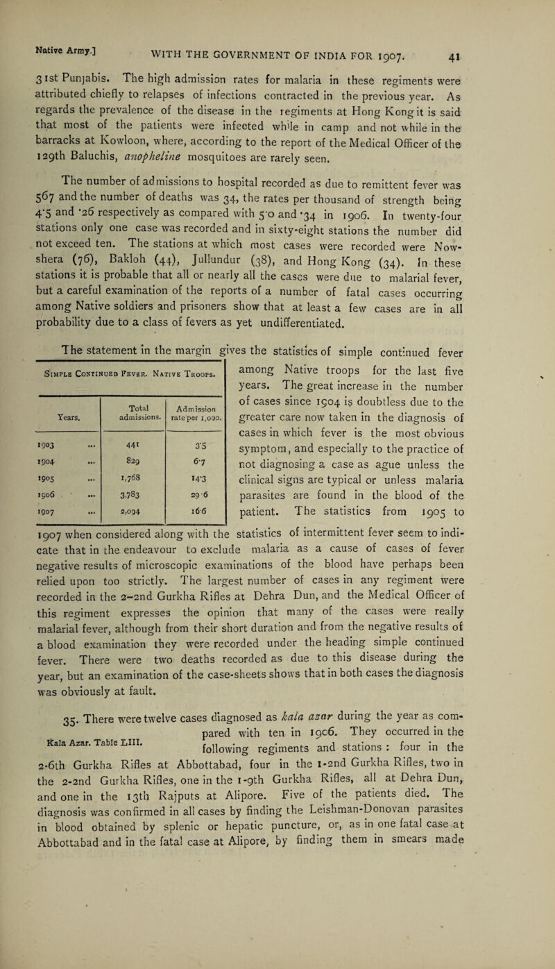 41 WITH THE GOVERNMENT OF INDIA FOR 1907. 31st Punjabis. The high admission rates for malaria in these regiments were attributed chiefly to relapses of infections contracted in the previous year. As regards the prevalence of the disease in the regiments at Hong Kong it is said that most of the patients were infected while in camp and not while in the barracks at Kowloon, where, according to the report of the Medical Officer of the 129th Baluchis, anopheline mosquitoes are rarely seen. The number of admissions to hospital recorded as due to remittent fever was 567 and the number of deaths was 34, the rates per thousand of strength being 4 5 26 respectively as compared with 3 0 and *34 in 1906. In twenty*four stations only one case was recorded and in sixty-eight stations the number did not exceed ten. The stations at which most cases were recorded were Now- shera (76), Bakloh (44), Jullundur (38), and Hong Kong (34). In these stations it is probable that all or nearly all the cases were due to malarial fever, but a careful examination of the reports of a number of fatal cases occurring among Native soldiers and prisoners show that at least a few cases are in all probability due to a class of fevers as yet undifferentiated. The statement in the margin gives the statistics of simple continued fever Simple Continued Fever. Native Troops. Years. Total admissions. Admission rate per i.ooo. 1903 441 3*5 1904 ... 829 67 1905 1,768 *4‘3 1906 ... 3,7 33 29 6 1907 ... 2,094 16 6 among Native troops for the last five years. The great increase in the number of cases since 1904 i$ doubtless due to the greater care now taken in the diagnosis of cases in which fever is the most obvious symptom, and especially to the practice of not diagnosing a case as ague unless the clinical signs are typical or unless malaria parasites are found in the blood of the patient. The statistics from 1905 to 1907 when considered along with the statistics of intermittent fever seem to indi¬ cate that in the endeavour to exclude malaria as a cause of cases of fever negative results of microscopic examinations of the blood have perhaps been relied upon too strictly. The largest number of cases in any regiment were recorded in the 2-2nd Gurkha Rifles at Dehra Dun, and the Medical Officer of this regiment expresses the opinion that many of the cases were really malarial fever, although from their short duration and from the negative results of a blood examination they were recorded under the heading simple continued fever. There were two deaths recorded as due to this disease during the year, but an examination of the case-sheets shows that in both cases the diagnosis was obviously at fault. 35. There were twelve cases diagnosed as kala azar during the year as com¬ pared with ten in 1906. They occurred in the Kala Azar. Table Lin. following regiments and stations : four in the 2-6th Gurkha Rifles at Abbottabad, four in the i-2nd Gurkha Rifles, two in the 2-2nd Gurkha Rifles, one in the 1-9th Gurkha Rifles, all at Dehra Dun, and one in the 13th Rajputs at Alipore. Five of the patients died. The diagnosis was confirmed in all cases by finding the Leishman-Donovan parasites in blood obtained by splenic or hepatic puncture, or, as in one fatal case at Abbottabad and in the fatal case at Alipore, by finding them in smears made