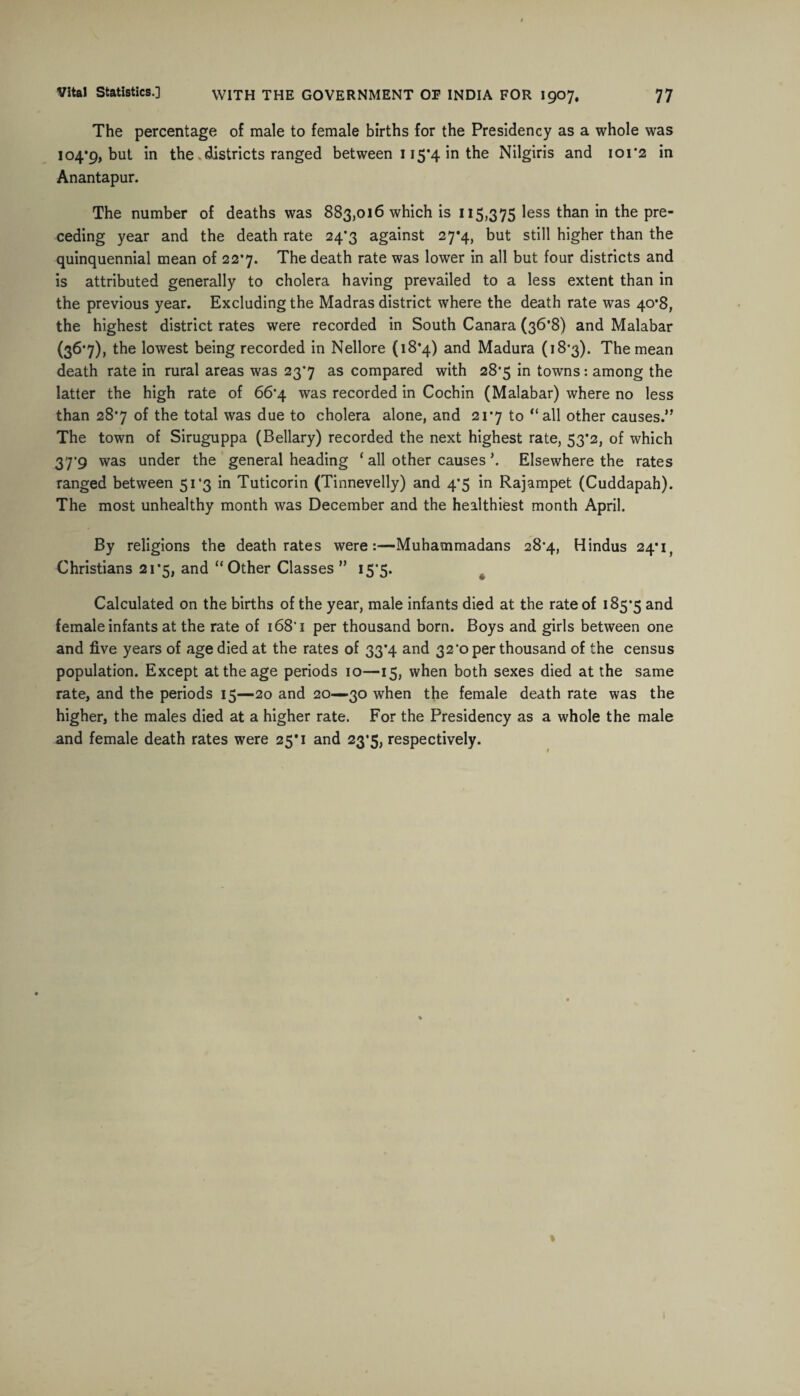 The percentage of male to female births for the Presidency as a whole was 104*9, but in the districts ranged between 115*4 in the Nilgiris and 101*2 in Anantapur. The number of deaths was 883,016 which is 115,375 less than in the pre¬ ceding year and the death rate 24*3 against 27*4, but still higher than the quinquennial mean of 22*7. The death rate was lower in all but four districts and is attributed generally to cholera having prevailed to a less extent than in the previous year. Excluding the Madras district where the death rate was 40*8, the highest district rates were recorded in South Canara (36*8) and Malabar (367). the lowest being recorded in Nellore (18*4) and Madura (18*3). The mean death rate in rural areas was 23*7 as compared with 28*5 in towns: among the latter the high rate of 66*4 was recorded in Cochin (Malabar) where no less than 28*7 of the total was due to cholera alone, and 21*7 to “all other causes.” The town of Siruguppa (Bellary) recorded the next highest rate, 53*2, of which 37*9 was under the general heading ‘ all other causes \ Elsewhere the rates ranged between 51*3 in Tuticorin (Tinnevelly) and 4*5 in Rajampet (Cuddapah). The most unhealthy month was December and the healthiest month April. By religions the death rates were:—Muhammadans 28*4, Hindus 24*1, Christians 21*5, and “Other Classes ” 15*5. 4 Calculated on the births of the year, male infants died at the rate of 185*5 and female infants at the rate of 168’1 per thousand born. Boys and girls between one and five years of age died at the rates of 33*4 and 32*0 per thousand of the census population. Except at the age periods 10—15, when both sexes died at the same rate, and the periods 15—20 and 20—30 when the female death rate was the higher, the males died at a higher rate. For the Presidency as a whole the male and female death rates were 25*1 and 23*5, respectively.