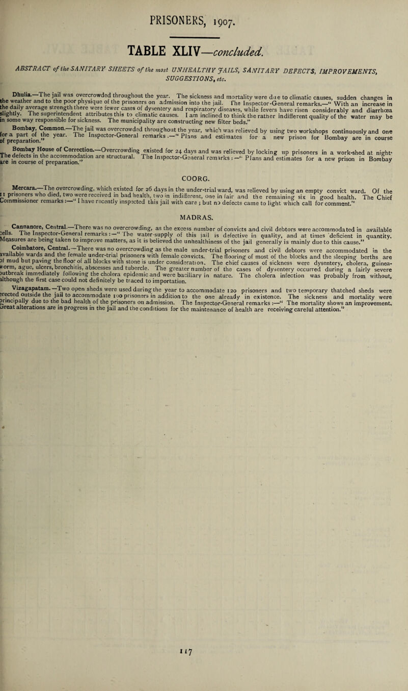 TABLE XLIV—concluded. ABSTRACT of the SANITARY SHEETS of the most UNHEALTHY JAILS, SANIT ARY DEFECTS, IMPROVEMENTS, SUGGESTIONS, etc. .v The jail was overcrowded throughout the year. The sickness and mortality were due to climatic causes, sudden changes in the weather and to the poor physique of the prisoners on admission into the jail. The Inspector-General remarks.—“ With an increase in ru*i aZ?ra£e str.ei’gth th®re were fewer cases of dysentery and respiratory diseases, while fevers have risen considerably and diarrhoea slightly. The superintendent attriDutes this to climatic causes. I am inclined to think the rather indifferent quality of the water may be in some way responsible for sickness. The municipality are constructing new filter beds.” Bombay, Common.—The jail was overcrowded throughout the year, which was relieved by using two workshops continuously and One ^preparation ” ^ InsPector'General remarks Plans and estimates for a new prison for Bombay are in course T, Bombay House of Correction.—Overcrowding existed for 24 days and was relieved by locking up prisoners in a The defects in the accommodation are structural. The Inspector-General remarks : —£- Plans and estimates for a new are in course of preparation. work-shed prison in at night* Bombay COORG. Mercara.—The overcrowding, which existed for 26 days in the under-trial ward, was relieved by using an empty convict ward. Of the II prisoners who died, two were received in bad health, two in indifferent, one in fair and the remaining six in good health. The Chief Commissioner remarks . I have recently inspected this jail with care ; but no defects came to light which call for comment.” MADRAS. „ Cannanore, Central. There was no overcrowding, as the excess number of convicts and civil debtors were accommodated in available ^e s. 1 ne nspector-General remarks Ihe water-supply of this jail is defective in quality, and at times deficient in quantity, leasures are being taken to improve matters, as it is believed the unhealthiness of the jail generally is mainly due to this cause.” Cojmtatae, Central. There was no overcrowding as the male under-trial prisoners and civil debtors were accommodated in the available wards and the female under-trial prisoners with female convicts. The flooring of most of the blocks and the sleeping berths are Df mud but paving the floor of all blocks with stone is under consideration. The chief causes of sickness were dysentery, cholera, guinea- Rorm, ague, ulcers, bronchilis, abscesses and tubercle. The greater number of the cases of dysentery occurred during a fairly severe autbreak immediately following the cholera epidemic and were baciliary in nature. The cholera infection was probably from without, although the first case could not definitely be traced to importation. Vizagapatam.—Two open sheds were used during the year to accommodate 120 prisoners and two temporary thatched sheds were erected outside the jail to accommodate 100 prisoners in addition to the one already in existence. The sickness and mortality were erincipally due to the bad health of the prisoners on admission. The Inspector-General remarks :—“ The mortality shows an improvement, ureat alterations are in progress in the jail and the conditions for the maintenance of health are receiving careful attention.”