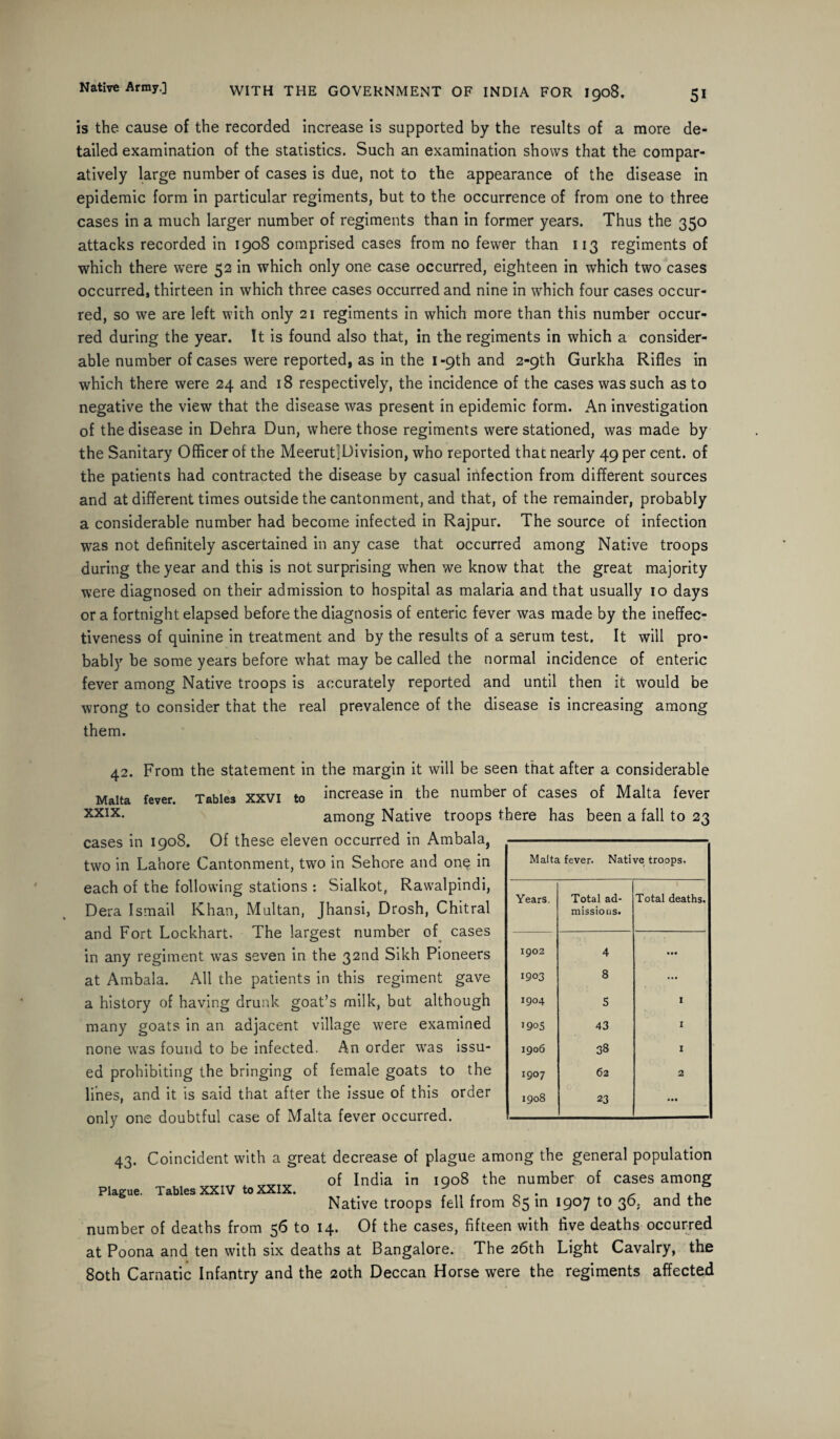 is the cause of the recorded increase is supported by the results of a more de¬ tailed examination of the statistics. Such an examination shows that the compar¬ atively large number of cases is due, not to the appearance of the disease in epidemic form in particular regiments, but to the occurrence of from one to three cases in a much larger number of regiments than in former years. Thus the 350 attacks recorded in 1908 comprised cases from no fewer than 113 regiments of which there were 52 in which only one case occurred, eighteen in which two cases occurred, thirteen in which three cases occurred and nine in which four cases occur¬ red, so we are left with only 21 regiments in which more than this number occur¬ red during the year. It is found also that, in the regiments in which a consider¬ able number of cases were reported, as in the 1-9th and 2-9th Gurkha Rifles in which there were 24 and 18 respectively, the incidence of the cases was such as to negative the view that the disease was present in epidemic form. An investigation of the disease in Dehra Dun, where those regiments were stationed, was made by the Sanitary Officer of the MeerutjDivision, who reported that nearly 49 per cent, of the patients had contracted the disease by casual infection from different sources and at different times outside the cantonment, and that, of the remainder, probably a considerable number had become infected in Rajpur. The source of infection was not definitely ascertained in any case that occurred among Native troops during the year and this is not surprising when we know that the great majority were diagnosed on their admission to hospital as malaria and that usually 10 days or a fortnight elapsed before the diagnosis of enteric fever was made by the ineffec¬ tiveness of quinine in treatment and by the results of a serum test. It will pro¬ bably be some years before what may be called the normal incidence of enteric fever among Native troops is accurately reported and until then it would be wrong to consider that the real prevalence of the disease is increasing among them. 42. From the statement in the margin it will be seen that after a considerable Malta fever. Tables xxvi to increase in the number of cases of Malta fever XXIX- among Native troops there has been a fall to 23 cases in 1908. Of these eleven occurred in Ambala, two in Lahore Cantonment, two in Sehore and one in each of the following stations : Sialkot, Rawalpindi, Dera Ismail Khan, Multan, Jhansi, Drosh, Chitral and Fort Lockhart, The largest number of cases in any regiment was seven in the 32nd Sikh Pioneers at Ambala. All the patients in this regiment gave a history of having drunk goat’s milk, but although many goats in an adjacent village were examined none was found to be infected. An order was issu¬ ed prohibiting the bringing of female goats to the lines, and it is said that after the issue of this order only one doubtful case of Malta fever occurred. Malta fever. Native troops. Years. Total ad¬ missions. S Total deaths. 1902 4 1903 8 t 1904 5 I 1905 43 1 1906 38 1 1907 62 2 1908 23 • •• 43. Coincident with a great decrease of plague among the general population of India in iqo8 the number of cases among Plague. Tables XXIV to XXIX. f f 0 . , , * Native troops fell from 85 in 1907 to 36. and the number of deaths from 56 to 14. Of the cases, fifteen with five deaths occurred at Poona and ten with six deaths at Bangalore. The 26th Light Cavalry, the 80th Carnatic Infantry and the 20th Deccan Horse were the regiments affected