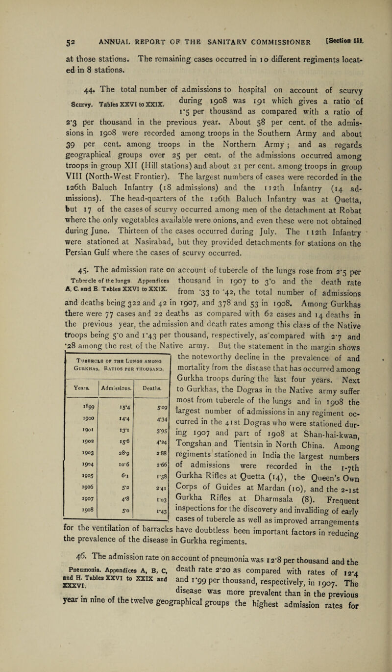 at those stations. The remaining cases occurred in io different regiments locat¬ ed in 8 stations. 44. The total number of admissions to hospital on account of scurvy Scurvy. Table.XXVI toxxix. dur!nS *9°8 was '91 which gives a ratio of i*5 per thousand as compared with a ratio of 2*3 per thousand in the previous year. About 58 per cent, of the admis¬ sions in 1908 were recorded among troops in the Southern Army and about 39 per cent, among troops in the Northern Army ; and as regards geographical groups over 25 per cent, of the admissions occurred among troops in group XII (Hill stations) and about 21 per cent, among troops in group VIII (North-West Frontier). The largest numbers of cases were recorded in the 126th Baluch Infantry (18 admissions) and the 112th Infantry (14 ad¬ missions). The head-quarters of the 126th Baluch Infantry was at Quetta, but 17 of the cases of scurvy occurred among men of the detachment at Robat where the only vegetables available were onions, and even these were not obtained during June. Thirteen of the cases occurred during July. The 112th Infantry were stationed at Nasirabad, but they provided detachments for stations on the Persian Gulf where the cases of scurvy occurred. 45. The admission rate on account of tubercle of the lungs rose from 2*5 per Tubercle of the lungs Appendices thousand in 1907 to 3*0 and the death rate A, c. and E. Tables XXVI to XXIX. from -33 to‘42, the total number of admissions and deaths being 322 and 42 in 1907, and 378 and 53 in 1908. Among Gurkhas there were 77 cases and 22 deaths as compared with 62 cases and 14 deaths in the previous year, the admission and death rates among this class of the Native troops being 5*0 and 1*43 per thousand, respectively, as'compared with 27 and •28 among the rest of the Native army. But the statement in the margin shows the noteworthy decline in the prevalence of and mortality from the disease that has occurred among Gurkha troops during the last four years. Next to Gurkhas, the Dogras in the Native army suffer most from tubercle of the lungs and in 1908 the largest number of admissions in any regiment oc¬ curred in the 41st Dogras who were stationed dur¬ ing 1907 and part of 1908 at Shan-hai-kwan, Tongshan and Tientsin in North China. Among regiments stationed in India the largest numbers of admissions were recorded in the 1 -7 th Gurkha Rifles at Quetta (14), the Queen’s Own Corps of Guides at Mardan (10), and the 2-ist Gurkha Rifles at Dharmsala (8). Frequent inspections for the discovery and invaliding of early cases of tubercle as well as improved arrangements Tubercle of the Lungs among Gurkhas. Ratios per thousand. Years. Admissions. Deaths. 1899 15*4 5'°9 1900 14*4 4’34 1901 ,3'1 3'95 1902 IS’6 4*24 1903 28’9 2'88 1904 io‘6 2-66 • 905 1-58 1906 5*2 241 1907 4*8 l-03 1908 S’o 1*43 or t e ventilation of barracks have doubtless been important factors in reducing the prevalence of the disease in Gurkha regiments. 46. The admission rate on account of pneumonia was 12’8 per thousand and the Pneumonia. Appendices A, B, c, death rate 2*20 as compared with rates of 12*4 and^R Tables xxvi to xxix and and 1*99 per thousand, respectively, in 1907. The V . disease was more prevalent than in the previous year m nine of the twelve geographical groups the highest admission rates for