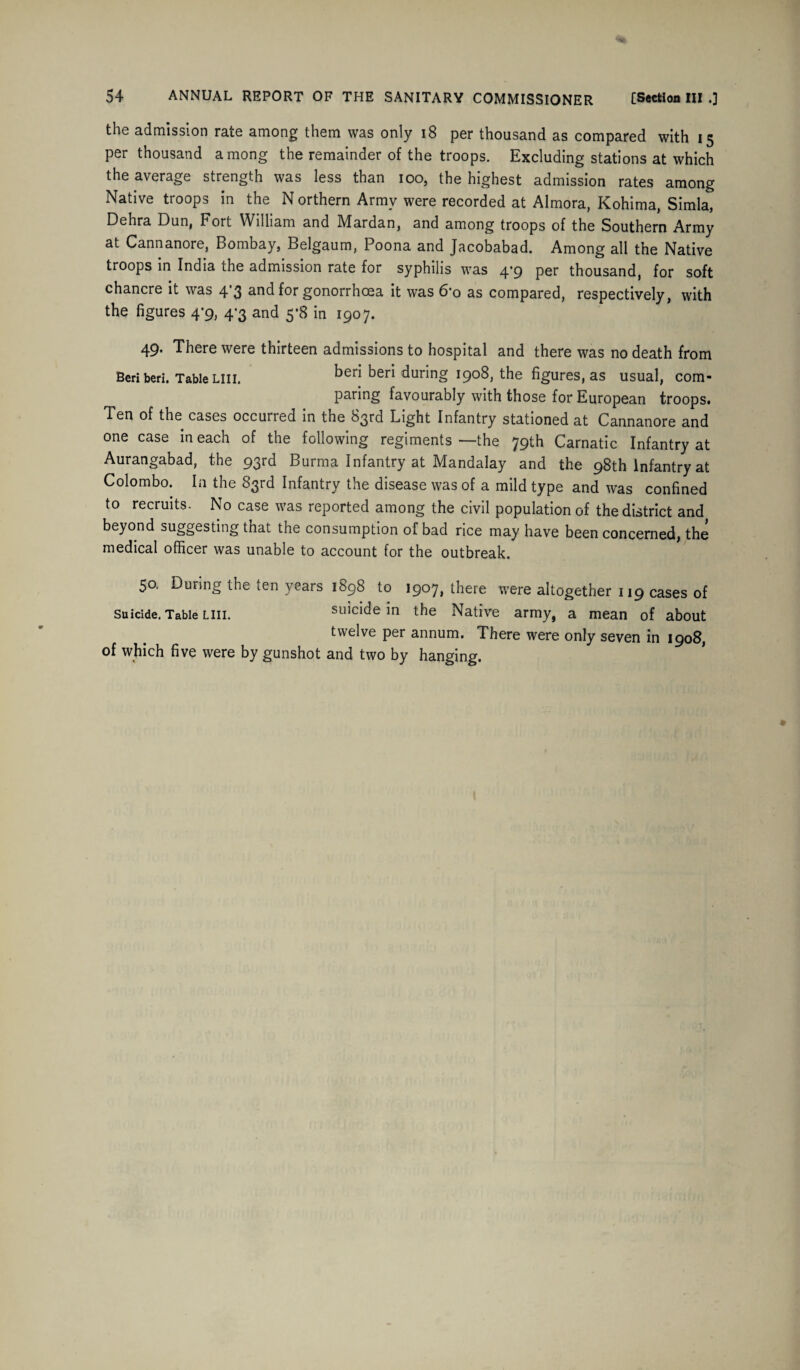 the admission rate among them was only 18 per thousand as compared with 15 per thousand among the remainder of the troops. Excluding stations at which the average strength was less than 100, the highest admission rates among Native troops in the N orthern Army were recorded at Almora, Kohima, Simla, Dehra Dun, Fort William and Mardan, and among troops of the Southern Army at Cannanore, Bombay, Belgaum, Poona and Jacobabad. Among all the Native troops in India the admission rate for syphilis was 4*9 per thousand, for soft chancre it was 4 3 and for gonorrhoea it was 6*o as compared, respectively, with the figures 4*9, 4^3 and 5*8 in 1907. 49. There were thirteen admissions to hospital and there was no death from Beri beri. Table Liu. beri beri during 1908, the figures, as usual, com¬ paring favourably with those for European troops. Ten of the cases occutied in the 83rd Light Infantry stationed at Cannanore and one case in each of the following regiments—the 79th Carnatic Infantry at Aurangabad, the 93rd Burma Infantry at Mandalay and the 98th infantry at Colombo. In the 83rd Infantry the disease was of a mild type and was confined to recruits. No case was reported among the civil population of the district and beyond suggesting that the consumption of bad rice may have been concerned, the medical officer was unable to account for the outbreak. 50. During the ten years 1^98 to I9°7> there were altogether 119 cases of Suicide. Table LIII. suicide in the Native army, a mean of about twelve per annum. There were only seven in 1908, of which five were by gunshot and two by hanging.