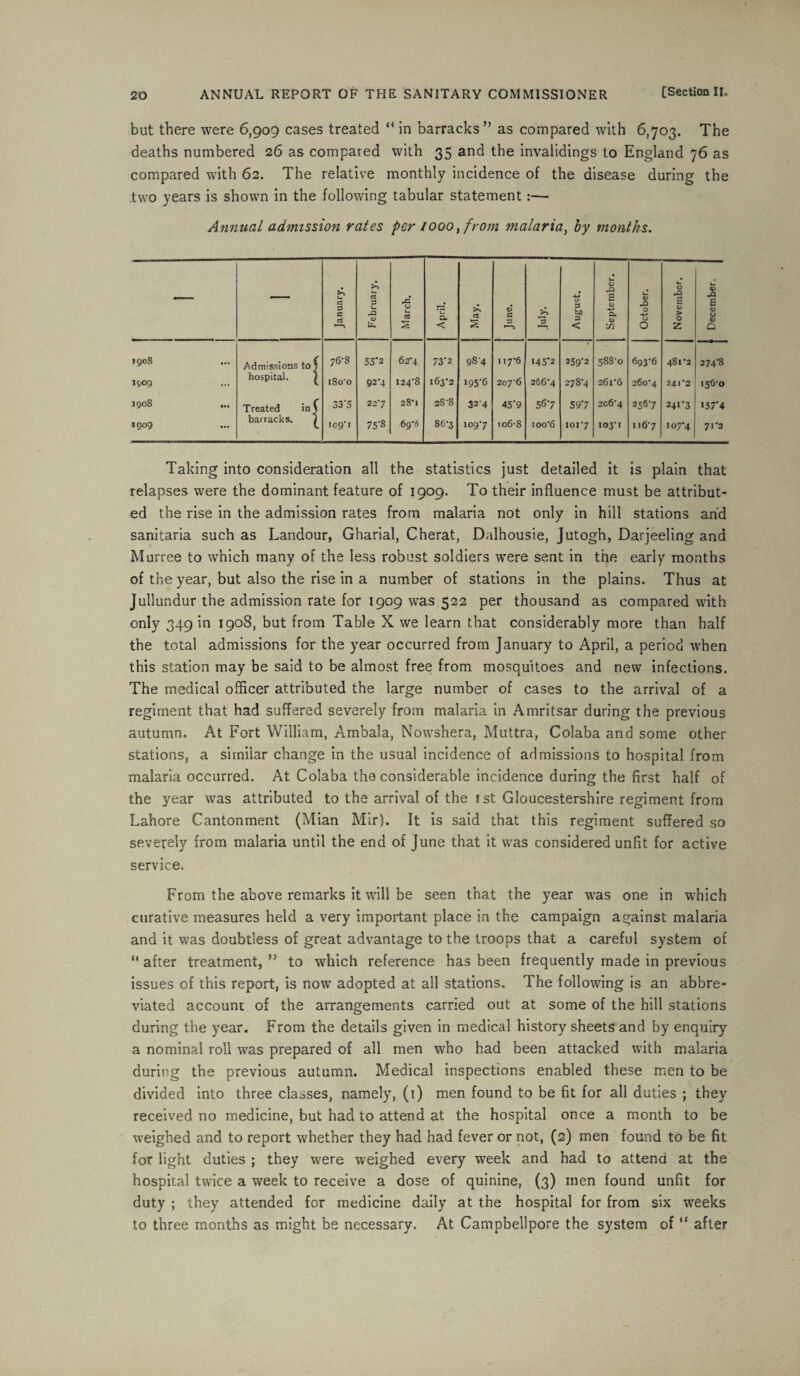 but there were 6,909 cases treated “ in barracks ” as compared with 6,703. The deaths numbered 26 as compared with 35 and the invalidings to England 76 as compared with 62. The relative monthly incidence of the disease during the two years is shown in the following tabular statement:— Annual admission rates per /000, from malaria, by months. — — January. February. March. April. May. June. if* 3 August. September. October. November, December. >908 Admissions to 1 76-8 55’2 62*4 73'2 98-4 117*6 '45*2 259*2 588*0 693*6 4Si*2 274*8 1909 hospital. iSo'o 92'4 I24'8 163*2 !95’6 2o7‘6 266*4 278*4 261*6 260*4 241*2 156*0 1908 Treated ini 33'5 22*7 28*1 2S-8 324 45‘9 56*7 59*7 206*4 256*7 241*3 157*4 1909 barracks. | 109*1 75'S 69*6 86*3 109*7 106-8 ioo*6 101*7 103*1 116*7 107*4 71*2 Taking into consideration all the statistics just detailed it is plain that relapses were the dominant feature of 1909. To their influence must be attribut¬ ed the rise in the admission rates from malaria not only in hill stations and sanitaria such as Landour, Gharial, Cherat, Dalhousie, Jutogh, Darjeeling and Murree to which many of the less robust soldiers were sent in the early months of the year, but also the rise in a number of stations in the plains. Thus at Jullundur the admission rate for 1909 was 522 per thousand as compared with only 349 in 1908, but from Table X we learn that considerably more than half the total admissions for the year occurred from January to April, a period when this station may be said to be almost free from mosquitoes and new infections. The medical officer attributed the large number of cases to the arrival of a regiment that had suffered severely from malaria in Amritsar during the previous autumn. At Fort William, Ambala, Nowshera, Muttra, Colaba and some other stations, a similar change in the usual incidence of admissions to hospital from malaria occurred. At Colaba the considerable incidence during the first half of the year was attributed to the arrival of the 1 st Gloucestershire regiment from Lahore Cantonment (Mian Mir). It is said that this regiment suffered so severely from malaria until the end of June that it was considered unfit for active service. From the above remarks it will be seen that the year was one in which curative measures held a very important place in the campaign against malaria and it was doubtless of great advantage to the troops that a careful system of “ after treatment, ” to which reference has been frequently made in previous issues of this report, is now adopted at all stations. The following is an abbre¬ viated account of the arrangements carried out at some of the hill stations during the year. From the details given in medical history sheetsand by enquiry a nominal roll was prepared of all men who had been attacked with malaria during the previous autumn. Medical inspections enabled these men to be divided into three classes, namely, (1) men found to be fit for all duties ; they received no medicine, but had to attend at the hospital once a month to be weighed and to report whether they had had fever or not, (2) men found to be fit for light duties ; they were weighed every week and had to attend at the hospital twice a week to receive a dose of quinine, (3) men found unfit for duty ; they attended for medicine daily at the hospital for from six weeks to three months as might be necessary. At Campbellpore the system of “ after