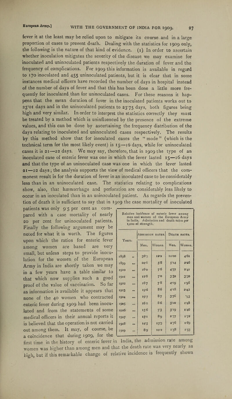 27 WITH THE GOVERNMENT OF INDIA FOR 1909. fever it at the least may be relied upon to mitigate its course, and in a large proportion ot cases to prevent death. Dealing with the statistics for 1909 only, the following is the nature of that kind of evidence. (1) In order to ascertain whether inoculation mitigates the severity of the disease we may examine for inoculated and uninoculated patients respectively the duration of fever and the frequency of complications. For 1909 this information is available in regard to 170 inoculated and 455 uninoculated patients, but it is clear that in some instances medical officers have recorded the number of days in hospital instead of the number of days of fever and that this has been done a little more fre¬ quently for inoculated than for uninoculated cases. For these reasons it hap¬ pens that the mean duration of fever in the inoculated patients works out to 23*01 days and in the uninoculated patients to 2375 days, both figures being high and very similar. In order to interpret the statistics correctly they must be treated by a method which is uninfluenced by the presence of the extreme values, and this can be done by ascertaining the frequency distribution of the days relating to inoculated and uninoculated cases respectively. The results by this method show that for inoculated cases the “ mode ” (which is the technical term for the most likely event) is 15—16 days, while for uninoculated cases it is 21—22 days. We may say, therefore, that in 1909 the type of an inoculated case of enteric fever was one in which the fever lasted 15—16 days and that the type of an uninoculated case was one in which the fever lasted 21—22 days; the analysis supports the view of medical officers that the com¬ monest result is for the duration of fever in an inoculated case to be considerably less than in an uninoculated case. The statistics relating to complications show, also, that haemorrhage and perforation are considerably less likely to occur in an inoculated than in an uninoculated patient. As regards the preven¬ tion of death it is sufficient to say that in 1909 the case mortality of inoculated patients was only 9 5 per cent as com¬ pared with a case mortality of nearly 20 per cent for uninoculated patients. Finally the following argument may be noted for what it is worth. The figures upon which the ratios for enteric fever among women are based are very small, but unless steps to provide inocu¬ lation for the women of the European Army in India are shortly taken we may in a few years have a table similar to that which now supplies such a good proof of the value of vaccination. So far as information is available it appears that none of the 40 women who contracted enteric fever during 1909 had been inocu¬ lated and from the statements of some medical officers in their annual reports it is believed that the operation is not carried out among them. It may, of course, be a coincidence that during 19°9> ^or the first time in the history of enteric fever in India, the admission rate among women was higher than among men and that the death rate was very nearly as high, but if this remarkable change of relative incidence is frequently shown Relative incidence of enteric fever among men and women of the European Army in India. Admission and death rates per 1,000 of strength. Years. Admission rates. Death RATES. Men. Women. Wen. Women. 1898 3<5'3 12*2 10'00 4*81 1899 ... 20*6 5-3 5’>4 2*26 1900 ... 16-o 7*6 477 2*4! 1901 ... 12-8 70 332 3-30 1902 167 78 4-29 1*96 1903 19'd 86 4*lS 2*42 1904 ... 197 87 376 *93 1905 161 86 3'oo 1*48 1906 ... IS'6 73 3‘i9 1*46 1907 131 8*9 277 1*72 1908 I4‘5 13*3 2*76 1*89 89 10'2 1-58 >•53