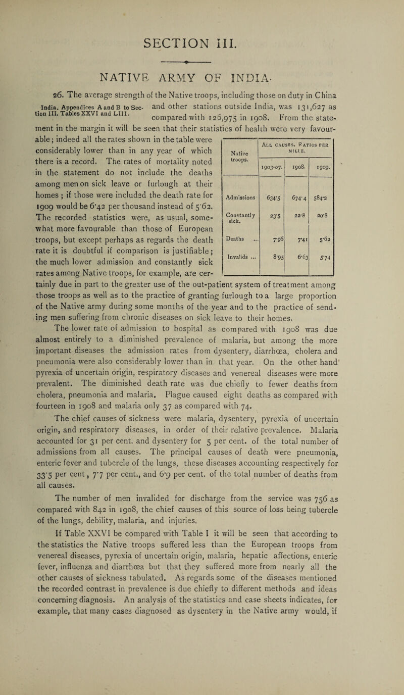 ♦ NATIVE ARMY OF INDIA. 26. The average strength of the Native troops, including those on duty in China India. Appendices A and B to Sec- and other stations outside India, was 131,627 as tion III. TablesXXVI and LIII. , • , ^ - o u -1 compared with 120,975 in 1908. hrom the state-* ment in the margin it will be seen that their statistics of health were very favour¬ able; indeed all the rates shown in the table were considerably lower than in any year of which there is a record. The rates of mortality noted in the statement do not include the deaths among men on sick leave or furlough at their homes ; if those were included the death rate for 1909 would be 6*42 per thousand instead of 5'62. The recorded statistics were, as usual, some¬ what more favourable than those of European troops, but except perhaps as regards the death the much lower admission and constantly sick rates among Native troops, for example, are cer¬ Native All causes. Ratios per mille. troops. 1903-07. 1908. 1909. | Admissions 634'5 674-4 584-2 j Constantly sick. 23-5 22-8 2o’8 i Deaths 7-96 7-41 5-62 ! Invalids ... 8-95 6-63 574 tainly due in part to the greater use of the out-patient system of treatment among those troops as well as to the practice of granting furlough to a large proportion of the Native army during some months of the year and to the practice of send¬ ing men suffering from chronic diseases on sick leave to their homes. The lower rate of admission to hospital as compared with 1908 was due almost entirely to a diminished prevalence of malaria, but among the more important diseases the admission rates from dysentery, diarrhcea, cholera and pneumonia were also considerably lower than in that year. On the other hand pyrexia of uncertain origin, respiratory diseases and venereal diseases were more prevalent. The diminished death rate was due chiefly to fewer deaths from cholera, pneumonia and malaria. Plague caused eight deaths as compared with fourteen in 1908 and malaria only 37 as compared with 74. The chief causes of sickness were malaria, dysentery, pyrexia of uncertain origin, and respiratory diseases, in order of their relative prevalence. Malaria accounted for 31 per cent, and dysentery for 5 per cent, of the total number of admissions from all causes. The principal causes of death were pneumonia, enteric fever and tubercle of the lungs, these diseases accounting respectively for 33 5 per cent, 7*7 per cent., and 6*9 per cent, of the total number of deaths from all causes. The number of men invalided for discharge from the service was 756 as compared with 842 in 1908, the chief causes of this source of loss being tubercle of the lungs, debility, malaria, and injuries. If Table XXVI be compared with Table I it will be seen that according to the statistics the Native troops suffered less than the European troops from venereal diseases, pyrexia of uncertain origin, malaria, hepatic affections, enteric fever, influenza and diarrhoea but that they suffered more from nearly all the other causes of sickness tabulated. As regards some of the diseases mentioned the recorded contrast in prevalence is due chiefly to different methods and ideas concerning diagnosis. An analysis of the statistics and case sheets indicates, for example, that many cases diagnosed as dysentery in the Native army would, if