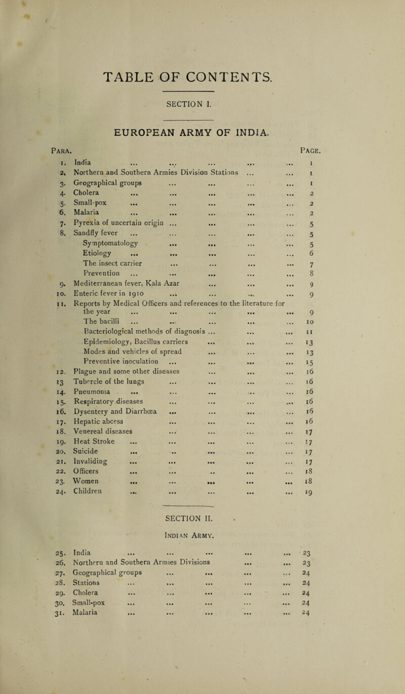 TABLE OF CONTENTS. SECTION I. EUROPEAN ARMY OF INDIA. Para. i. I nd 1 cl ... ... ... 1 • • * • • • Page. 1 2. Northern and Southern Armies Division Stations • • • • • • 1 3- Geographical groups • . • IM 1 4- Cholera ... ... ... • • • • • • 2 5- Small-pox • . a 2 6. Malaria • • a a a a 2 7- Pyrexia of uncertain origin ... • • • a • a 5 8. Sandfly fever a a a 5 Symptomatology ... ... • « • a a a 5 Etiology • ♦ • a a • 6 The insect carrier • • • • • a 7 Prevention • • • • • • 8 9- Mediterranean fever, Kala Azar • • • • • S 9 IO. Enteric fever in 1910 • • • 9 11. Reports by Medical Officers and references to the literature for the year • •• 9 The bacilli • • • a a • 10 Bacteriological methods of diagnosis ... • • • a • • ti Epidemiology, Bacillus carriers a a a a a • *3 Modes and vehicles of spread • • • • • • ^3 Preventive inoculation • •• a a • 15 I 2. Plague and some other diseases • • a a a « 16 13 Tubercle of the lungs • f* • a . a 16 14. Pneumonia ... ■ • • a • a 16 15- Respiratory diseases • • • «a a 16 16. Dysentery and Diarrhoea ... • • • a • a 16 i7- Hepatic abcess a a a • a a 16 18. Venereal diseases • • • a a a i7 19. Heat Stroke • • a • • a 17 20. Suicide • • a a a a i7 21. Invaliding • • • a • a 17 22. Officers • • • a a a 18 23- Women ... ... ... • •• • •• 18 24. Children .„ »•< • a a ‘9 SECTION II. Indian Army. 25- India a a a a a a ••• 23 26. Northern and Southern Armies Divisions aa a 23 27. Geographical groups • •• a a a • .a 24 28. Stations a a a • a a a a a 2 4“ 29. Cholera a a • a • a a a a 24 30. Small-pox a a a ... a a a 24 3»- Malaria a a a a a a • a a 24