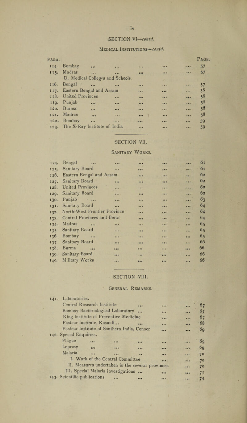 SECTION Vi —contd. Medical Institutions—contd. Para. i 14. Bombay ... ... • • • Page 57 Madras • •• • • • ... 57 116. D. Medical Colleges and Schools. Bengal • • • 57 117. Eastern Bengal and Assam • . • • • t . . • 58 118. United Provinces • «• • • • • • ■ 58 119. Punjab Ml Ml • • • 58 120. Burma ... ... • • • • • • • • • 58 121. Madras ... • •• • • • • • • 58 122. Bombay • • • Ml • • • 59 123. The X-Ray Institute of India • • • III • • • 59 124. SECTION VII. Sanitary Works. Bengal • • • • • • 61 125. Sanitary Board Mt • » • 61 126. Eastern Bengal and Assam • 0 • 62 127. Sanitary Board 62 128. United Provinces 62 129. Sanitary Board • • • 62 130. Punjab t • • 63 I31- Sanitary Board • M 64 132. North-West Frontier Province • • • 64 133- Central Provinces and Berar • •• • • « 64 i34. Madras • • • 65 135* Sanitary Board • . • 65 136. Bombay • • • • * • 65 137* Sanitary Board • • • 66 138. Burma ... ... • • • 66 139* Sanitary Board 66 140. Military Works • •• • « • • • • 66 SECTION VIII. General Remarks. Hi* Laboratories. Central Research Institute • • • • • • 67 Bombay Bacteriological Laboratory ... it* • • • 67 King Institute of Preventive Medicine • • • • • • 67 Pasteur Institute, Kasauli... ... • • • • •• 68 Pasteur Institute of Southern India, Conoor • • • • M 69 142. Special Enquiries. Plague • • • Ml 69 Leprosy • • « • • • 69 Malaria • • • 70 I. Work of the Central Committee Ml • • • 70 II. Measures undertaken in the several provinces • • • 70 III. Special Malaria investigations ... • •• • •• 71 H3- Scientific publications ... ... • • • • • • 74