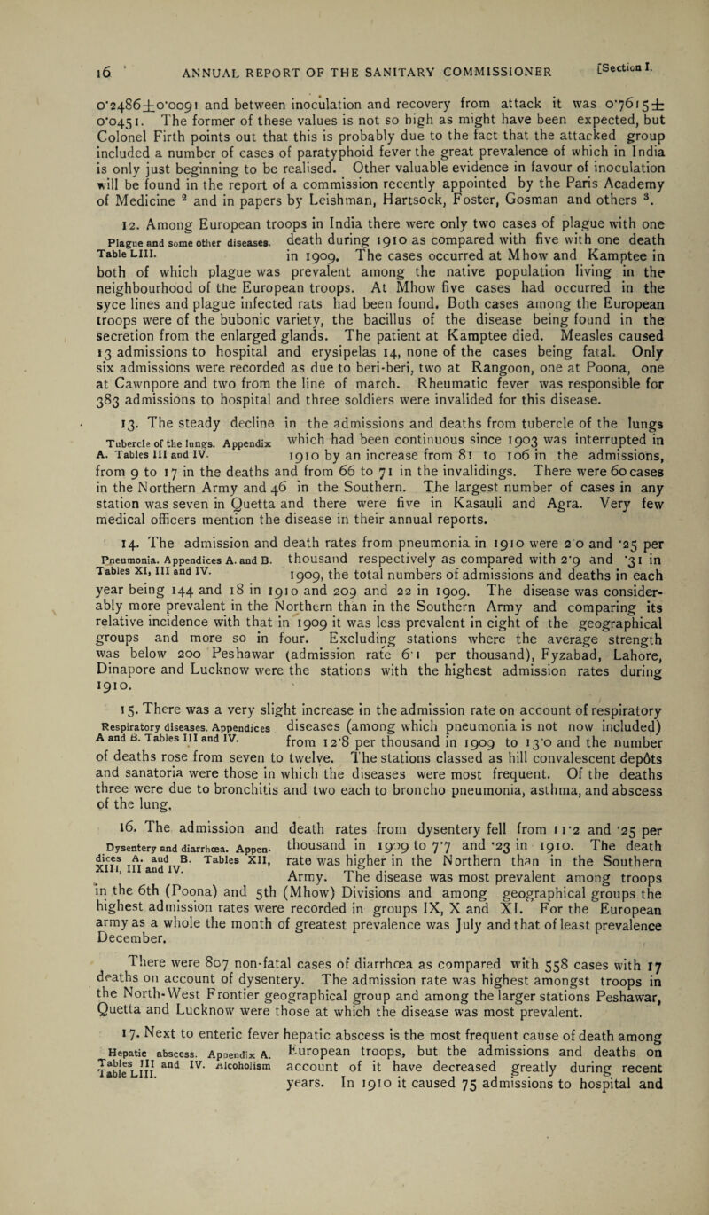 0*2486420*0091 and between inoculation and recovery from attack it was 0*76154: 0*0451. The former of these values is not so high as might have been expected, but Colonel Firth points out that this is probably due to the fact that the attacked group included a number of cases of paratyphoid fever the great prevalence of which in India is only just beginning to be realised. Other valuable evidence in favour of inoculation will be found in the report of a commission recently appointed by the Paris Academy of Medicine 2 and in papers by Leishman, Hartsock, Foster, Gosman and others 3. 12. Among European troops in India there were only two cases of plague with one Plague and some other diseases, death during 1910 as compared with five with one death Table Lin. in 1909, The cases occurred at Mhow and Kamptee in both of which plague was prevalent among the native population living in the neighbourhood of the European troops. At Mhow five cases had occurred in the syce lines and plague infected rats had been found. Both cases among the European troops were of the bubonic variety, the bacillus of the disease being found in the secretion from the enlarged glands. The patient at Kamptee died. Measles caused 13 admissions to hospital and erysipelas 14, none of the cases being fatal. Only six admissions were recorded as due to beri-beri, two at Rangoon, one at Poona, one at Cawnpore and two from the line of march. Rheumatic fever was responsible for 383 admissions to hospital and three soldiers were invalided for this disease. 13. The steady decline in the admissions and deaths from tubercle of the lungs Tubercle Of the lungs. Appendix which had been continuous since 1903 was interrupted in a. Tables in and iv. 191o by an increase from 81 to 106 in the admissions, from 9 to 17 in the deaths and from 66 to 71 in the invalidings. There were 60 cases in the Northern Army and 46 in the Southern. The largest number of cases in any station was seven in Quetta and there were five in Kasauli and Agra. Very few medical officers mention the disease in their annual reports. 14. The admission and death rates from pneumonia in 1910 were 2 0 and *25 per Pneumonia. Appendices A. and B. thousand respectively as compared with 2*9 and ‘31 in Tables xi, hi and IV. 1909, the total numbers of admissions and deaths in each year being 144 and 18 in 1910 and 209 and 22 in 1909. The disease was consider¬ ably more prevalent in the Northern than in the Southern Army and comparing its relative incidence with that in 1909 it was less prevalent in eight of the geographical groups and more so in four. Excluding stations where the average strength was below 200 Peshawar (admission rate 61 per thousand), Fyzabad, Lahore, Dinapore and Lucknow were the stations with the highest admission rates during 1910. 15. There was a very slight increase in the admission rate on account of respiratory Respiratory diseases. Appendices diseases (among which pneumonia is not now included) A and a Tables in and iv. frora I2-8 per thousand in 1909 to 13*0 and the number of deaths rose from seven to twelve. The stations classed as hill convalescent depdts and sanatoria were those in which the diseases were most frequent. Of the deaths three were due to bronchitis and two each to broncho pneumonia, asthma, and abscess of the lung. 16. The admission and death rates from dysentery fell from 11*2 and '25 per Dysentery and diarrhoea. Appen. thousand in 1909^7*7 and *23 in 1910. The death xilf in andW8 TabIes X1I» rate was higher in the Northern than in the Southern Army. The disease was most prevalent among troops in the 6th (Poona) and 5th (Mhow) Divisions and among geographical groups the highest admission rates were recorded in groups IX, X and XI. For the European army as a whole the month of greatest prevalence was July and that of least prevalence December. There were 807 non-fatal cases of diarrhoea as compared with 558 cases with 17 deaths on account of dysentery. The admission rate was highest amongst troops in the North-West Frontier geographical group and among the larger stations Peshawar, Quetta and Lucknow were those at which the disease was most prevalent. 1 7. Next to enteric fever hepatic abscess is the most frequent cause of death among Hepatic abscess. Appendix A. European troops, but the admissions and deaths on Table Li 11 and IV’ ‘ftlcohoJism account of it have decreased greatly during recent years. In 1910 it caused 75 admissions to hospital and