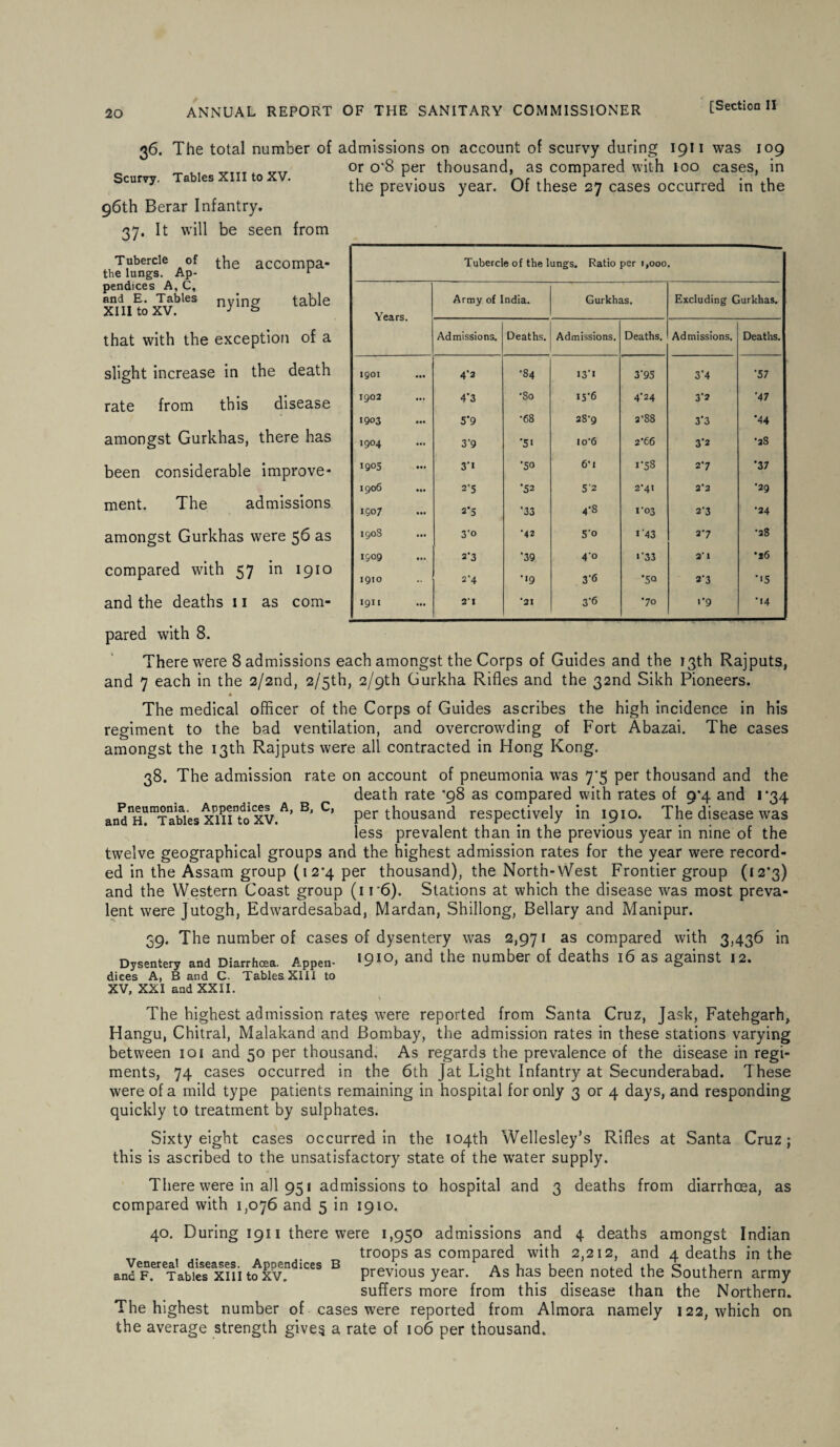 36. The total number of admissions on account of scurvy during 1911 was 109 0 -o_ _j _1 -A. . _ ■ Scurvy. Tables XIII to XV. 96th Berar Infantry. 37. It will be seen from or o*8 per thousand, as compared with 100 cases, in the previous year. Of these 27 cases occurred in the Tubercle of the accompa- the lungs. Ap- r pendices A, C, xn,»xvWes ny'ln2 table Tubercle of the lungs. Ratio per 1,000. Years. Army of India. Gurkhas. Excluding Gurkhas. that with the exception of a Admissions. Deaths. Admissions. Deaths. Admissions. Deaths. slight increase in the death 1901 4*2 ’84 I3*i 3*95 3*4 *57 rate from this disease 1902 4*3 •80 15*6 4*24 3*2 '47 1903 5*9 •68 28’9 3-88 3*3 *44 amongst Gurkhas, there has 1904 3*9 *5i lo'6 2*66 3*2 •28 been considerable improve- 1905 3*1 •50 6'1 1*58 2*7 *37 1906 ... 2*5 *52 5‘2 2*41 2*2 ■29 ment. The admissions 1507 2*5 *33 4*8 ro3 2*3 •24 amongst Gurkhas were 56 as 1908 3*o *42 5*o 1'43 2*7 •28 1509 2*3 *39 4*o »*33 2* 1 •26 compared with 57 in 1910 1910 2*4 *»9 3*6 *5Q 2*3 *'5 and the deaths 11 as com- 1911 2‘ I *21 3*6 *70 1*9 *14 pared with 8. There were 8 admissions each amongst the Corps of Guides and the 13th Rajputs, and 7 each in the 2/2nd, 2/5th, 2/9U1 Gurkha Rifles and the 32nd Sikh Pioneers. * The medical officer of the Corps of Guides ascribes the high incidence in his regiment to the bad ventilation, and overcrowding of Fort Abazai. The cases amongst the 13th Rajputs were all contracted in Hong Kong. 38. The admission rate on account of pneumonia was 7*5 per thousand and the death rate '98 as compared with rates of 9*4 and 1*34 and^H^Weixffi^oXV.^ Bf C* per thousand respectively in 1910. The disease was less prevalent than in the previous year in nine of the twelve geographical groups and the highest admission rates for the year were record¬ ed in the Assam group (12*4 per thousand), the North-West Frontier group (12*3) and the Western Coast group (1 r6). Stations at which the disease was most preva¬ lent were Jutogh, Edwardesabad, Mardan, Shillong, Bellary and Manipur. 59. The number of cases of dysentery was 2,971 as compared with 3,436 in Dysentery and Diarrh®,, Appen- '9‘°> and the number of deaths 16 as against 12. dices A, B and C- Tables XIII to XV, XXI and XXII. The highest admission rates were reported from Santa Cruz, Jask, Fatehgarh, Hangu, Chitral, Malakand and Bombay, the admission rates in these stations varying between 101 and 50 per thousand. As regards the prevalence of the disease in regi¬ ments, 74 cases occurred in the 6th Jat Light Infantry at Secunderabad. These were of a mild type patients remaining in hospital for only 3 or 4 days, and responding quickly to treatment by sulphates. Sixty eight cases occurred in the 104th Wellesley’s Rifles at Santa Cruz; this is ascribed to the unsatisfactory state of the water supply. There were in all 951 admissions to hospital and 3 deaths from diarrhoea, as compared with 1,076 and 5 in 1910. 40. During 1911 there were 1,950 admissions and 4 deaths amongst Indian troops as compared with 2,212, and 4 deaths in the previous year. As has been noted the Southern army suffers more from this disease than the Northern. The highest number of cases were reported from Almora namely 122, which on the average strength gives a rate of 106 per thousand. Venereal diseases. Appendices B