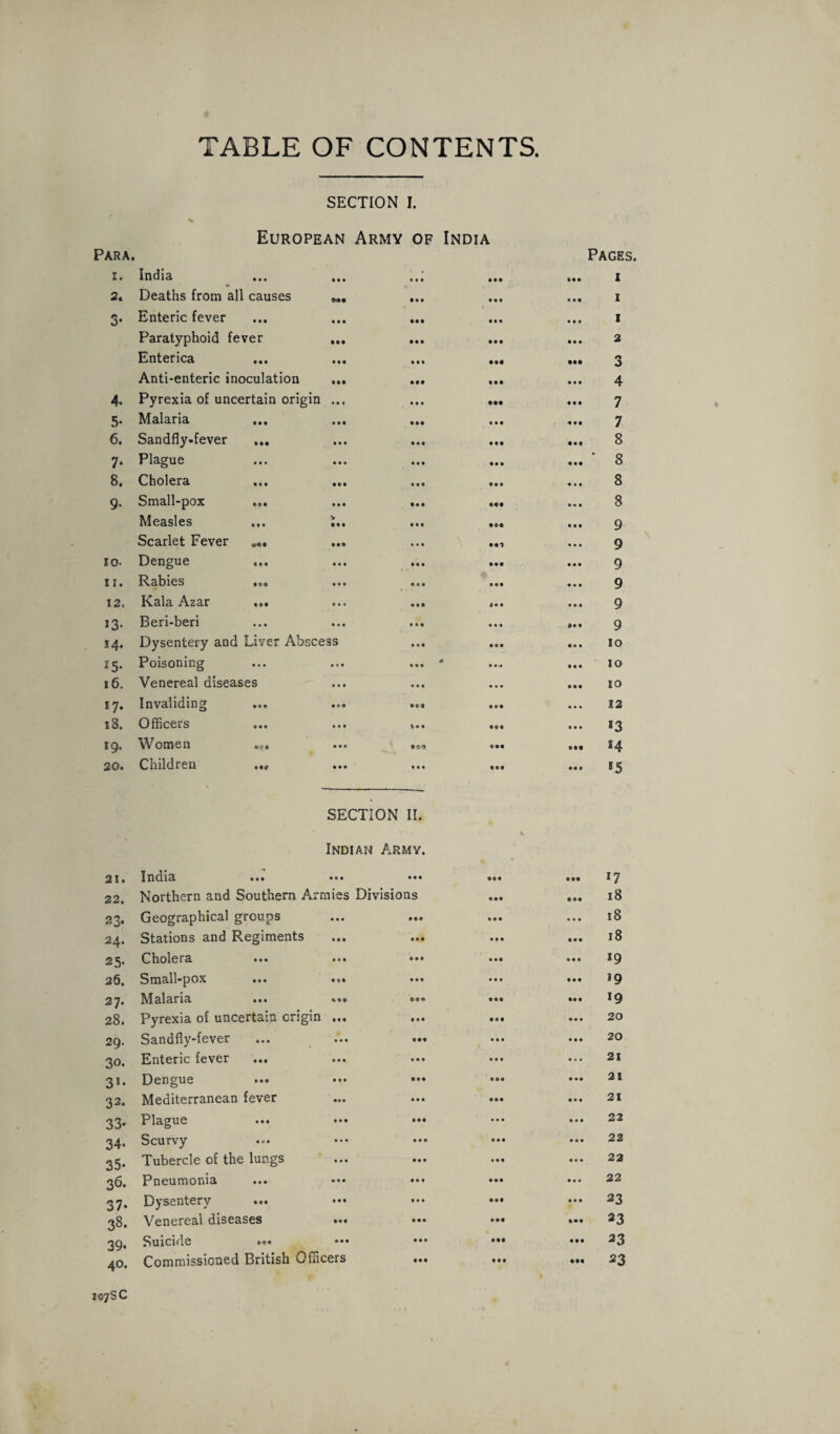 TABLE OF CONTENTS. SECTION I. European Army of India Para. Pages. I. India • • • • • • • • t • •• • •• I 2. Deaths from all causes • • • • •« • • • I 3- Enteric fever • • • • • • • •• • •• • • • I Paratyphoid fever • M • 00 • • • • • 0 2 Enterica • • • 1*1 • •• ••• 3 Anti-enteric inoculation • •• • •• • •• Ml 4 4. Pyrexia of uncertain origin »• < • • • • •• • • • 7 5- Malaria • • • • • • • • 0 • • • 0 • • 7 6. Sandfly-fever IM • • • • • • • •• • • • 8 7- Plague • • « • • • • • • • • • • •• 8 8. Cholera • • • • •• • •• 0 » « Oil 8 9* Small-pox • •• • • • • •• • •• • 1 8 Measles • • • • • • • • • • •• • • • 9 Scarlet Fever </«• • •• • • • • •1 • • ■ 9 10. Dengue • • • • • • Ml • •• • • • 9 u. Rabies • no • M • • • • •• 0 • • 9 12, Kala Azar • •• f • • • • • Ml III 9 13- Beri-beri • 4 • • • • Ml • • • • 0 • 9 14. Dysentery and Liver Abscess • • • • • • • • • 10 15* Poisoning « • • • • • 0 t • • • • • 10 16. Venereal diseases • • • • • • • • • 0 • • 10 17. Invaliding • • • • •O • CO • •• • • • 12 18. Officers • • • • • • kll • •« • • • *3 19. Women • • • • •• • •• 54 20. Children • •f • • • • • • • 00 III •5 SECTION II. Indian Army. 21. India -*• • *« • 0 • 00 • • •• 17 22. Northern and Southern Armies Divisions • •• • •• 18 23- Geographical groups • • • • •• • • • • • • 18 24. Stations and Regiments • • • • •• • • • • • • 18 2 5- Cholera • • • • • • • • • • •• Ml *9 26. Small-pox • • • • •• • •• • • • • 0 • l9 27. Malaria • • • 40* ®*o • •• • •• 19 28. Pyrexia of uncertain origin • • • • •• • •• • • • 20 29. Sandfly-fever • • • • « • • •• • • • • • • 20 30. Enteric fever • • • • • • • • • • • • 21 31* Dengue • • • • • • • •• • •• • •• 21 33. Mediterranean fever • •• • • • • •• O • • 21 33- Plague • • • • • • • •• • • • • • • 22 34. Scurvy • • • • • • • • 0 • • • • • m 22 35- Tubercle of the lungs • • « • • • • 0 • • • • 22 36. Pneumonia • • • • • • • • « • •• • • • 22 37- Dysentery • • • • • • • • « • •• • • • 23 38. Venereal diseases • 0 0 • •• • •• 23 39* Suicide • • • • • • • •• • •• 23 40. Commissioned British Officers • •• • •• • •• 23