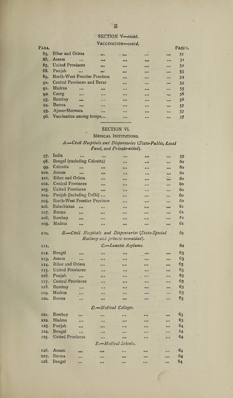 111 SECTION V-contd. Vaccination— contd. Para. PAGE 85. Bihar and Orissa ... »M • • • 9*9 51 86. Assam ... ... ••• 9 9 9 51 87. United Provinces &®0 IM 9 9 9 52 88. Punjab ... *»i • a* mi 9 9 0 53 89. North-West Frontier Province Ml • • • 9 0 9 54 90. Central Provinces and Berar • • • • • • 54 91. Madras ... ... ••0 000 9 9 9 55 92. Coorg • ® • IOO 199 5<5 93- Bombay ... • * • • • • 9 9 9 55 94. Burma ... • • • • • • 999 57 95- Ajmer-Merwara • • • 0 9 0 9 0 9 57 96. Vaccination among troops... • • • 0 0 9 9 0 9 57 SECTION VI. Medical Institutions. A.—Civil Hospitals and Dispensaries (State-Public> Local Fund} and Private-aided'). 97. India Ml 9«9 9 9 9 59 98. Bengal (excluding Calcutta) Ml Ml 9 0 0 60 99. Calcutta ... ... • 000 9 99 60 ICO. Assam ... ... * • « • * • 999 60 IOI. Bihar and Orissa • • • IM « -» 000 60 102. Central Provinces »M are 9 9 9 60 lOg. United Provinces 000 000 9 9 9 60 I04. Punjab (including Delhi) ... • 0 • • 0 9 9 0 9 60 105. North-West Frontier Province Ml 9 C 0 9 0 9 60 xc6. Baluchistan ... • • 9 109 aea 61 107. Burma 9 « • 9 9 9 09 9 61 108. Bombay 9 9 9 9 C 0 9 9 9 ti 109. Madras 999 999 99 9 61 ISO. B.—Civil Hospitals and Dispensaries (,State-Special 6j Railway and private ncn-aided). III. CV—Lunatic Asylums. 63 112. Bengal ,r. 999 999 999 63 113* Assam ... ... 0 U 0 999 099 63 114. Bihar and Orissa ... 939 9*9 999 63 115. United Provinces 909 IOf 99# 63 116. Punjab ... 999 909 909 63 117. Central Provinces ... •09 909 COO 63 118. Bombay • & «* CO'J 690 63 219. Madras »&o ... 999 999 0 9 0 63 120. Burma • M 999 0 9 9 63 D.—Medical Colleges. 121. Bombay 0 C 0 9 9 9 999 63 122. Madras 9*9 090 63 123. Punjab 9 .' 9 9 9 9 099 64 124. Bengal 9 9 9 • • • 0 0 9 64 125. United Provinces 9*<9 9*0 64 E.~ Medical Schools. 126. Assam 127. Burma 128. Bengal • • • 000 9Q>o 64 64 64