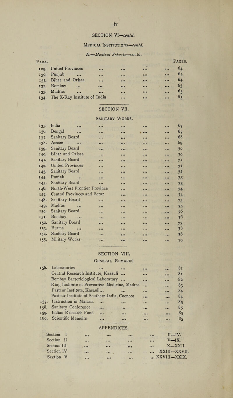 SECTION VI—contd. Medical Institutions—contd. E.—Medical Schools—contd. Para. 129. United Provinces • • • • •• • • • 13°. Punjab • • • M* III 13*. Bihar and Orissa • • • • • • Ml 132. Bombay ... ... • • « • • • III 133- Madras ••• ••• • • • • • • • • • 134* The X-Ray Institute of India • • • M • « • • *35- SECTION VII. Sanitary Works. India ... ... ... Ml 136. Bengal • • • • • • • 137- Sanitary Board 138. Assam ... ... • • • • •0 139- Sanitary Board • • • • • • 140. Bihar and Orissa • 0 • • • • 141. Sanitary Board • • • • • • 142. United Provinces • • • • • • *43- Sanitary Board t a# • • • 144. Punjab • • • H5- Sanitary Board ... • M ««• 146. North-West Frontier Province • • • • •• 147. Central Provinces and Berar • •• Ml 148. Sanitary Board • • • • • • 149. Madras Ml • •• 150. Sanitary Board • • • • 0 • I5I* Bombay • • • « »• 152. Sanitary Board • • • • •• 153- Burma ... ... • •• • •• 154- Sanitary Board Ml Ml 155- Military Works • •• • • • 156. SECTION VIII. General Remarks. Laboratories Ml Central Research Institute, Kasauli Bombay Bacteriological Laboratory • • • King Institute of Preventive Medicine, Madras • • • Pasteur Institute, Kasauli... Ml Pasteur Institute of Southern India, Coonoor i57- Instruction in Malaria • « • 158. Sanitary Conference • •• • • • J59. Indian Research Fund Ml 160. Scientific Memoirs • •• • • • • M APPENDICES. Section I • •• • M Ml II Section II • • • • • • V- Section III • •• • • • • •• X- Section IV • • • • • • • • • ... XXIII Section V • • • • • • • t • ... XXVIII Pages. 64 64 64 65 65 65 67 67 68 69 70 70 71 7* 72 73 73 74 74 75 75 76 76 77 78 78 79 81 81 82 83 84 84 85 85 85 85 .IV. ■IX. XXII. ■XXVII. ■XXIX.