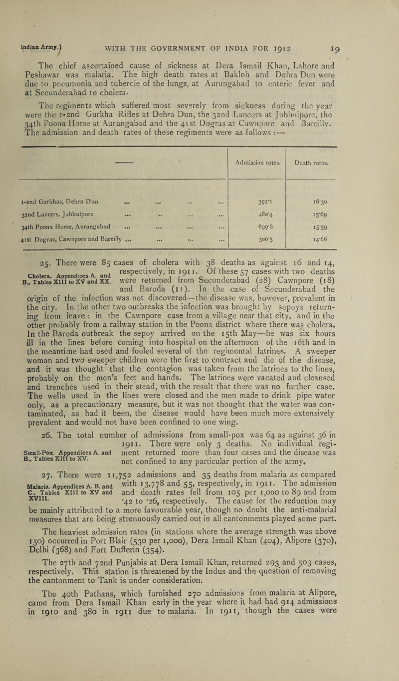 The chief ascertained cause of sickness at Dera Ismail Khan, Lahore and Peshawar was malaria. The high death rates at Bakloh and Dehra Dun were due to pneumonia and tubercle of the lungs, at Aurungabad to enteric fever and at Secunderabad 1o cholera. The regiments which suffered most severely from sickness during the year were the i-2nd Gurkha Rifles at Dehra Dun, the 32nd Lancers at Jubbulpore, the 34th Poona Horse at Aurangabad and the 41st Dogras at Cawnpore and Bareilly. The admission and death rates of these regiments were as follows : — Admission rates. Death rates. l-2nd Gurkhas, Dehra Dun ... 39i*i 16-30 32nd Lancers, Jubbulpore ... .. 4804 15*69 34th Poona Horse, Aurangabad 699‘S 15*59 41st Dogras, Cawnpore and Bareilly 306-5 14-66 25. There were 85 cases of cholera with 38 deaths as against 16 and 14, . respectively, in 1911. Of these s7 cases with two deaths B., Tables xiii to xv and xx. were returned from becunderabad (28) Cawnpore (18) and Baroda (11). In the case of Secunderabad the origin of the infection was not discovered—the disease was, however, prevalent in the city. In the other two outbreaks the infection was brought by sepoys return¬ ing from leave : in the Cawnpore case from a village near that city, and in the other probably from a railway station in the Poona district where there was cholera. In the Baroda outbreak the sepoy arrived on the 15th May—he was six hours ill in the lines before coming into hospital on the afternoon of the 16th and in the meantime had used and fouled several of the regimental latrines. A sweeper woman and two sweeper children were the first to contract and die of the disease, and it was thought that the contagion was taken from the latrines to the lines, probably on the men’s feet and hands. The latrines were vacated and cleansed and trenches used in their stead, with the result that there was no further case. The wells used in the lines were closed and the men made to drink pipe water only, as a precautionary measure, but it was not thought that the water was con¬ taminated, as had it been, the disease would have been much more extensively prevalent and would not have been confined to one wing. 26. The total number of admissions from small-pox w'as 64 as against 36 in 1911. There were only 3 deaths. No individual regi- Smail-Pox. Appendices A. and ment returned more than four cases and the disease was B., Tables xiii to xv. not confined to any particular portion of the army* 27. There were 11,752 admissions and 35 deaths from malaria as compared Malaria. Appendices A- b. and wit,h 13.778 and 55, respectively, in 1911. The admission c„ Tables xiii to xv and and death rates fell from 105 per 1,000 to 89 and from XVI11* *42 to '26, respectively. The cause for the reduction may be mainly attributed to a more favourable year, though no doubt the anti-malarial measures that are being strenuously carried out in all cantonments played some part. The heaviest admission rates (in stations where the average strength was above 150) occurred in Port Blair (530 per 1,000), Dera Ismail Khan (404), Alipore (370), Delhi (368) and Fort Dufferin (354). The 27th and 72nd Punjabis at Dera Ismail Khan, returned 293 and 503 cases, respectively. This station is threatened by the Indus and the question of removing the cantonment to Tank is under consideration. The 40th Pathans, which furnished 270 admissions from malaria at Alipore, came from Dera Ismail Khan early in the year where it had had 914 admissions in 1910 and 380 in 1911 due to malaria. In 1911, though the cases were