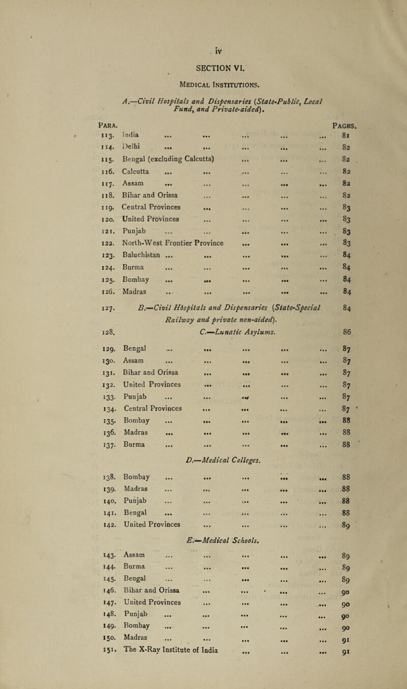 SECTION VI. Medical Institutions. A.—Civil Hospitals and Dispensaries (State-Public, Local Fundy and Private-aided). Para. 113* India • • • • . • ... . • • Pagbs. 81 114. Delhi • •• • •• • . . 82 I15* Bengal (excluding Calcutta) Ml • • • ... 82 . 116. Calcutta • M ... ... ... 82 117. Assam ... • • • ... IM • •• 82 118. Bihar and Orissa • • • Ml ... ... 82 119. Central Provinces Iff ... • • « ... 83 120. United Provinces • • • ... • . * IM S3 121. Punjab ... • • • • • . ... S3 122. North-West Frontier Province • •• • •• ... 83 123. Baluchistan ... • •• • • • • •• ... 84 124. Burma ... • M • • • • « . 84 125. Bombay • •• • • • III ... 84 126. Madras • • • • •• Ml • • • 84 127. B.—Civil Hospitals and Dispensaries (State-Special 84 128. 129. Railway and private non-aided). C.—’Lunatic Asylums. Bengal ... ... IM • . f 86 87 130- Assam • • • Ml • • • • . . 87 131- Bihar and Orissa • M Ml III Ml 87 132. United Provinces - — 1 • • 1 • • • ... 87 133- Punjab • • • • • • ... 87 *34- Central Provinces • • • • •• • l. ... 87 * 135* Bombay • • • Ml Ml 88 136. Madras Mt Ml III • t • 88 137* Burma • • • ... Ml ... 88 138. Bombay D.—Medical Colleges. • M ••• IM Ill 88 139- Madras • • • IM 88 Mo. Punjab • • • * • • Ml 88 141* Bengal ... ... ... 88 M2. United Provinces • tt ... ... ... 89 H3- Assam E.-—Medical Schools, . m » . . . • • • • • • Ml 89 M4- Burma • • • Ml Ml 89 MS- Bengal Ml • • • 89 146. Bihar and Orissa Ml * Ml 90 M7- United Provinces • M • • • 90 148. Punjab • • • • • • • • • 90 M9- Bombay • •• • •• • • • 90 I5°- Madras • « . • • t • • • 9i 15I* The X-Ray Institute of India Ml . « • • •4 9i