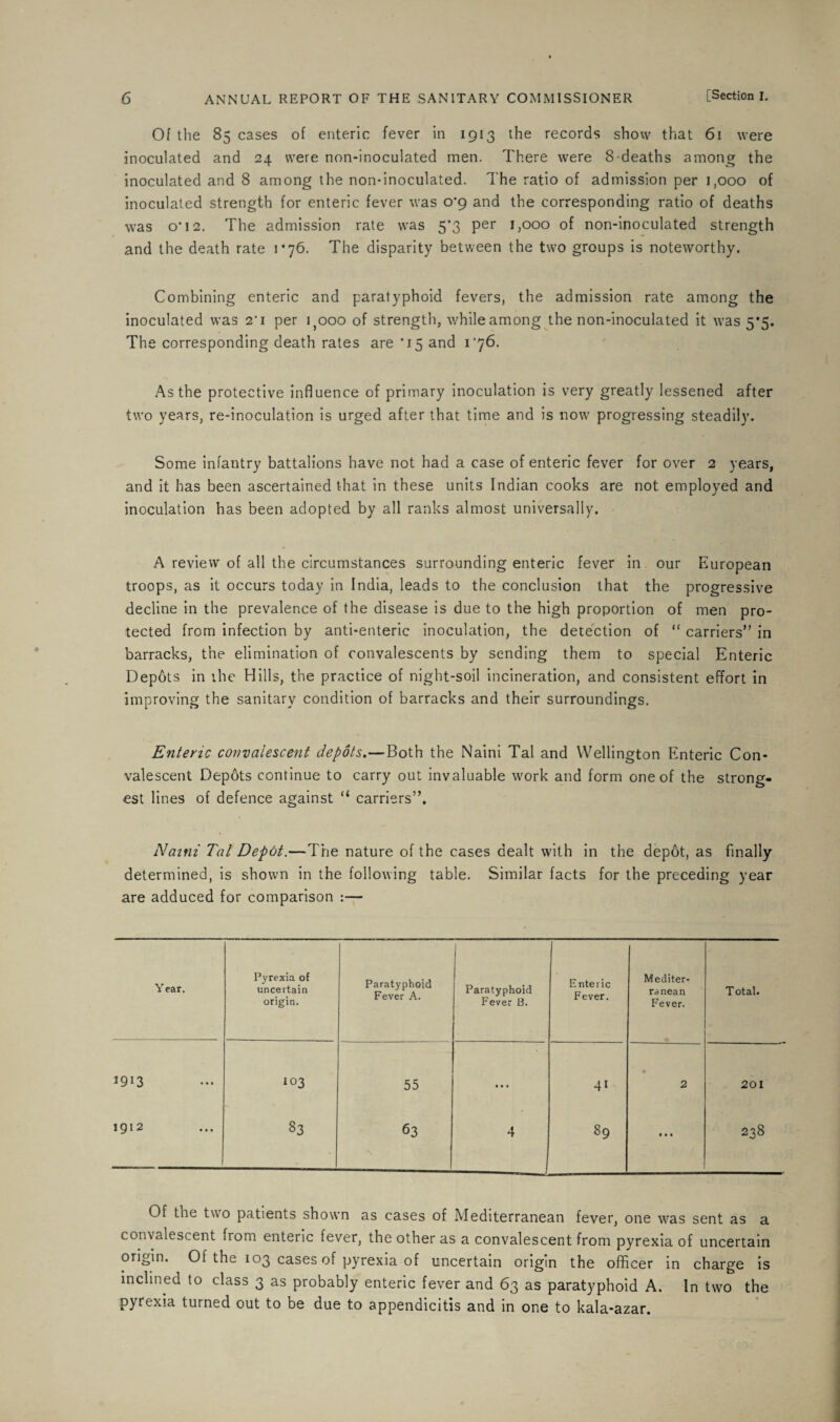 Of the 85 cases of enteric fever in 1913 the records show that 61 were inoculated and 24 were non-inoculated men. There were 8 deaths among the inoculated and 8 among the non-inoculated. The ratio of admission per 1,000 of inoculated strength for enteric fever was 0*9 and the corresponding ratio of deaths was o'12. The admission rate was 5*3 per 1,000 of non-inoculated strength and the death rate 1*76. The disparity between the two groups is noteworthy. Combining enteric and paratyphoid fevers, the admission rate among the inoculated was 2'i per i^ooo of strength, while among the non-inoculated it was 5*5. The corresponding death rates are '15 and 1*76. As the protective influence of primary inoculation is very greatly lessened after two years, re-inoculation is urged after that time and is now progressing steadily. Some infantry battalions have not had a case of enteric fever for over 2 years, and it has been ascertained that in these units Indian cooks are not employed and inoculation has been adopted by all ranks almost universally. A review of all the circumstances surrounding enteric fever in. our European troops, as it occurs today in India, leads to the conclusion that the progressive decline in the prevalence of the disease is due to the high proportion of men pro¬ tected from infection by anti-enteric inoculation, the detection of “ carriers” in barracks, the elimination of convalescents by sending them to special Enteric Depots in the Hills, the practice of night-soil incineration, and consistent effort in improving the sanitary condition of barracks and their surroundings. Enteric convalescent depots.—Both the Naini Tal and Wellington Enteric Con¬ valescent Depots continue to carry out invaluable work and form one of the strong¬ est lines of defence against “ carriers”. Naini Tal Depot.—The nature of the cases dealt with in the dep6t, as finally determined, is shown in the following table. Similar facts for the preceding year are adduced for comparison :— Y ear. Pyrexia of uncertain origin. Paratyphoid Fever A. Paratyphoid Fever B. Enteric Fever. Mediter¬ ranean Fever. Total. 1913 I03 55 • • « 41 2 201 1912 83 63 4 89 • • • 238 Of the two patients shown as cases of Mediterranean fever, one was sent as a convalescent irom enteric fever, the other as a convalescent from pyrexia of uncertain origin. Of the 103 cases of pyrexia of uncertain origin the officer in charge is inclined to class 3 as probably enteric fever and 63 as paratyphoid A. In two the pyrexia turned out to be due to appendicitis and in one to kala-azar.