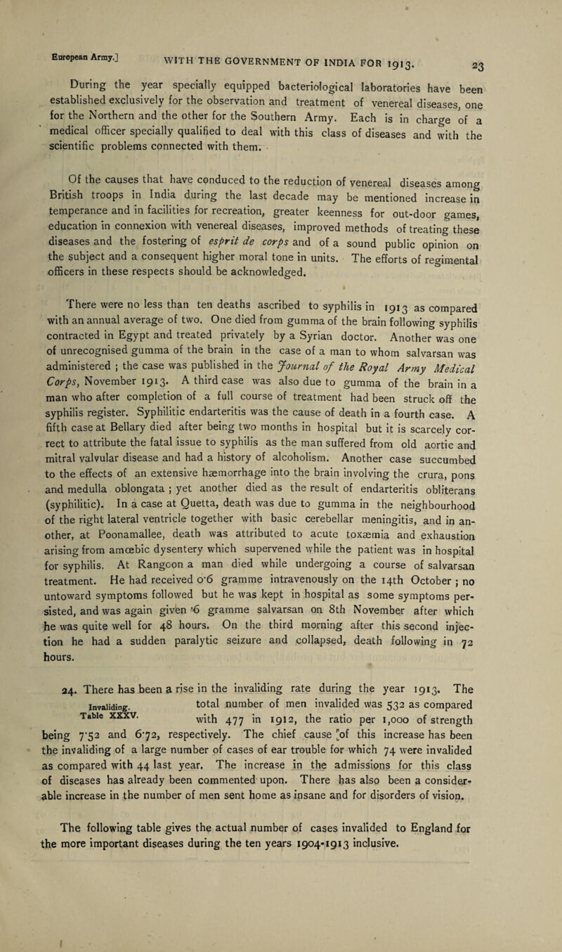 WITH THE GOVERNMENT OF INDIA FOR 1913. 23 During the year specially equipped bacteriological laboratories have been established exclusively for the observation and treatment of venereal diseases, one for the Northern and the other for the Southern Army. Each is in charge of a medical officer specially qualified to deal with this class of diseases and with the scientific problems connected with them. Of the causes that have conduced to the reduction of venereal diseases among British troops in India during the last decade may be mentioned increase in temperance and in facilities for recreation, greater keenness for out-door games, education in connexion with venereal diseases, improved methods of treating these diseases and the fostering of esprit de corps and of a sound public opinion on the subject and a consequent higher moral tone in units. The efforts of regimental officers in these respects should be acknowledged. There were no less than ten deaths ascribed to syphilis in [913 as compared with an annual average of two. One died from gumma of the brain following syphilis contracted in Egypt and treated privately by a Syrian doctor. Another was one of unrecognised gumma of the brain in the case of a man to whom salvarsan was administered ; the case was published in the Journal of the Royal Army Medical Corps, November 1913* A third case was also due to gumma of the brain in a man who after completion of a full course of treatment had been struck off the syphilis register. Syphilitic endarteritis was the cause of death in a fourth case. A fifth case at Bellary died after being two months in hospital but it is scarcely cor¬ rect to attribute the fatal issue to syphilis as the man suffered from old aortic and mitral valvular disease and had a history of alcoholism. Another case succumbed to the effects of an extensive haemorrhage into the brain involving the crura, pons and medulla oblongata ; yet another died as the result of endarteritis obliterans (syphilitic). In a case at Quetta, death was due to gumma in the neighbourhood of the right lateral ventricle together with basic cerebellar meningitis, and in an¬ other, at Poonamallee, death was attributed to acute toxaemia and exhaustion arising from amoebic dysentery which supervened while the patient was in hospital for syphilis. At Rangoon a man died while undergoing a course of salvarsan treatment. He had received o'6 gramme intravenously on the 14th October ; no untoward symptoms followed but he was kept in hospital as some symptoms per¬ sisted, and was again given •6 gramme salvarsan on 8th November after which he was quite well for 48 hours. On the third morning after this second injec¬ tion he had a sudden paralytic seizure and collapsed, death following in 72 hours. 24. There has been a rise in the invaliding rate during the year 1913. The invaliding. total number of men invalided was 532 as compared Table xxxv. with 477 in 1912, the ratio per 1,000 of strength being 7*52 and 672, respectively. The chief cause [of this increase has been the invaliding of a large number of cases of ear trouble for which 74 were invalided as compared with 44 last year. The increase in the admissions for this class of diseases has already been commented upon. There has also been a consider¬ able increase in the number of men sent home as insane and for disorders of vision. The following table gives the actual number of cases invalided to England for the more important diseases during the ten years 1904-1913 inclusive. 1