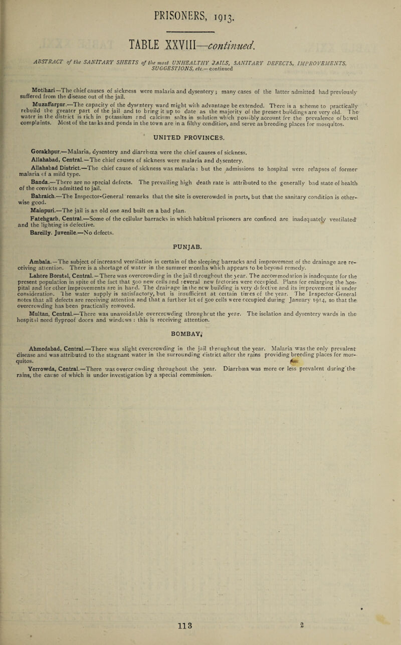 TABLE XXVIII—continued. ABSTRACT of the SANITARY SHEETS of the most UNHEALTHY JAILS, SANITARY DEFECTS, IMPROVEMENTS. SUGGESTIONS, etc.— continued Motihari—The chief causes of sickness were malaria and dysentery ; many cases of the latter admitted had previously suffered from the disease out of the jail. Muzaffarpur. The capacity of the dysentery ward might with advantage be extended. There is a scheme to practically rebuild the greater part of the jail and to bring it up to date as the majority of the present buildings are very old. The- water in the district is rich in potassium rnd calcium salts in solution which possibly account for the prevalence ofbcwel complaints. Most of the tanks and ponds in the town are in a filthy condition, and serve as breeding places for mosquitos. UNITED PROVINCES. Gorakhpur.— Malaria, dysentery and diarrhoea were the chief causes of sickness. Allahabad, Central. —The chief causes of sickness were malaria and d5sentery. Allahabad District.—The chief cause of sickness was malaria : but the admissions to hospital were relapses of former malaria of a mild type. Banda.—There are no special defects. The prevailing high death rate is attributed to the generally bad state of health of the convicts admitted to jail. Bahraich.—The Inspector-General remarks that the site is overcrowded in parts, but that the sanitary condition is other¬ wise good. Mainpuri.—The jail is an old one and built on a bad plan. Fatehgarh, Central.—Some of the cellular barracks in which habitual prisoners are confined are inadequately ventilated and the lighting is defective. Bareilly. Juvenile.—No defects. PUNJAB. Ambala.—The subject of increased ventilation in certain of the sleeping barracks and improvement of the drainage are re¬ ceiving attention. There is a shortage of water in the summer months which appears to be beyond remedy. Lahore Borstal, Central. —There was overcrowding in the jail throughout the year. The accommodation is inadequate for the present population in spite of the fact that 500 new cells and several new factories were occupied. Plans for enlarging the hos¬ pital and for other improvements are in hard. The drainage in the new building is very defective and its improvement is under consideration, 'lhe water supply is satisfactory, but is insufficient at certain times of the year. The Inspector-General notes that all defects are receiving attention and that a further lot of 500 cells were occupied during January 1914, so that the overcrowding has been practically removed. Multan, Central.—There was unavoidable overcrowding throughout the year. The isolation and dysentery wards in the hospital need flyproof doors and windows : this is receiving attention. BOMBAY,’ Ahmedabad, Central.—There was slight overcrowding in the jail throughout the year. Malaria was the only prevalent disease and was attributed to the stagnant water in the surrounding district after the rains providing breeding places for mos¬ quitos. fm* Yerrowda, Central.—There was overcr owding throughout the year. Diarrhoea was more or less prevalent during the rains, the cause of which is under investigation by a special commission.