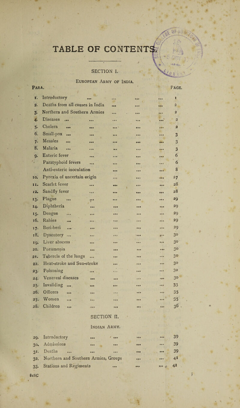 TABLE OF CONTENT^. SECTION I. European Army of India. Para. • A? 4-<. fM ki Page. I. Introductory • •• • • t 999 9 9 9 I 2. Deaths from all causes in India 199 999 99* 2 3- Northern and Southern Armies • • • • 9 9 9 9# 2 4- Diseases ... • • • • • • 999 999 2 5- Cholera ... • •• 9 9 9 999 9 9 9 2 6. Small-pox ... 99 9 999 9 « e 3 7- Measles • • • 9 9 9 • 99 999 3 8. Malaria • f • 99 9 9 9 9 9 9 9 3 9- Enteric fever • • • • • 9 9 9 9 9 9 9 6 « Paratyphoid fevers • • • 9 9 9 999 9 9 9 6 Anti-enteric inoculation 999 9 9 9 9 9 9 8 IO. Pyrexia of uncertain origin • • f 9 9* 9 9 9 27 ii. Scarlet fever • • • #•9 9 9 9 9 9 9 28 12. Sandfly fever • 9 • 9 9 9 999 §99 28 13- Plague ... • • • • 9 9 9 9 9 9 9 9 9 29 14. Diphtheria • • • 9 99 999 999 29 15- Dengue 9 • 9 999 9 9 9 9 9 9 29 16. Rabies ... • • 9 9 9 9 M« 9 9 9 29 17- Beri-beri ... 9 • 9 9 9 9 «9f 0 9 9 29 18. Dysentery ... • 9 • P • P 9 99 | 99 30 »9* Liver abscess • • • 9 9 9 9 9# 909 30 20. Pneumonia • • •• 999 9 9 9 9 9 9 30 21. Tubercle of the lungs • • • 999 999 9 9 9 30 22. Heat-stroke and Sun-stroke 9 9 9 9 9 9 9 9 9 30 23- Poisoning 9 9 9 ••• 9 99 9 9 9 30 24. Venereal diseases §99 999 • 9 # 999 3o 25- Invaliding ... • •• 99 9 9 9 9 99 9 33 26. Officers ... 9 • • • • • 9 9# 9 9 9 35 27. Women 9 • • 9 9 9 99 9 1 9 9 9 35 28. Children • • • 999 99 9 «9I 36 . SECTION II. Indian Army. 29. Introductory / ... 9 9 9 999 39 30. Admissions • •1 999 §99 9 9 9 39 31- Deaths • • • 999 §9# ... 39 32. Northern and Southern Armies, Groups 9 9 9 999 41 33- Stations and Regiments 999 999 ... , 41