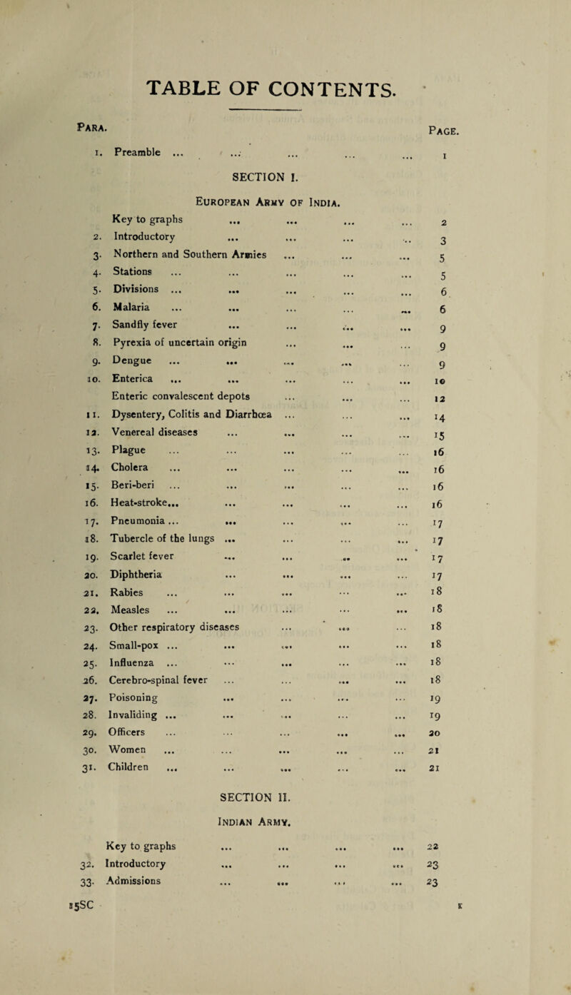 TABLE OF CONTENTS Para. Page, i. Preamble ... ... ... ... ^ r SECTION I. European Army of India. Key to graphs • • • • * • • ft ft e . * 2 2. Introductory • • • 999 • • 4 •# , 3 3- Northern and Southern Armies ft ft ft 4 9 4 9 4.4 5 4- Stations • • • ft • ft • ft ft « • ft 5 5- Divisions ... • •• ft ft ft • • • * • • 6 6. Malaria • •• ... • • . 99,4 6 7- Sandfly fever • • • ft ft ft C ft ft 49 4 9 8. Pyrexia of uncertain origin • ft ft ft ft ft , • • 9 9- Dengue • •• *>* ft ftftfc . . . 9 lO. Enterica • • • • ft • • . • * • ft 10 Enteric convalescent depots ... 9 4 9 • . • 12 11. Dysentery, Colitis and Diarrhoea • • . . . . • ft ft T4 12. Venereal diseases 0 • • • • • * ^ • 15 13- Plague ... • • • • 4 * . . . 16 34. Cholera ft ft ft • • ft • ft ft ft ft ft 16 15- Beri-beri • i • 99 9 ft t • ft ft • 16 16. Heat-stroke... • • • • •9 « • « ft • ft 16 Pneumonia ... • •• • * ft * • • • • • 17 38. Tubercle of the lungs • •• ft » ft • • • a • • 17 3g. Scarlet fever ft lit .#• * « • • *7 20. Diphtheria * • • • • ft 9 4 4 ... J7 21. Rabies • • • III ... 18 22. / Measles • • • I • • * • » • a • 18 23- Other respiratory diseases • • 1 Jk uu ... 18 24. Small-pox ... • ft • • ft • 18 25- Influenza ... • ft ft 49m • • * 18 26. Cerebro-spinal fever ... ... 94 4 • • • 18 27. Poisoning *•« ft ft ft 4 9 4 ... 19 28. Invaliding ... • • ft ft • • • • • r9 29. Officers ... ... • • ft 444 20 30. Women . . . ft • • • • V • • . 21 31* Children • • • % ft ft 9*4 © • • 21 SECTION 11. Indian Army. Key to graphs • • • • « 9 4 4 4 • • • 22 32. Introductory « • « 9 9 4 4 9 9 at* 23 33- Admissions • t 1 • • • 23 &5SC k