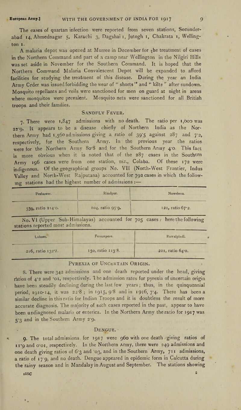 The cases of quartan infection were reported from seven stations, Secunder¬ abad 14, Ahmednagar 5, Karachi 3, Dagshai i, Jutogh i, Chakrata 1, Welling¬ ton 1. A malaria depot was opened at Murree in December for the treatment of cases in the Northern Command and part of a camp near Wellington in the Nilgiri Hills was set aside in November for the Southern Command. It is hoped that the Northern Command Malaria Convalescent Depot will be expanded to afford facilities for studying the treatment of this disease. During the year an India Army Crder was issued forbidding the wear of “ shorts and “ kilts ’ after sundown. Mosquito repellants and veils were sanctioned for men on guard at night in areas where mosquitos were prevalent. Mosquito nets were sanctioned for all British troops and their families. Sandfly Fever. 7. There were 1,847 admissions with no death. The ratio per 1,000 was 22-9* It appears to be a disease chiefly of Northern India as the Nor¬ thern Army had 1,560 admissions giving a ratio of 39*5 against 287 and 7*2, respectively, for the Southern Army. In the previous year the ratios were for the Northern Army 8o*8 and for the Southern Army 4-0- This fact is more obvious when it is noted that of the 287 cases in the Southern Army 196 cases were from one station, viz., Colaba. Of these 172 were indigenous. Of the geographical groups No. VII (North-West Frontier, Indus Valley and North-West Rajputana) accounted for 792 cases in which the follow- ,n<j stations had the highest number of admissions :— Peshawar. Risalpur. Nowshera. 539, ratio 2 140. 104, ratio 95‘9. 121, ratio 67*2. No. VI (Upper Sub-Himalayas) accounted for 705 cases: here the following stations reported most admissions. Lahore. Ferozepore. Rawalpindi. 216, ratio 132*2. 150, ratio 113 8. 221, ratio 64*0. Pyrexia of Uncertain Origin. 8. There were 342 admissions and one death reported under the head, giving rktios of 4*2 and *oi, respectively. I he admission rates for pyrexia of uncertain origin have been steadily declining during the last few years ; thus, in the quinquennial period, 1910*14, it was 22*8; in 1915,9*8 and in 1916, 7*4. There has been a similar decline in this ratio for Indian Troops and it is doubtless the result of more accurate diagnosis. The majority of such cases reported in the past, appear to have been undiagnosed malaria or enterica. In the Northern Army the ratio for 1917 was 5*3 and in the Southern Army 2‘9- Dengue. - < 9. The total admissions for 1917 were 960 with one death giving ratios of n*9 and o*oi, respectively. In the Northern Army, there were 249 admissions and one death giving ratios of 6-3 and '03, and in the Southern Army, 711 admissions, a ratio of 17 9, and no death. Dengue appeared in epidemic form in Calcutta during the rainy season and in Mandalay in August and September. The stations showing i5SC 6