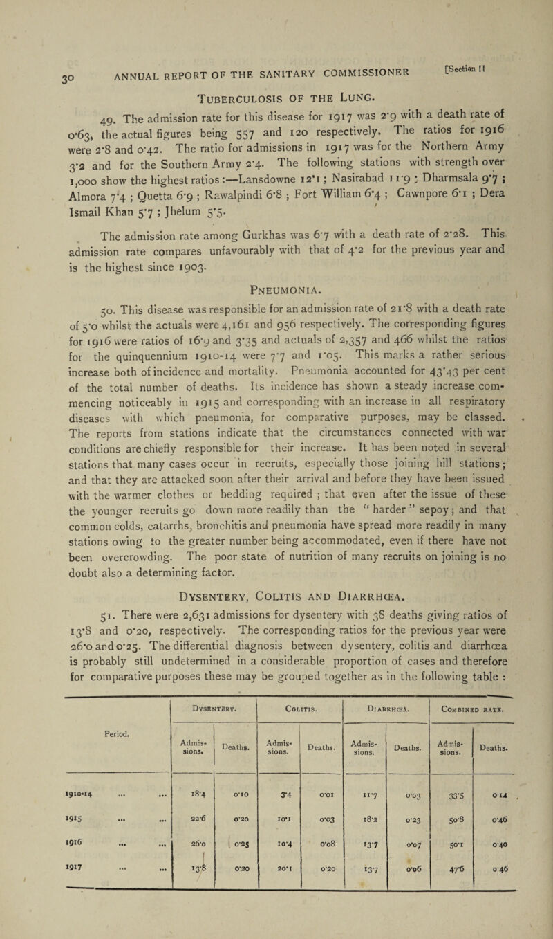 3° Tuberculosis of the Lung. 49. The admission rate for this disease for 1917 was 2*9 with a death rate of 0*63, the actual figures being 557 and 120 respectively. The ratios for 1916 were 2*8 and 0-42. The ratio for admissions in 1917 was for the Northern Army 3-2 and for the Southern Army 2-4. The following stations with strength over 1,000 show the highest ratios :—Lansdowne 12M ; Nasirabad 11*9 * Dharmsala 9*7 ; Almora 7*4 ; Quetta 6*9 ; Rawalpindi 6*8 ; Fort William 6*4 ; Cawnpore &i ; Dera Ismail Khan 5*7 ; Jhelum 5*5. The admission rate among Gurkhas was 67 with a death rate of 2*28. This admission rate compares unfavourably with that of 4*2 for the previous year and is the highest since 1903. Pneumonia. 50. This disease was responsible for an admission rate of 21’8 with a death rate of 5‘o whilst the actuals were 4,161 and 956 respectively. The corresponding figures for 1916 were ratios of 16*9 and 3*35 and actuals of 2,357 and 466 whilst the ratios for the quinquennium 1910-14 were 7*7 and 1*05. This marks a rather serious increase both of incidence and mortality. Pneumonia accounted for 43*43 per cent of the total number of deaths. Its incidence has shown a steady increase com¬ mencing noticeably in 1915 and corresponding with an increase in all respiratory diseases with which pneumonia, for comparative purposes, may be classed. The reports from stations indicate that the circumstances connected with war conditions are chiefly responsible for their increase. It has been noted in several stations that many cases occur in recruits, especially those joining hill stations; and that they are attacked soon after their arrival and before they have been issued with the warmer clothes or bedding required ; that even after the issue of these the younger recruits go down more readily than the “ harder ” sepoy ; and that common colds, catarrhs, bronchitis ami pneumonia have spread more readily in many stations owing to the greater number being accommodated, even if there have not been overcrowding. The poor state of nutrition of many recruits on joining is no doubt also a determining factor. Dysentery, Colitis and Diarrhoea. 51. There were 2,631 admissions for dysentery with 38 deaths giving ratios of 13*8 and 0*20, respectively. The corresponding ratios for the previous year were 26*0 and 0*25. The differential diagnosis between dysentery, colitis and diarrhoea is probably still undetermined in a considerable proportion of cases and therefore for comparative purposes these may be grouped together as in the following table : Period. Dysentery. Cglitis. Diarrhcea. Combined rate. Admis¬ sions. Deaths. Admis¬ sions. Deaths. Admis¬ sions. Deaths. Admis¬ sions. Deaths. 1910*14 • •• • • • 18-4 010 3'4 O'OI 117 0-03 33*5 014 *9*5 • •• 22-6 0'20 10*1 0-03 18-2 023 50-8 o'46 1916 • «« Ml 26'0 j i 0-25 10-4 o’o8 137 o’07 50-1 040 1917 • •• • •• 13-8 0'20 20*1 0'20 *37 o’o6 47-6 046