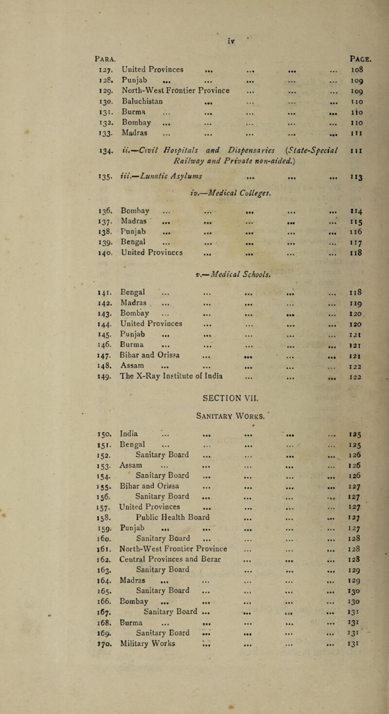 • > k iv Para. i 27. United Provinces ... • •• 9 • • Page 108 128. Punjab ... • • • 109 129. North-West Frontier Province • • • 109 130. Baluchistan ... . . . T 10 131. Burma IIO 132. Bombay ... • • • 110 *33- Madras • # • • • • 111 !34- ii.~—Civil Hospitals and Dispensaries {State-Special 111 *35- Railway and Private non-aided.) Hi.—Lunatic Asylums ... ... • •• u3 136. iv.—Medical Colleges. Bombay ... ... ... 9 • • ft* 114 137- Madras ' ... ... #•• % • • • ”5 138. Punjab Ml 999 116 *39- Bengal • M * • • n7 140. United Provinces ... ... • ♦ * 9 9 9 118 v.—Medical Schools. Mi- Bengal • • • 9.9 9 9 9 • • 9 Il8 142. Madras 9 9 9 • . • 9 • . ”9 M3- Bombay 9.9 120 144. United Provinces M • 9 9 9 9 9 9 120 MS- Punjab ... • 99 121 146. Burma ... ~ ... • 9 9 121 M7- Bihar and Orissa • • # 99# 121 148. Assam 9 9 9 ... I 22 M9- The X-Ray Institute of India ... 9.9 9 9# 122 » SECTION VII. Sanitary Works. * • O to bH India • M w 9 9 9 999 9*9 *35 »5i- Bengal ... r. . ... 125 152. Sanitary Board • • • 9 99 9 9 9 126 *53- Assam • • 9 9 9 9 9 • . 126 154- Sanitary Board • • 9 9.9 9 9 9 126 355- Bihar and Orissa ... 9 9 9 999 127 156- Sanitary Board 9 9 9 • 9 . * 9 » 127 *57- United Provinces 9 99 9 • • ... 127 158. Public Health Board 9 . . 199 127 159- Punjab ... 999 • • 9 9 9 9 I27 160. Sanitary Board 9 . • • . . ... 9 9 9 128 161. North-West Frontier Province * • • 9 9 9 128 162. Central Provinces and Berar 9 9 9 9 9 9 128 163. Sanitary Board 9 9 9 9 9 9 129 164. Madras ... ... ... 9ft 9 9 9 I29 165. Sanitary Board 9 « • ... 9 9 9 9 9 9 13° 166. Bombay 9 9 9 9 9 9 9 9 9 130 167. Sanitary Board 9 9 9 999 0 Of 9 9 9 131 168. Burma C99 9 9 9 9 9 9 MI 169. Sanitary Board • 99 99 9 9 9 9 9 9 9 MI 9 -»