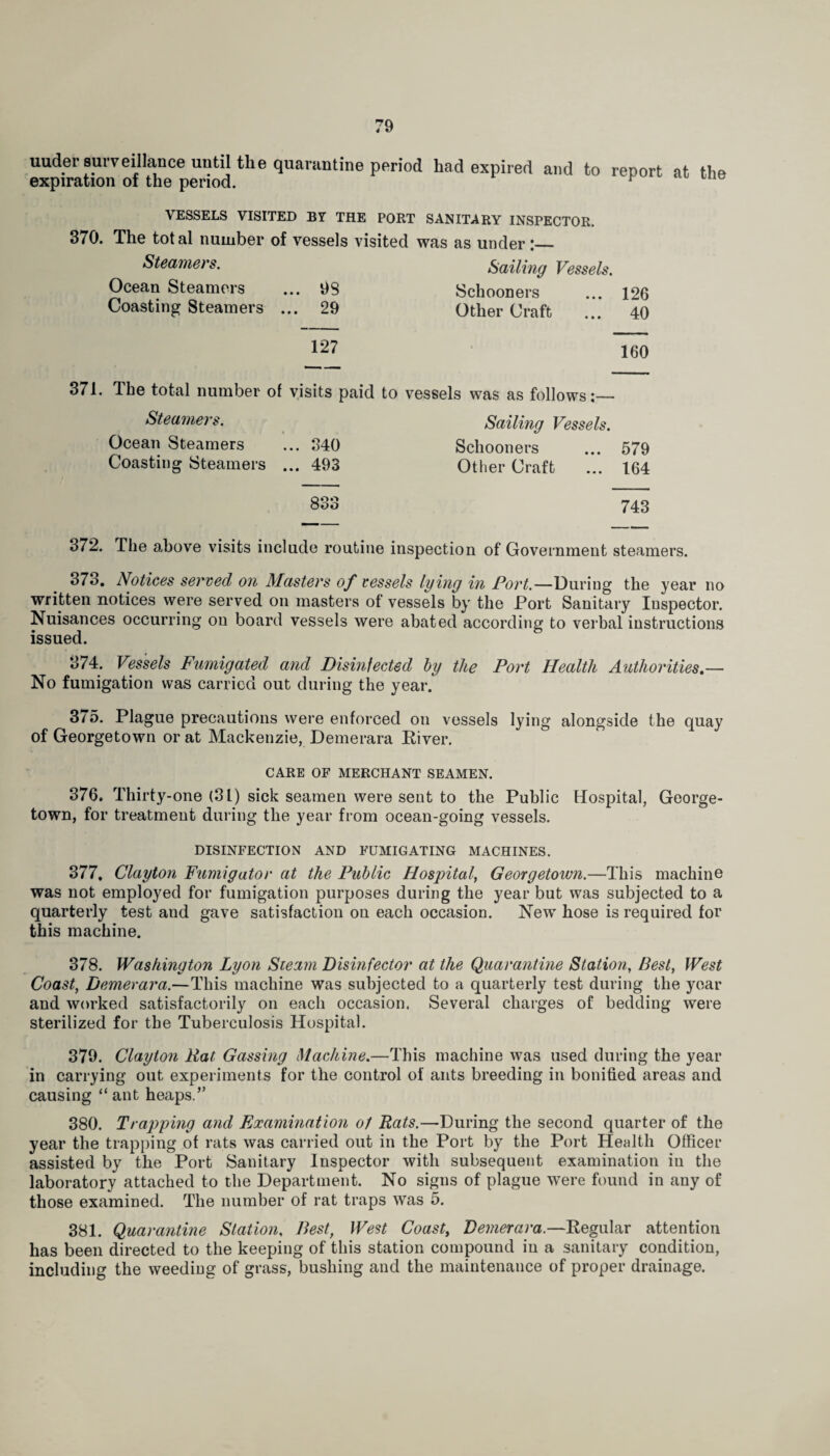 uuder surveillance until the quarantine period had expired and to report at the expiration of the period. 1 VESSELS VISITED BY THE PORT SANITARY INSPECTOR. 370. The total number of vessels visited was as under:_ Steamers. Sailing Vessels. Ocean Steamers ... 93 Schooners ... 126 Coasting Steamers ... 29 Other Craft ... 40 127 160 371. The total number of visits paid to vessels was as follows:— Steamers. Sailing Vessels. Ocean Steamers ... 340 Schooners ... 579 Coasting Steamers ... 493 Other Craft ... 164 QOO ooo 743 372. The above visits include routine inspection of Government steamers. 373. Notices served on Masters of vessels lying in Port.—During the year no written notices were served on masters of vessels by the Port Sanitary Inspector. Nuisances occurring on board vessels were abated according to verbal instructions issued. 374. Vessels Fumigated and Disinfected by the Port Health Authorities.— No fumigation was carried out during the year. 3/5. Plague precautions were enforced on vessels lying alongside the quay of Georgetown or at Mackenzie, Demerara River. CARE OF MERCHANT SEAMEN. 376. Thirty-one (31) sick seamen were sent to the Public Hospital, George¬ town, for treatment during the year from ocean-going vessels. DISINFECTION AND FUMIGATING MACHINES. 377. Clayton Fumigator at the Public Hospital', Georgetown.—This machine was not employed for fumigation purposes during the year but was subjected to a quarterly test and gave satisfaction on each occasion. New hose is required for this machine. 378. Washington Lyon Steam Disinfector at the Quarantine Station, Best, West Coast, Demerara.—This machine was subjected to a quarterly test during the year and worked satisfactorily on each occasion. Several charges of bedding were sterilized for the Tuberculosis Hospital. 379. Clayton Rat Gassing Machine.—This machine was used during the year in carrying out experiments for the control of ants breeding in bonified areas and causing “ ant heaps/’ 380. Trapping and Examination of Rats.—During the second quarter of the year the trapping of rats was carried out in the Port by the Port Health Officer assisted by the Port Sanitary Inspector with subsequent examination in the laboratory attached to the Department. No signs of plague were found in any of those examined. The number of rat traps was 5. 381. Quarantine Station, Best, West Coast, Demerara.—Regular attention has been directed to the keeping of this station compound in a sanitary condition, including the weeding of grass, bushing and the maintenance of proper drainage.