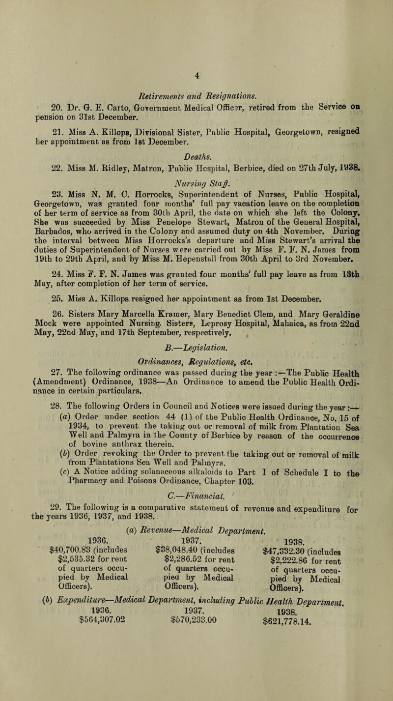 Retirements and Resignations. 20. Dr. G. E. Oarto, Government Medical Officer, retired from the Service on pension on 31st December. 21. Miss A. Killops, Divisional Sister, Public Hospital, Georgetown, resigned her appointment as from 1st December. Deaths. 22. Miss M. Ridley, Matron, Public Hospital, Berbice, died on 27th July, 1038. Nursing Staff. 23. Miss N. M. C. Horrocks, Superintendent of Nurses, Public Hospital, Georgetown, was granted four months’ full pay vacation leave on the completion of her term of service as from 30th April, the date on which she left the Colony. She was succeeded by Miss Penelope Stewart, Matron of the General Hospital, Barbados, who arrived in the Colony and assumed duty on 4th November. During the interval between Miss Horrocks’s departure and Miss Stewart’s arrival the duties of Superintendent of Nurses were carried out by Miss F. F. N. James from 19th to 29th April, and by Miss M. Hepenstall from 30th April to 3rd November. 24. Miss F. F. N. James was granted four months’ full pay leave as from 13fch May, after completion of her term of service. 25. Miss A. Killops resigned her appointment as from 1st December. 26. Sisters Mary Marcella Kramer, Mary Benedict Clem, and Mary Geraldine Mock were appointed Nursing. Sisters, Leprosy Hospital, Mahaica, as from 22nd May, 22nd May, and 17th September, respectively. B.—Legislation. Ordinances, Regulations, etc. 27. The following ordinance was passed during the year The Public Health (Amendment) Ordinance, 1938—An Ordinance to amend the Public Health Ordi¬ nance in certain particulars. 28. The following Orders in Council and Notices were issued during the year;_ (a) Order under section 44 (1) of the Public Health Ordinance, No. 15 of 1934, to prevent the taking out or removal of milk from Plantation Sea Well and Palmyra in the County of Berbice by reason of the occurrence of bovine anthrax therein. (b) Order revoking the Order to prevent the taking out or removal of milk from Plantations Sea Well and Palmyra. (c) A Notice adding solanaceous alkaloids to Part I of Schedule I to the Pharmacy and Poisons Ordinance, Chapter 103. C.—Financial. ' 29. The following is a comparative statement of revenue and expenditure for the years 1936, 1937, and 1938. (a) Revenue—Medical Department. 1936. $40,700.83 (includes $2,535.32 for rent of quarters occu¬ pied by Medical Officers). 1937 $38,048.40 (includes $2,286.52 for rent of quarters occu¬ pied by Medical Officers). 1938. $47,332.30 (includes $2,222.86 for rent of quarters occu¬ pied by Medical Officers). (b) Expenditure—Medical Department, including 1936. 1937. $564,307.02 $570,233.00 Public Health Department. 1938. $621,778.14.