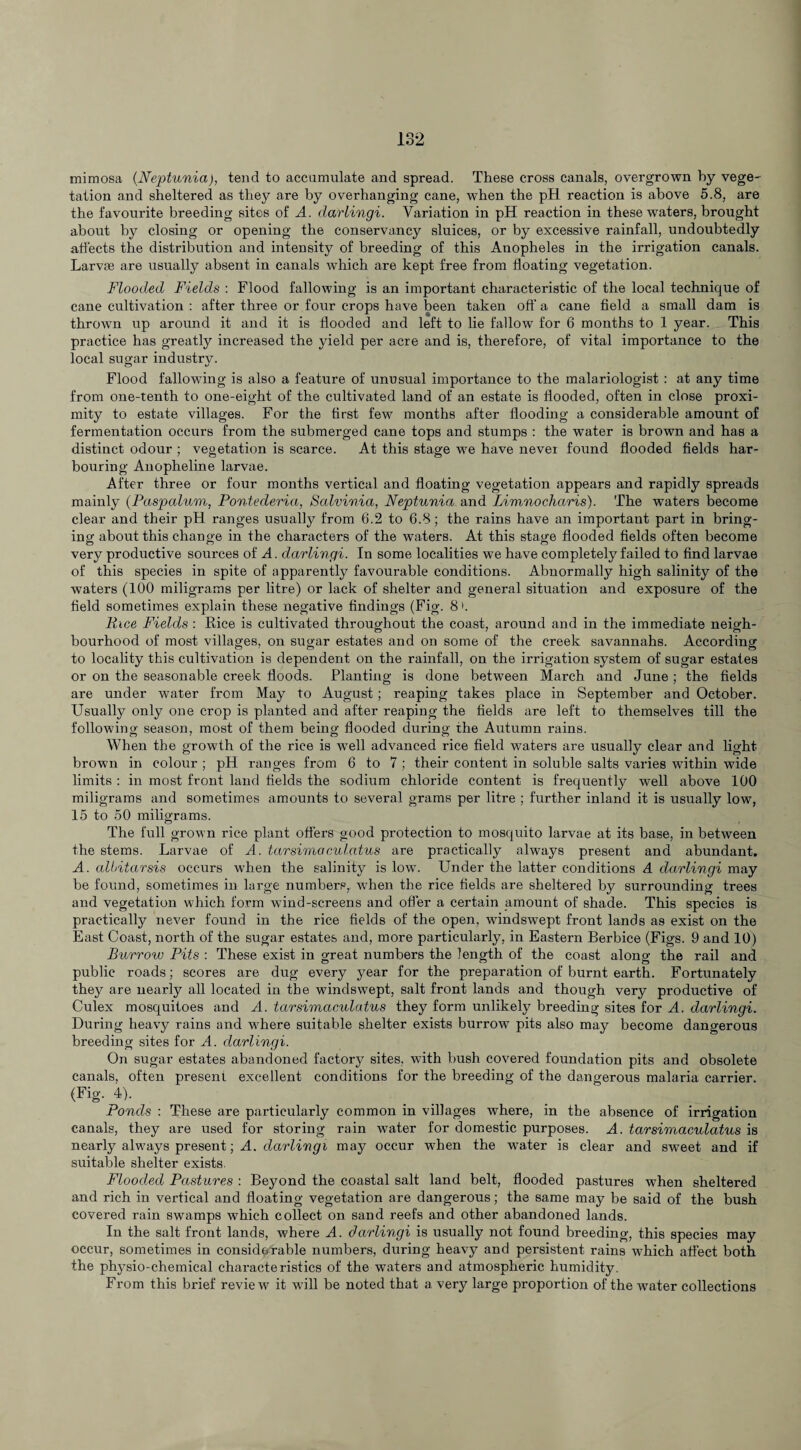 mimosa (Neptunia), tend to accumulate and spread. These cross canals, overgrown by vege¬ tation and sheltered as they are by overhanging cane, when the pH reaction is above 5.8, are the favourite breeding sites of A. darlingi. Variation in pH reaction in these waters, brought about by closing or opening the conservancy sluices, or by excessive rainfall, undoubtedly affects the distribution and intensity of breeding of this Anopheles in the irrigation canals. Larvae are usually absent in canals which are kept free from floating vegetation. Flooded Fields : Flood fallowing is an important characteristic of the local technique of cane cultivation : after three or four crops have been taken off a cane field a small dam is thrown up around it and it is flooded and left to he fallow for 6 months to 1 year. This practice has greatly increased the yield per acre and is, therefore, of vital importance to the local sugar industry. Flood fallowing is also a feature of unusual importance to the malariologist : at any time from one-tenth to one-eight of the cultivated land of an estate is flooded, often in close proxi¬ mity to estate villages. For the first few months after flooding a considerable amount of fermentation occurs from the submerged cane tops and stumps : the water is brown and has a distinct odour ; vegetation is scarce. At this stage we have never found flooded fields har¬ bouring Anopheline larvae. After three or four months vertical and floating vegetation appears and rapidly spreads mainly (Paspalum, Pontederia, Salvinia, Neptunia and Limnocharis). The waters become clear and their pH ranges usually from 6.2 to 6.8; the rains have an important part in bring¬ ing about this change in the characters of the waters. At this stage flooded fields often become very productive sources of A. darlingi. In some localities we have completely failed to find larvae of this species in spite of apparently favourable conditions. Abnormally high salinity of the waters (100 miligrams per litre) or lack of shelter and general situation and exposure of the field sometimes explain these negative findings (Fig. 8>. Rice Fields : Eice is cultivated throughout the coast, around and in the immediate neigh¬ bourhood of most villages, on sugar estates and on some of the creek savannahs. According to locality this cultivation is dependent on the rainfall, on the irrigation system of sugar estates or on the seasonable creek floods. Planting is done between March and June ; the fields are under water from May to August; reaping takes place in September and October. Usually only one crop is planted and after reaping the fields are left to themselves till the following season, most of them being flooded during the Autumn x-ains. When the growth of the rice is well advanced rice field w’aters are usually clear and light brown in colour ; pH ranges from 6 to 7 ; their content in soluble salts varies wdthin wide limits : in most front land fields the sodium chloride content is frequently well above 100 miligrams and sometimes amounts to several grams per litre ; further inland it is usually low, 15 to 50 miligrams. The full grown rice plant offers good protection to mosquito larvae at its base, in between the stems. Larvae of A. tarsimaculatus are practically always present and abundant. A. albitarsis occurs when the salinity is low. Under the latter conditions A darlingi may be found, sometimes in large numbers, when the rice fields are sheltered by surrounding trees and vegetation which form wind-screens and offer a certain amount of shade. This species is practically never found in the rice fields of the open, windswept front lands as exist on the East Coast, north of the sugar estates and, more particularly, in Eastern Berbice (Figs. 9 and 10) Burrow Pits : These exist in great numbers the length of the coast along tlie rail and public roads; scores are dug every year for the preparation of burnt earth. Fortunately they are nearly all located in the windswept, salt front lands and though very productive of Culex mosquitoes and A. tarsimaculatus they form unlikely breeding sites for A. darlingi. During heavy rains and where sxxitable shelter exists burrow pits also may become dangerous breeding sites for A. darlingi. On sugar estates abandoned factory sites, with bush covered foundation pits and obsolete canals, often present excellent conditions for the breeding of the dangerous malaria carrier. (Fig. 4). Ponds : These are particularly common in villages where, in the absence of irrigation canals, they are used for storing rain water for domestic purposes. A. tarsimaculatus is nearly always present; A. darlingi may occur when the water is clear and sweet and if suitable shelter exists. Flooded Pastures : Beyond the coastal salt land belt, flooded pastures when sheltered and rich in vertical and floating vegetation are dangerous; the same may be said of the bush covered rain swamps which collect on sand reefs and other abandoned lands. In the salt front lands, where A. darlingi is usually not found breeding, this species may occur, sometimes in considerable numbers, during heavy and persistent rains which affect both the physio-chemical chai-acteristics of the waters and atmospheric humidity. From this brief review it will be noted that a very large proportion of the water collections