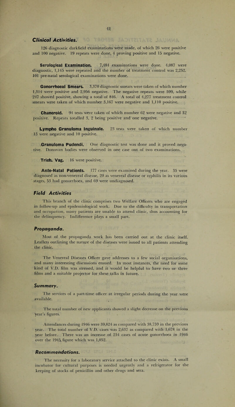 Clinical Activities. 126 diagnostic darkfield examinations were made, of which 26 were positive and 100 negative. 19 repeats were done, 4 proving positive and 15 negative. Serological Examination. 7,484 examinations were done. 4,087 were diagnostic, 1,145 were repeated arid the number of treatment control was 2,252. 101 pre-natal serological examinations were done. Gonorrhoeal Smears. 3,370 diagnostic smears were taken of which number 1,314 were positive and 2,956 negative. The negative repeats were 599, while 247 showed positive, showing a total of 846. A total of 4,277 treatment control smears were taken of which number 3,167 were negative and 1,110 positive. Chancroid. 94 tests were taken of which number 62 were negative and 32 positive. Repeats totalled 3, 2 being positive and one negative. Lympho Granuloma Inguinale. 23 tests were taken of which number 13 were negative and 10 positive. -Granuloma Pudendi. One diagnostic test was done and it proved nega¬ tive. Donovan bodies were observed in one case out of two examinations. Trio'll. Vag. 16 were positive. Ante-Natal Patients. 177 cases were examined during the year. 35 were diagnosed as non-venereal disease, 20 as venereal disease or syphilis in its various stages, 53 had gonorrhoea, and 69 were undiagnosed. Field Activities This branch of the clinic comprises two Welfare Officers who are engaged in follow-up and epidemiological work. Due to the difficulty in transportation and occupation, many patients are unable to attend clinic, thus accounting for the delinquency. Indifference plays a small part. Propaganda. Most of the propaganda, work has been carried out at the clinic itself. Leaflets outlining the nature of the diseases were issued to all patients attending the clinic. The Venereal Diseases Officer gave addresses to a few social organisations, and many interesting discussions ensued. In most instances, the need for some kind of V.D. film was stressed, and it would be helpful to have two or three films and a suitable projector for these talks in future. Summary. 4 he services of a part-time officer at irregular periods during the year were available. The total number of new applicants showed a slight decrease on the previous year’s figures. Attendances during 1946 were 39,824 as compared with 38,759 in the previous year. The total number of V.D. cases was 2,637 as compared with 1,678 in the year before. There was an increase of 234 cases of acute gonorrhoea in 1946 over the 1945, figure which was 1,052. Recommendations. The necessity for a laboratory service attached to the clinic exists. A small incubator for cultural purposes is needed urgently and a refrigerator for the keeping of stocks of penicillin and other drugs and sera.