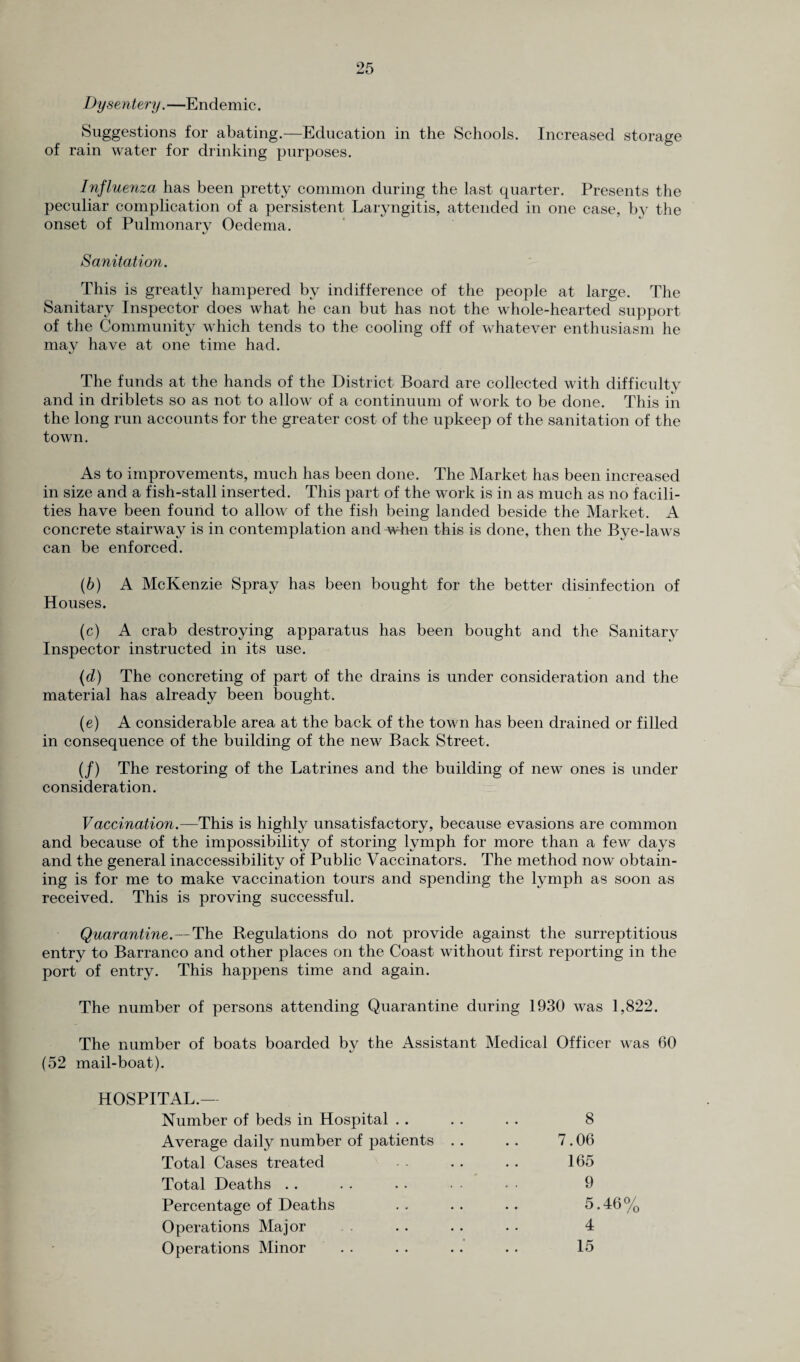 Dysentery. —Endemic. Suggestions for abating.—Education in the Schools. Increased storage of rain water for drinking purposes. Influenza has been pretty common during the last quarter. Presents the peculiar complication of a persistent Laryngitis, attended in one case, by the onset of Pulmonary Oedema. Sanitation. This is greatly hampered by indifference of the people at large. The Sanitary Inspector does what he can but has not the whole-hearted support of the Community which tends to the cooling off of whatever enthusiasm he may have at one time had. The funds at the hands of the District Board are collected with difficulty and in driblets so as not to allow of a continuum of work to be done. This in the long run accounts for the greater cost of the upkeep of the sanitation of the town. As to improvements, much has been done. The Market has been increased in size and a fish-stall inserted. This part of the work is in as much as no facili¬ ties have been found to allow of the fish being landed beside the Market. A concrete stairway is in contemplation and when this is done, then the Bye-laws can be enforced. (b) A McKenzie Spray has been bought for the better disinfection of Houses. (c) A crab destroying apparatus has been bought and the Sanitary Inspector instructed in its use. (d) The concreting of part of the drains is under consideration and the material has already been bought. (e) A considerable area at the back of the town has been drained or filled in consequence of the building of the new Back Street. (/) The restoring of the Latrines and the building of new ones is under consideration. Vaccination.—This is highly unsatisfactory, because evasions are common and because of the impossibility of storing lymph for more than a few days and the general inaccessibility of Public Vaccinators. The method now obtain¬ ing is for me to make vaccination tours and spending the lymph as soon as received. This is proving successful. Quarantine.—The Regulations do not provide against the surreptitious entry to Barranco and other places on the Coast without first reporting in the port of entry. This happens time and again. The number of persons attending Quarantine during 1930 was 1,822. The number of boats boarded by the Assistant Medical Officer was 60 (52 mail-boat). HOSPITAL.- Number of beds in Hospital .. . . . . 8 Average daily number of patients .. .. 7.06 Total Cases treated - - .. . . 165 Total Deaths . . . . . . • - • • 9 Percentage of Deaths . . . . . . 5.46% Operations Major . . . . . . . . 4 Operations Minor . . . . . . . . 15