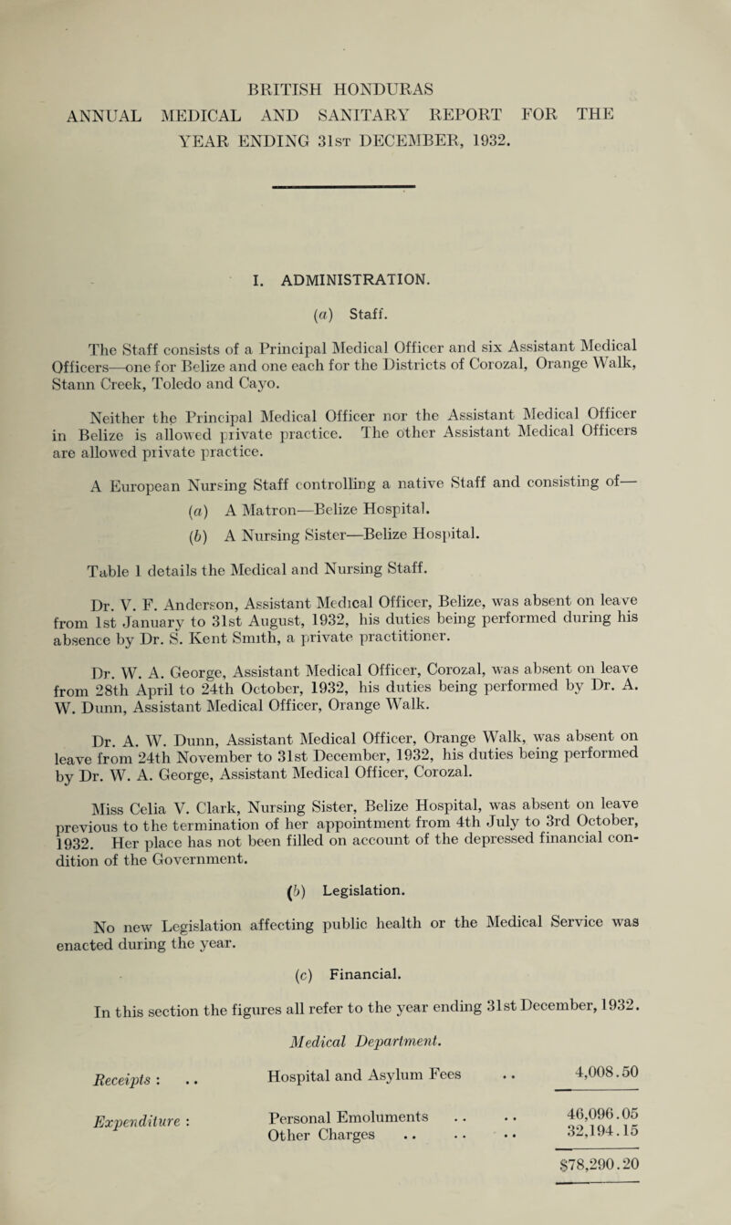 ANNUAL MEDICAL AND SANITARY REPORT FOR THE YEAR ENDING 31st DECEMBER, 1932. I. ADMINISTRATION. (a) Staff. The Staff consists of a Principal Medical Officer and six Assistant Medical Officers—one for Belize and one each for the Districts of Corozal, Orange Walk, Stann Creek, Toledo and Cayo. Neither the Principal Medical Officer nor the Assistant Medical Officer in Belize is allowed private practice. The other Assistant Medical Officers are allowed private practice. A European Nursing Staff controlling a native Staff and consisting of (a) A Matron—Belize Hospital. (b) A Nursing Sister—Belize Hospital. Table 1 details the Medical and Nursing Staff. Dr. V. F. Anderson, Assistant Medical Officer, Belize, was absent on leave from 1st January to 31st August, 1932, his duties being performed during his absence by Dr. S. Kent Smith, a private practitioner. Dr. W. A. George, Assistant Medical Officer, Corozal, was absent on leave from 28th April to 24th October, 1932, his duties being performed by Dr. A. W. Dunn, Assistant Medical Officer, Orange Walk. Dr. A. W. Dunn, Assistant Medical Officer, Orange Walk, was absent on leave from 24th November to 31st December, 1932, his duties being performed by Dr. W. A. George, Assistant Medical Officer, Corozal. Miss Celia V. Clark, Nursing Sister, Belize Hospital, was absent on leave previous to the termination of her appointment from 4th July to 3rd October, 1932. Her place has not been filled on account of the depressed financial con¬ dition of the Government. (5) Legislation. No new Legislation affecting public health or the Medical Service was enacted during the year. (c) Financial. In this section the figures all refer to the year ending 31st December, 1932. Medical Department. Receipts : .. Hospital and Asylum Fees Expenditure : Personal Emoluments Other Charges 4,008.50 46,096.05 32,194.15 $78,290.20