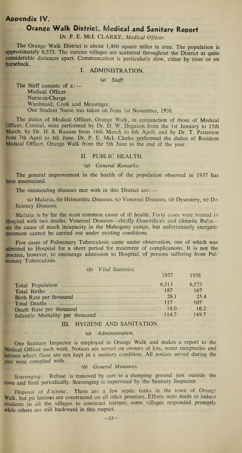 Appendix IV. Orange Walk District Medical and Sanitary Report Dr. P. E. McL CLARKE, Medical Officer. The Orange Walk District is about 1,460 square miles in area. The population is approximately 6,573. The various villages are scattered throughout the District at quite considerable distances apart. Communcation is particularly slow, either by river or on horseback. I. ADMINISTRATION. (a) Staff. The Staff consists of a: — Medical Officer Nurse-in-Charge Wardmaid, Cook and Messenger. One Student Nurse was taken on from 1st November, 1938. The duties of Medical Officer, Orange Walk, in conjunction of those of Medical Officer, Corozal, were performed by Dr. D. W. Degazon from the 1st January to 15th March; by Dr. H. S. Rassim from 16th March to 6th April; and by Dr. T. Patterson from 7th April to 4th June. Dr. P. E. Mcl. Clarke performed the duties of Resident Medical Officer, Orange Walk from the 5th June to the end of the year. II. PUBLIC HEALTH. (a) General Remarks. The general improvement in the health of the population observed in 1937 has been maintained. The outstanding diseases met with in this District are: — (a) Malaria, (b) Helminthic Diseases, (c) Venereal Diseases, (d) Dysentery, (e) De¬ ficiency Diseases. Malaria is by far the most common cause of ill health. Foity cases were treated in Hospital with two deaths. Venereal Diseases—chiefly Gonorrhoea and climatic Bubo— are the cause of much incapacity in the Mahogany camps, but unfortunately energetic treatment cannot be carried out under existing conditions. Five cases of Pulmonary Tuberculosis came under observation, one of which was admitted to Hospital for a short period for treatment of complications. It is not the practice, however, to encourage admission to Hospital, of persons suffering from Pul¬ monary Tuberculosis. (b) Vital Statistics. 1937 1938 Total Population . 6,513 6,573 Total Births . 187 167 Birth Rate per thousand . 28.1 25.4 Total Deaths . 117 107 Death Rate per thousand . 18.0 16.2 Infantile Mortality per thousand . 114.7 149.7 III. HYGIENE AND SANITATION. (a) Administration. One Sanitary Inspector is employed in Orange Walk and makes a report to the Medical Officer each week. Notices are served on owners of lots, water receptacles and latrines where these are not kept in a sanitary condition. All notices served during the year were complied with. (b) General Measures. Scavenging: Refuse is removed by cart to a dumping ground just outside the town and fired periodically. Scavenging is supervised by the Sanitary Inspector. Disposal of Excreta: There are a few septic tanks in the town of Orange Walk, but pit latrines are constructed on all other premises. Efforts were made to induce residents in all the villages to construct latrines; some villages responded promptly while others are still backward in this respect. 33—