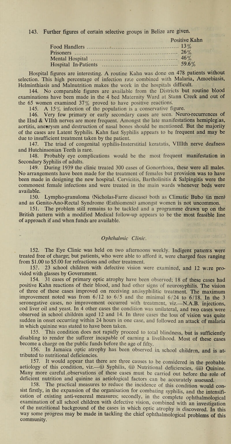 143. Further figures of certain selective groups in Belize are given. Positive Kahn Food Handlers... 13% Prisoners . 26% Mental Hospital . 46% Hospital In-Patients . 59.6% Hospital figures are interesting. A routine Kahn was done on 478 patients without selection. This high percentage of infection rate combined with Malaria, Amoebiasis, Helminthiasis and Malnutrition makes the work in the hospitals difficult. 144. No comparable figures are available from the Districts but routine blood examinations have been made in the 4 bed Maternity Ward at Stann Creek and out of the 65 women examined 37% proved to have positive reactions. 145. A 15% infection of the population is a conservative figure. 146. Very few primary or early secondary cases are seen. Neuro-recurrences of the Ilnd & Vllth nerves are more frequent. Amongst the late manifestations hemiplegias, aortitis, aneurysm and destruction of nasal bones should be mentioned. But the majority of the cases are Latent Syphilis. Kahn fast Syphilis appears to be frequent and may be due to insufficient treatment taken by the patient. 147. The triad of congenital syphilis-Insterstitial keratatis, VUIth nerve deafness and Hutchinsonian Teeth is rare. 148. Probably eye complications would be the most frequent manifestation in Secondary Syphilis of adults. 149. During 1939 the clinic treated 300 cases of Gonorrhoea, these were all males. No arrangements have been made for the treatment of females but provision was to have been made in designing the new hospital. Cervicitis, Bartholinitis & Salpingitis were the commonest female infections and were treated in the main wards whenever beds were available. 150. Lympho-granuloma (Nicholas-Farre disease) both as Climatic Bubo (in men) and as Genito-Ano-Rectal Syndrome (Esthiomene) amongst women is not uncommon. 151. The problem still remains to be tackled and a programme drawn up on the British pattern with a modified Medical follow-up appears to be the most feasible line of approach if and when funds are available. Ophthalmic Clinic. 152. The Eye Clinic was held on two afternoons weekly. Indigent patients were treated free of charge; but patients, who were able to afford it, were charged fees ranging from $1.00 to $5.00 for refractions and other treatment. 15?. 23 school children with defective vision were examined, and 12 were pro¬ vided v/ith glasses by Government. 154. 31 cases of primary optic atrophy have been observed; 18 of these cases had positive Kahn reactions of their blood, and had other signs of neurosyphilis. The vision of three of these cases improved on receiving antisyphilitic treatment. The maximum improvement noted was from 6/12 to 6/5 and the minimal 6/24 to 6/18. In the 3 seronegative cases, no improvement occurred with treatment, viz.—N.A.B. injections, cod liver oil and yeast. In 4 other cases the condition was unilateral, and two cases were observed in school children aged 12 and 14. In three cases the loss of vision was quite sudden in onset occurring within 24 hours in one case, and followed an attack of malaria in which quinine was stated to have been taken. 155. This condition does not rapidly proceed to total blindness, but is sufficiently disabling to render the sufferer incapable of earning a livelihood. Most of these cases become a charge on the public funds before the age of fifty. 156. In Jamaica optic atrophy has been observed in school children, and is at¬ tributed to nutritional deficiencies. 157. It would appear that there are three causes to be considered in the probable aetiology of this condition, viz.—(i) Syphilis, (ii) Nutritional deficiencies, (iii) Quinine. Many more careful observations of these cases must be carried out before the role of deficient nutrition and quinine as aetiological factors can be accurately assessed. 158. The practical measures to reduce the incidence of this condition would con¬ sist firstly, in the expansion of the organisation for combating syphilis, and the intensifi¬ cation of existing anti-venereal measures; secondly, in the complete ophthalmological examination of all school children with defective vision, combined with an investigation of the nutritional background of the cases in which optic atrophy is discovered. In this way some progress may be made in tackling the chief ophthalmological problems of this community.