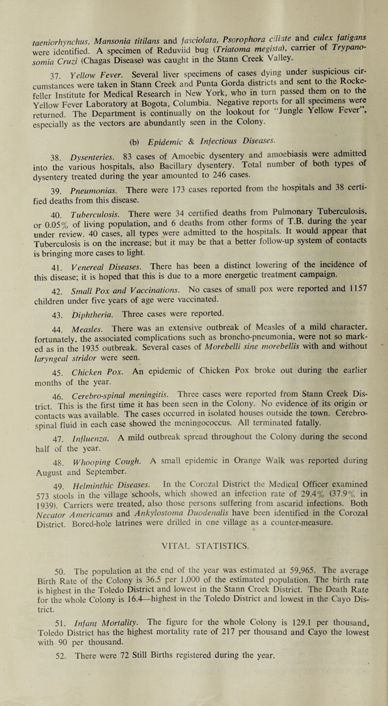 taeniorhynchus, Mansonia titilans and jasciolata, Pscrophora ciliate and culex fatigans were identified. A specimen of Reduviid bug (Triatoma me gist a), carrier of Trypano- somia Cruzi (Chagas Disease) was caught in the Stann Creek Valley. 37. Yellow Fever. Several liver specimens of cases dying under suspicious cir¬ cumstances were taken in Stann Creek and Punta Gorda districts and sent to the Rocke¬ feller Institute for Medical Research in New York, who in turn passed them on to the Yellow Fever Laboratory at Bogota, Columbia. Negative reports for all specimens were returned. The Department is continually on the lookout for Jungle Yellow Fever , especially as the vectors are abundantly seen in the Colony. (b) Epidemic & Infectious Diseases. 38. Dysenteries. 83 cases of Amoebic dysentery and amoebiasis were admitted into the various hospitals, also Bacillary dysentery. Total number of both types of dysentery treated during the year amounted to 246 cases. 39. Pneumonias. There were 173 cases reported from the hospitals and 38 certi¬ fied deaths from this disease. 40. Tuberculosis. There were 34 certified deaths from Pulmonary Tuberculosis, or 0.05% of living population, and 6 deaths from other forms of T.B. during the year under review. 40 cases, all types were admitted to the hospitals. It would appear that Tuberculosis is on the increase; but it may be that a better follow-up system of contacts is bringing more cases to light. 41. Venereal Diseases. There has been a distinct lowering of the incidence of this disease; it is hoped that this is due to a more energetic treatment campaign. 42. Small Pox and Vaccinations. No cases of small pox were reported and 1157 children under five years of age were vaccinated. 43. Diphtheria. Three cases were reported. 44. Measles. There was an extensive outbreak of Measles of a mild character, fortunately, the associated complications such as broncho-pneumonia, were not so mark¬ ed as in the 1935 outbreak. Several cases of Morebelli sine morebellis with and without laryngeal stridor were seen. 45. Chicken Pox. An epidemic of Chicken Pox broke out during the earlier months of the year. 46 Cerebrospinal meningitis. Three cases were reported from Stann Creek Dis¬ trict This is the first time it has been seen in the Colony. No evidence of its origin or contacts was available. The cases occurred in isolated houses outside the town. Cerebro¬ spinal fluid in each case showed the meningococcus. All terminated fatally. 47 Influenza. A mild outbreak spread throughout the Colony during the second half of the year. 48. Whooping Cough. A small epidemic in Orange Walk was reported during August and September. 49. Helminthic Diseases. In the Corczal District the Medical Officer examined 573 stools in the village schools, which showed an infection rate of 29.4% (37.9% in 1939). Carriers were treated, also those persons suffering from ascarid infections. Both Necator Americanus and Ankylostoma Duodenalis have been identified in the Corozal District. Bored-hole latrines were drilled in one village as a counter-measure. VITAL STATISTICS. 50. The population at the end of the year was estimated at 59,965. The average Birth Rate of the Colony is 36.5 per 1,000 of the estimated population. The birth rate is highest in the Toledo District and lowest in the Stann Creek District. The Death Rate for the whole Colony is 16.4—highest in the Toledo District and lowest in the Cayo Dis¬ trict. 51. Infant Mortality. The figure for the whole Colony is 129.1 per thousand, Toledo District has the highest mortality rate of 217 per thousand and Cayo the lowest with 90 per thousand.