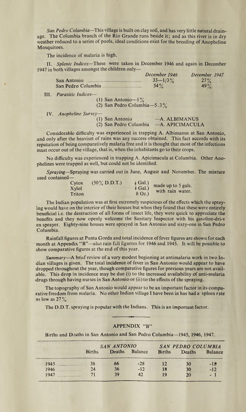 San Pedro Columbia—This village is built on clay soil, and has very little natural drain¬ age. The Columbia branch of the Rio Grande runs beside it; and as this river is in dry weather reduced to a series of pools, ideal conditions exist for the breeding of Anopheline Mosquitoes. The incidence of malaria is high. II. Splenic Indices—These were taken in December 1946 and again in December 1947 in both villages amongst the children only— December 1946 December 1947 San Antonio . 33—1/3% 27% San Pedro Columbia. 54 % 49 % III. Parasitic Indices— (1) San Antonio—1 % (2) San Pedro Columbia—5.3 % IV. Anopheline Survey— (1) San Antonio —A. ALBIMANUS (2) San Pedro Columbia —A. APICIMACULA Considerable difficulty was experienced in trapping A. Albimanus at San Antonio, and only after the heaviset of rains was any success obtained. This fact accords with its reputation of being comparatively malaria free and it is thought that most of the infections must occur out of the village, that is, when the inhabitants go to their crops. No difficulty was experienced in trapping A. Apicimacula at Columbia. Other Ano phelines were trapped as well, but could not be identified. Spraying—Spraying was carried out in June, August and November. The mixture used contained— Cytox (50% D.D.T.) * Gal.) d 5 , Xylol I Gal.) made up to 5 gals. 0 ~ ; with rain water. Triton 8 Oz.) The Indian population was at first extremely suspicious of the effects which the spray¬ ing would have on the interior of their houses but when they found that these were entirely beneficial i.e. the destruction of all forms of insect life, they were quick to appreciate the benefits and they now openly welcome the Sanitary Inspector with his gasoline-dri-v en sprayer. Eighty-nine houses were sprayed in San Antonio and sixty-one in San Pedro Columbia. Rainfall figures at Punta Gorda and total incidence of fever figures are shown for each month at Appendix “B”—also rain fall figurres for 1946 and 1945. It will be possible to show comparative figures at the end of this year. Summary—A brief review of a very modest beginning at antimalaria work in two In¬ dian villages is given. The total incidence of fever in San Antonio would appear to have dropped throughout the year, though comparative figures for previous years are not avail¬ able. This drop in incidence may be due (i) to the increased availability of anti-malaria -drugs through having nurses in San Antonio or (ii)to the effects of the spraying. The topography of San Antonio would appear to be an important factor in its compa¬ rative freedom from malaria. No other Indian village I have been in has had a spleen r3te as low as 27 %. The D.D.T. spraying is popular with the Indians. This is an important factor. APPENDIX “B” Births and Deaths in San Antonio and San Pedro Columbia—1945, 1946, 1947. SAN ANTONIO SAN PEDRO COLUMBIA Births Deaths Balance Births Deaths Balance 1945 . 38 66 -28 12 30 -lfr 1946 24 36 -12 18 30 -12