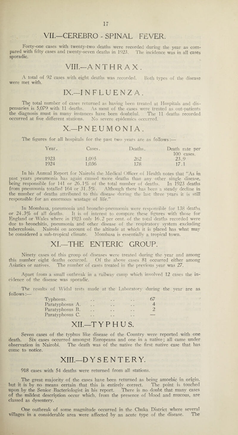 VII.—CEREBRO - SPINAL FEVER. Forty-one cases with twenty-two deaths were recorded during the year as com¬ pared with fifty cases and twenty-seven deaths in 1923. The incidence was in all cases sporadic. VIII. —A N T H R A X . A total of 92 cases with eight deaths was recorded. Both types of the disease were met with. IX. —I NFLUENZA. The total number of cases returned as having been treated at Hospitals and dis¬ pensaries is 5,079 with 11 deaths. As most of the cases were treated as out-patients the diagnosis must in many instances have been doubtful. The 11 deaths recorded occurred at five different stations. No severe epidemics occurred. X. —P NEUMONIA. The figures for all hospitals for the past two years are as follows:— Year. Cases. Deaths. Death rate per 100 cases. 1923 1,095 262 23.9 1924 1,036 178 17.1 In his Annual Report for Nairobi the Medical Officer of Health notes that “As in past years pneumonia has again caused more deaths than any other single disease, being responsible for 141 or 26.1% of the total number of deaths. In 1923 deaths from pneumonia totalled 164 or 31.5%. Although there has been a steady decline in the number of deaths attributed to this disease during the last three years it is still responsible for an enormous wastage of life.” In Mombasa, pneumonia and broncho-pneumonia were responsible for 138 deaths or 24.3% of all deaths. It is of interest to compare these figures with those for England or Wales where in 1923 only 16.2 per cent, of the total deaths recorded were due to bronchitis, pneumonia and other disease of the respiratory system excluding tuberculosis. Nairobi on account of the altitude at which it is placed has what may be considered a sub-tropical climate. Mombasa is essentiallv a tropical town. XI.—THE ENTERIC GROUP. Ninety cases of this group of diseases were treated during the year and among this number eight deaths occurred. Of the above cases 81 occurred either among Asiatics or natives. The number of cases treated in the previous year was 27. Apart from a small outbreak in a railway camp which involved 12 cases the in¬ cidence' of the disease was sporadic. The results of Widal tests made at the Laboratory during the year are as follows:— Typhosus. Paratyphosus A. Paratyphosus B. Paratyphosus C. XII.—T Y P H u s. Seven cases of the typhus like disease of the Country were reported with one death. Six cases occurred amongst Europeans and one in a native; all came under observation in Nairobi. The death was of the native the first native case that has come to notice. 67 4 2 XIII.—DYSENTERY. 918 cases with 54 deaths were returned from all stations. The great majority of the cases have been returned as being amoebic in origin, but it is by no means certain that this is entirely correct. The point is touched upon by the Senior Bacteriologist in his report. There is no doubt that many cases of the mildest description occur which, from the presence of blood and mucous, are classed as dysentery. One outbreak of some magnitude occurred in the Chuka District where several villages in a considerable area were affected by an acute type of the disease. The